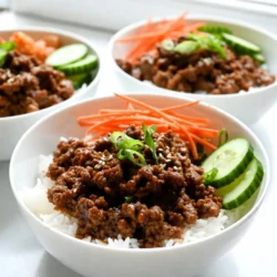 Für diese leckeren Korean Ground Beef Bowls brauchst du einige Hauptzutaten: - 450 g Rinderhackfleisch - 250 g gekochter Reis (weiß oder braun) - 1 Karotte, julienniert - 1 Gurke, dünn geschnitten - 2 Frühlingszwiebeln, in Ringe geschnitten Das Rinderhackfleisch ist der Star dieses Gerichts. Es ist saftig und nimmt die Aromen gut auf. Der Reis dient als Basis und macht die Schüssel sättigend. Karotten und Gurken bringen Frische und Crunch. Die Marinade ist der Schlüssel zu einem vollen Geschmack. Du benötigst: - 3 Esslöffel Sojasauce - 1 Esslöffel Sesamöl - 2 Esslöffel brauner Zucker - 4 Knoblauchzehen, fein gehackt - 1 Esslöffel Ingwer, fein gehackt - 1 Esslöffel Gochujang (koreanische Chilipaste) - 1/2 Teelöffel schwarzer Pfeffer Diese Mischung sorgt für eine süß-würzige Note. Der Knoblauch und der Ingwer bringen Tiefe. Gochujang fügt eine angenehme Schärfe hinzu. Du kannst die Marinade nach deinem Geschmack anpassen. Um deine Schalen zu vervollständigen, kannst du einige Beilagen und Garnierungen hinzufügen: - Sesamsamen zum Garnieren - Optional: Kimchi zum Servieren Sesamsamen geben einen nussigen Crunch. Kimchi bringt einen tollen, scharfen Kontrast. Du kannst auch andere Gemüse oder Nüsse verwenden, um die Schalen zu variieren. {{ingredient_image_2}} Zuerst mische ich die Sojasauce, das Sesamöl und den braunen Zucker in einer Schüssel. Dann füge ich den fein gehackten Knoblauch und Ingwer hinzu. Jetzt ist die Gochujang dran, gefolgt von etwas schwarzem Pfeffer. Mit einem Schneebesen rühre ich alles gut um. Die Marinade sollte gleichmäßig und gut vermischt sein. In einer großen Pfanne erhitze ich etwas Öl bei mittlerer Hitze. Ich gebe das Rinderhackfleisch hinein und zerbrösel es mit einem Holzlöffel. Nach etwa 5 bis 7 Minuten ist das Fleisch durchgegart und hat eine schöne Bräune. Jetzt gieße ich das überschüssige Fett ab. Dann kommt die vorbereitete Marinade über das Fleisch. Ich rühre alles gut durch und lasse es 2 bis 3 Minuten köcheln. Um die Schalen zu machen, gebe ich zuerst eine Portion gekochten Reis hinein. Dann löffele ich die Mischung aus Rinderhackfleisch gleichmäßig über den Reis. Jetzt sind die juliennierten Karotten, die geschnittene Gurke und die Frühlingszwiebeln dran. Zum Schluss bestreue ich alles mit Sesamsamen. Optional serviere ich Kimchi dazu. Um die Marinade perfekt zu machen, beginne mit der richtigen Mischung. Die Sojasauce gibt einen salzigen Geschmack. Das Sesamöl fügt Tiefe hinzu. Der braune Zucker sorgt für Süße. Vermenge diese Zutaten gut. Schlage sie mit einem Schneebesen, bis sie glatt sind. Achte darauf, dass die Gochujang gleichmäßig verteilt ist. Das macht die Marinade würzig und lecker. Brate das Rinderhackfleisch in einer großen Pfanne auf mittlerer Hitze. Zerkleinere das Fleisch mit einem Holzlöffel. So wird es gleichmäßig gegart. Brate es etwa 5 bis 7 Minuten, bis es schön bräunt. Achte darauf, das überschüssige Fett abzugießen. Das lässt das Gericht leichter schmecken. Füge dann die Marinade hinzu. Rühre gut um, damit die Aromen in das Fleisch eindringen. Die Präsentation macht das Essen noch leckerer. Beginne mit einer Portion Reis in der Schale. Löffle dann das Rinderhackfleisch darauf. Füge die Karotten und Gurken hinzu. Die bunten Farben sehen toll aus. Streue Sesamsamen darüber für zusätzlichen Crunch. Optional kannst du Kimchi an die Seite legen. Das gibt einen tollen Geschmack und macht das Gericht noch aufregender. Pro Tipps Frisches Gemüse: Verwenden Sie frisches Gemüse für die Garnitur, um den Geschmack und die Textur zu verbessern. Reis-Variationen: Experimentieren Sie mit verschiedenen Reisarten wie Jasmin- oder Basmati-Reis für zusätzlichen Geschmack. Gochujang-Anpassung: Passen Sie die Menge an Gochujang an, je nach gewünschter Schärfe des Gerichts. Marinade ziehen lassen: Lassen Sie die Marinade vor der Verwendung einige Minuten ruhen, um die Aromen zu intensivieren. {{image_4}} Koreanische Rinderhackfleischschalen sind köstlich, aber du kannst auch andere Proteine verwenden. Du kannst Hähnchenhackfleisch oder Tofu ausprobieren. - Hähnchenhackfleisch hat einen milden Geschmack und passt gut zu den Aromen. - Tofu ist eine tolle vegane Option. Es nimmt die Marinade gut auf. Beide Optionen sind einfach zuzubereiten und bieten Abwechslung. Du kannst viele verschiedene Gemüsesorten in deine Schalen packen. Gemüse bringt Farbe und Nährstoffe. - Brokkoli ist knackig und passt gut. - Zucchini kann in dünne Scheiben geschnitten werden. - Paprika fügt Süße und Farbe hinzu. Experimentiere mit deinen Lieblingsgemüsesorten. So machst du das Gericht noch interessanter. Gochujang gibt den Schalen eine tolle Schärfe. Wenn du es milder magst, reduziere die Menge. - Verwende einen halben Esslöffel, um die Schärfe zu verringern. - Du kannst auch etwas Honig hinzufügen, um die Schärfe auszugleichen. So bekommst du genau den Geschmack, den du magst. Wenn du Reste der Korean Ground Beef Bowls hast, lagere sie in einem luftdichten Behälter. So bleiben die Aromen frisch. Lass die Mischung zuerst auf Raumtemperatur abkühlen. Danach kannst du sie in den Kühlschrank stellen. Die Reste sind eine tolle Option für ein schnelles Mittagessen oder Abendessen. Um die Bowls aufzuwärmen, benutze eine Pfanne oder die Mikrowelle. In der Pfanne erhitzt du die Mischung bei mittlerer Hitze. Rühre ständig um, damit nichts anbrennt. In der Mikrowelle erwärmst du die Portionen in 30-Sekunden-Intervallen. Rühre dazwischen um, bis alles heiß ist. So bleibt das Fleisch saftig und der Reis locker. Die Korean Ground Beef Bowls halten sich im Kühlschrank bis zu drei Tage. Achte darauf, die Reste gut zu verpacken. Nach drei Tagen könnte der Geschmack nachlassen. Wenn du dir nicht sicher bist, rieche daran oder schau nach, ob sich etwas verändert hat. Sicherheit geht vor! Du kannst verschiedene Fleischsorten verwenden. Zum Beispiel funktioniert Hähnchenhackfleisch gut. Auch Tofu oder Tempeh sind tolle Optionen für eine vegetarische Variante. Beide sind proteinreich und nehmen die Marinade gut auf. Die Schärfe hängt von der Menge Gochujang ab. Ein Esslöffel sorgt für milde Schärfe. Wenn du es schärfer magst, füge mehr hinzu. Du kannst auch die Schärfe durch weniger Gochujang anpassen. So kannst du das Gericht nach deinem Geschmack gestalten. Ja, die Marinade kannst du leicht im Voraus machen. Mische die Sojasauce, Sesamöl, Zucker, Knoblauch, Ingwer, Gochujang und Pfeffer. Bewahre sie in einem luftdichten Behälter im Kühlschrank auf. So sparst du Zeit, wenn du das Gericht zubereitest. Zusammenfassend haben wir die wichtigen Zutaten für Korean Ground Beef Bowls und ihre Zubereitung betrachtet. Ich habe dir gezeigt, wie du die Marinade perfekt machst, das Rinderhackfleisch brätst und die Schalen anrichtest. Die Tipps helfen dir, eine tolle Konsistenz zu erreichen. Variationen bieten viele Möglichkeiten, um das Gericht anzupassen. Vergiss nicht, die Reste richtig zu lagern. Experimentiere und finde deinen perfekten Geschmack. So wird jedes Mal das Essen zu einem Genuss. Bereite dich auf viel Freude beim Kochen vor!
