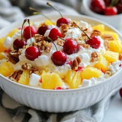 Für einen leckeren Kirschenfluff-Salat brauchst du: - 1 Dose (425 g) Kirschkuchenfüllung - 1 Dose (225 g) zerdrückte Ananas, abgetropft - 1 Tasse Mini-Marshmallows - 1 Tasse Schlagsahne (z. B. Cool Whip) - ½ Tasse Hüttenkäse - ½ Tasse gehackte Pekannüsse oder Walnüsse (optional) - ½ Teelöffel Mandelextrakt Diese Zutaten ergeben eine fruchtige und cremige Mischung, die perfekt für jeden Anlass ist. Falls du einige Zutaten nicht hast, gibt es gute Alternativen: - Anstelle von Kirschkuchenfüllung kannst du Himbeerfüllung verwenden. - Zerdrückte Pfirsiche sind eine gute Wahl für die Ananas. - Statt Mini-Marshmallows kannst du normale Marshmallows klein schneiden. - Für die Schlagsahne kannst du auch eine pflanzliche Version nutzen. - Wenn du keinen Hüttenkäse magst, probiere griechischen Joghurt. - Anstelle von Nüssen kannst du Sonnenblumenkerne verwenden, wenn du eine nussfreie Version möchtest. Diese Alternativen machen das Rezept flexibel und anpassbar. Die Nährwerte können je nach Zutaten variieren, aber hier sind ungefähre Werte pro Portion (bei 8 Portionen): - Kalorien: 150 - Fett: 6 g - Kohlenhydrate: 22 g - Eiweiß: 2 g - Zucker: 10 g Diese Zahlen geben dir eine gute Idee, was du in deinem Kirschenfluff-Salat hast. Er ist süß, cremig und bleibt dabei leicht. {{ingredient_image_2}} Zuerst öffne die Dose Kirschkuchenfüllung. Gieße sie in eine große Rührschüssel. Dann öffne die Dose zerdrückte Ananas und lasse den Saft abtropfen. Gib die Ananas zu den Kirschen. Rühre die Mischung vorsichtig, bis sie gut vermischt ist. Achte darauf, dass du nicht zu fest rührst, damit die Kirschen ganz bleiben. In einer anderen Schüssel gib die Schlagsahne hinein. Du kannst Cool Whip verwenden, das ist einfach und lecker. Füge den Hüttenkäse hinzu. Rühre die beiden Zutaten zusammen, bis die Mischung glatt ist. Achte darauf, keine Klumpen zu haben. Diese Mischung bringt Cremigkeit in den Salat. Jetzt ist es Zeit, alles zusammenzuführen. Gieße die Schlagsahne-Hüttenkäse-Mischung in die Schüssel mit den Kirschen und der Ananas. Hebe die Mischung sanft unter. Füge dann die Mini-Marshmallows hinzu. Diese geben dem Salat eine süße Note. Wenn du magst, kannst du auch gehackte Pekannüsse oder Walnüsse hinzufügen. Zum Schluss füge den Mandelextrakt hinzu und rühre alles vorsichtig um. Lass den Kirschenfluff-Salat für mindestens eine Stunde im Kühlschrank. So können sich die Aromen gut entfalten. Um den perfekten Kirschenfluff-Salat zu machen, achte auf die Zutaten. Verwende frische, gute Qualität. Wenn du die Ananas abtropfst, drücke sie gut aus. So bleibt der Salat nicht matschig. Mische die Marshmallows vorsichtig, damit sie ganz bleiben. Wenn du die Schlagsahne und den Hüttenkäse mischst, rühre langsam. So bleibt die Mischung luftig. Die Kühlung ist wichtig für den Geschmack. Stelle den Salat mindestens eine Stunde in den Kühlschrank. Dadurch vermischen sich die Aromen gut. Wenn du ihn länger kühlen kannst, ist das noch besser. Dein Salat bleibt frisch und lecker. Vergiss nicht, den Kirschenfluff-Salat abgedeckt zu lassen. So bleibt er kühl und nimmt keine anderen Gerüche an. Die Präsentation macht viel aus. Serviere den Salat in einer schönen Schüssel. Garnier jede Portion mit frischen Kirschen. Ein Klecks Schlagsahne oben drauf sieht toll aus. Du kannst auch einige gehackte Nüsse darüber streuen. Das gibt einen schönen Crunch. Experimentiere mit verschiedenen Schalen, um den Salat noch ansprechender zu machen. Pro Tipps Frische Zutaten verwenden: Verwenden Sie frische Kirschen anstelle von Konserven, um den Geschmack Ihres Salats zu verbessern. Kühlen für besseres Aroma: Stellen Sie sicher, dass Sie den Salat ausreichend kühlen, um die Aromen vollständig zu entfalten. Variationen ausprobieren: Experimentieren Sie mit verschiedenen Nüssen oder Früchten, um den Salat nach Ihrem Geschmack anzupassen. Vorbereitung im Voraus: Bereiten Sie den Salat am Vortag zu, damit er über Nacht im Kühlschrank durchziehen kann. {{image_4}} Wenn du keine Nüsse magst oder Allergien hast, ist die nussfreie Variante perfekt. Du kannst die gehackten Pekannüsse oder Walnüsse einfach weglassen. Der Salat bleibt lecker und frisch. Die Kombination von Kirschen und Ananas sorgt für einen tollen Geschmack. Du kannst auch andere knusprige Zutaten wie Sonnenblumenkerne hinzufügen. Diese bringen eine schöne Textur, ohne Nüsse zu verwenden. Fruchtvariationen machen den Kirschenfluff-Salat noch spannender. Du kannst verschiedene Früchte ausprobieren. Statt Ananas kannst du z.B. Pfirsiche oder Mangos verwenden. Diese Früchte passen gut zu den Kirschen. Eine andere Idee ist, frische Beeren wie Erdbeeren oder Himbeeren hinzuzufügen. Diese geben dem Salat eine schöne Farbe und zusätzlichen Geschmack. Sei kreativ mit den Früchten, die du magst! Für eine vegane Version des Kirschenfluff-Salats tausche die Schlagsahne und den Hüttenkäse aus. Verwende pflanzliche Schlagsahne und veganen Quark oder Soja-Joghurt. Das gibt dem Salat eine ähnliche cremige Textur. Auch die Mini-Marshmallows gibt es in veganer Form. Achte darauf, dass alle Zutaten pflanzlich sind. So kannst du diesen köstlichen Salat genießen, ohne tierische Produkte zu verwenden. Um deinen Cherry Fluff Salad frisch zu halten, lagere ihn im Kühlschrank. Du kannst ihn in einer luftdichten Schüssel aufbewahren. So bleibt er kühl und lecker. Es empfiehlt sich, den Salat mit Frischhaltefolie abzudecken. Das hilft, den Geschmack zu bewahren. Cherry Fluff Salad hält sich gut im Kühlschrank. Er bleibt bis zu fünf Tage frisch. Wenn du ihn länger aufbewahrst, kann die Textur leiden. Die Marshmallows können weich werden. Deshalb genieße ihn am besten frisch oder innerhalb von ein paar Tagen. Ich empfehle nicht, Cherry Fluff Salad einzufrieren. Das Einfrieren verändert die Textur der Zutaten. Die Frucht und die Schlagsahne können beim Auftauen wässrig werden. Wenn du Reste hast, lagere sie einfach im Kühlschrank. So bleibt der Salat am besten genießbar. Ja, du kannst Cherry Fluff Salad im Voraus machen. Dies spart Zeit, besonders wenn du Gäste hast. Bereite den Salat bis zu 24 Stunden vorher zu. Kühl ihn gut, damit die Aromen sich entfalten. So schmeckt er noch besser! Cherry Fluff Salad passt gut zu vielen Gerichten. Serviere ihn mit gegrilltem Hähnchen oder Schweinekoteletts. Auch ein BBQ-Buffet macht ihn zum Hit. Du kannst ihn auch als Dessert zu einer Grillparty anbieten. Die Frische des Salats ergänzt herzhaftes Essen perfekt. Du kannst viele andere Früchte hinzufügen. Erdbeeren, Himbeeren und Bananen passen lecker dazu. Auch Trauben oder Pfirsiche sind eine tolle Wahl. Experimentiere mit verschiedenen Früchten, um deinen eigenen Twist zu finden. So wird der Salat immer spannend und neu. Dieser Blogbeitrag gab Ihnen alle Zutaten und Anleitungen für den Cherry Fluff Salad. Sie erfuhren, wie Sie die Fruchtbasis zubereiten und die Komponenten mischen. Ich teilte auch Tipps, um Fehler zu vermeiden und den Salat optimal zu kühlen. Dazu fanden Sie Variationen, um den Salat anzupassen, und Informationen zur Lagerung. Die Zubereitung dieses Salats ist einfach und macht Spaß. Probieren Sie ihn aus und genießen Sie die frischen Aromen!