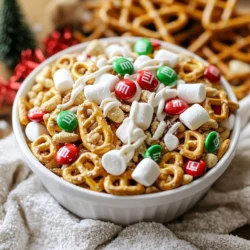 Um den perfekten Santa Crunch Snack Mix zu machen, brauchst du einige Hauptzutaten: - 2 Tassen Cheerios - 2 Tassen Salzbrezeln - 1 Tasse geröstete, ungesalzene Erdnüsse - 1 Tasse M&Ms (rote und grüne für den festlichen Look) - 1 Tasse Mini-Marshmallows - 1 Tasse weiße Schokoladenstückchen - 1 Teelöffel Zimt - 1/4 Tasse Ahornsirup - 1/4 Teelöffel Meersalz Diese Zutaten bringen eine tolle Mischung aus Süße und Salzigkeit. Cheerios und Salzbrezeln sorgen für den Crunch. Die Erdnüsse fügen einen nussigen Geschmack hinzu. M&Ms bringen Farbe und Süße. Marshmallows machen alles weich und lecker. Die weiße Schokolade und der Zimt runden das Aroma perfekt ab. Falls du etwas anderes probieren willst, gibt es viele optionale Zutaten: - Getrocknete Früchte wie Cranberries oder Rosinen - Verschiedene Nüsse wie Mandeln oder Cashews - Schokoladenstückchen in verschiedenen Geschmacksrichtungen, wie Milchschokolade oder Zartbitter Diese Extras machen den Snack Mix noch bunter und geschmackvoller. Du kannst die Zutaten anpassen, je nach deinem persönlichen Geschmack oder dem deiner Gäste. Achte beim Kauf der Zutaten auf Qualität. Wähle frische Nüsse und knackige Brezeln. Achte auch auf die M&Ms. Sie sollten leuchtend und nicht verblasst sein. Die weißen Schokoladenstückchen sollten glatt und glänzend wirken. Wenn du die Zutaten kaufst, denke an die Jahreszeit. Einige Zutaten sind in den Feiertagen leichter zu finden. Das macht deinen Snack Mix noch festlicher und schöner. {{ingredient_image_2}} Zuerst brauchst du alle Zutaten. Messen ist wichtig, damit die Mischung gut wird. Hier sind die Zutaten, die du benötigst: - 2 Tassen Cheerios - 2 Tassen Salzbrezeln - 1 Tasse geröstete, ungesalzene Erdnüsse - 1 Tasse M&Ms (rot und grün) - 1 Tasse Mini-Marshmallows - 1 Tasse weiße Schokoladenstückchen - 1 Teelöffel Zimt - 1/4 Tasse Ahornsirup - 1/4 Teelöffel Meersalz Sammle alles in einer großen Schüssel. So hast du einen guten Überblick. Nimm nun einen kleinen Topf und stelle ihn auf den Herd. Stelle die Hitze auf niedrig. Füge die weißen Schokoladenstückchen in den Topf. Rühre ständig mit einem Holzlöffel. So wird die Schokolade glatt und bleibt nicht am Topf kleben. Wenn die Schokolade geschmolzen ist, gib den Ahornsirup und den Zimt dazu. Rühre alles gut um. Diese Mischung gibt dem Snack Mix einen tollen Geschmack. Heize zuerst deinen Ofen auf 175°C vor. Das ist wichtig, damit der Snack Mix gleichmäßig röstet. Wenn die Schokolade gut gemischt ist, gieße sie über die trockenen Zutaten in der großen Schüssel. Rühre vorsichtig, damit alles gut bedeckt wird. Lege ein Backblech mit Backpapier aus. Verteile die Mischung gleichmäßig auf dem Blech. Bestreue die Oberfläche mit dem Meersalz. Jetzt kommt der spannende Teil! Backe die Mischung für 10-12 Minuten. Denk daran, sie zur Hälfte der Zeit umzuschwenken. So wird alles schön knusprig. Sobald sie fertig ist, nimm das Blech aus dem Ofen. Lass die Mischung vollständig abkühlen. Dann kannst du sie in kleine Stücke zerbrechen. Jetzt hast du einen tollen Snack für die Feiertage! Ein häufiger Fehler beim Snack Mix ist, die Zutaten nicht gut zu vermischen. Wenn du die trockenen Zutaten nicht gleichmäßig mischst, bekommst du keine gleichmäßige Verteilung der Aromen. Achte darauf, die Mischung gründlich zu rühren. Ein weiterer Fehler ist das Überbacken. Wenn du den Snack zu lange im Ofen lässt, wird er hart. Halte die Backzeit im Auge und schau regelmäßig nach. Um den Snack perfekt zu rösten, heize deinen Ofen immer vor. Das sorgt für eine gleichmäßige Röstung. Verteile die Mischung gleichmäßig auf dem Blech. Wenn du sie zu dicht packst, wird sie nicht knusprig. Wende die Mischung zur Hälfte der Backzeit. So wird alles gleichmäßig goldbraun. Lasse den Snack nach dem Backen komplett abkühlen. Das hilft, die Knusprigkeit zu bewahren. Für eine festliche Note kannst du den Snack Mix mit bunten Weihnachtsstreuseln garnieren. Du kannst auch essbare Glitzer verwenden, um ihn funkeln zu lassen. Serviere den Mix in schönen Schalen oder Treatbags. Einfarbige Bänder machen die Präsentation festlicher. Du kannst auch frische Minzblätter oder kleine Weihnachtsfiguren als Dekoration hinzufügen. Pro Tipps Verwende verschiedene Nüsse: Experimentiere mit verschiedenen Nüssen wie Mandeln oder Cashews für zusätzliche Textur und Geschmack. Vorsicht mit dem Zimt: Achte darauf, nicht zu viel Zimt hinzuzufügen, da er den Geschmack überdecken kann. Beginne mit weniger und passe nach Geschmack an. Abkühlzeit wichtig: Lass die Mischung vollständig abkühlen, bevor du sie zerbrichst, damit sie in schönen Clustern bleibt. Geschenkidee: Verpacke den Snack in dekorativen Tüten als Geschenk für Freunde und Familie während der Feiertage. {{image_4}} Du kannst den Santa Crunch Snack Mix gesünder gestalten. Ersetze die M&Ms durch Trockenfrüchte. Rosinen oder Cranberries bringen Süße und Farbe. Nutze auch ungesalzene Nüsse. Walnüsse oder Mandeln sind tolle Optionen. Die Mini-Marshmallows kannst du weglassen oder durch gefriergetrocknete Früchte ersetzen. So bleibt der Snack knackig und lecker. Lass deiner Kreativität freien Lauf und probiere neue Geschmäcker aus. Füge Gewürze wie Muskat oder Ingwer hinzu. Diese geben dem Mix eine besondere Note. Du kannst auch verschiedene Schokoladen nutzen. Dunkle Schokolade hat einen tollen, reichen Geschmack. Für einen Hauch von Salz kannst du gesalzene Erdnüsse verwenden. Experimentiere mit verschiedenen Kombinationen, um deinen perfekten Mix zu finden. Es ist wichtig, auf Allergien zu achten. Anstelle von Erdnüssen kannst du Cashewkerne oder Sonnenblumenkerne verwenden. Wenn jemand Nüsse nicht mag, lass sie einfach weg. Für glutenfreie Optionen wähle glutenfreie Brezeln. Achte auch darauf, dass die Schokolade ohne Milch ist, wenn du vegan bleibst. So kann jeder den Snack genießen, ohne sich Sorgen zu machen. Um deinen Santa Crunch Snack Mix frisch zu halten, lagere ihn in einem luftdichten Behälter. So bleibt er knusprig und lecker. Vermeide es, ihn in einer feuchten Umgebung zu lagern. Wenn du deinen Snack Mix länger aufbewahren möchtest, friere ihn ein. Verwende einen gefrierfesten Beutel oder Behälter. So bleibt der Mix bis zu drei Monate frisch. Zum Auftauen lasse ihn einfach bei Raumtemperatur stehen. Der beste Ort für deinen Snack Mix ist in der Küche. Ein Schrank oder eine Speisekammer ist ideal. Halte ihn fern von direkter Sonneneinstrahlung und Wärmequellen. So bleibt der Snack Mix immer bereit für festliche Momente. Der Santa Crunch Snack Mix bleibt frisch für etwa zwei bis drei Wochen. Du solltest ihn in einem luftdichten Behälter aufbewahren. So bleibt er knusprig und lecker. Wenn du ihn im Kühlschrank lagerst, kann er länger halten. Aber das ist nicht nötig, wenn du ihn schnell aufessen kannst! Ja, du kannst andere Nüsse verwenden! Mandeln, Cashews oder Walnüsse sind tolle Alternativen. Achte darauf, dass sie ungesalzen sind, um den Geschmack nicht zu überdecken. Experimentiere mit verschiedenen Nussarten, um deinen eigenen Twist zu finden. Es gibt viele Wege, um deinen Snack Mix zu personalisieren. Du kannst andere Süßigkeiten wie Schokoladenstückchen oder Trockenfrüchte hinzufügen. Probiere verschiedene Gewürze, wie Muskat oder Vanille. Du kannst auch die Farben der M&Ms ändern, um ihn für verschiedene Feiertage anzupassen! Der Santa Crunch Snack Mix bietet eine köstliche Mischung aus Aromen und Texturen. Wir haben die besten Zutaten, Tipps zur Zubereitung und schmackhafte Varianten erkundet. Achte darauf, frische Zutaten zu wählen und die Anleitung genau zu befolgen. Experimentiere mit verschiedenen Geschmäckern, um deinen perfekten Mix zu finden. Lagere ihn gut, damit er lange knusprig bleibt. Jetzt bist du bereit, deinen eigenen Snack Mix zu kreieren und Spaß dabei zu haben!