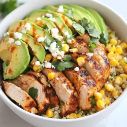 - 2 Hähnchenbrustfilets, ohne Haut und Knochen - 2 Tassen Mais (frisch oder gefroren) - 1 Tasse gekochter Quinoa - 1 Teelöffel geräuchertes Paprikapulver - 1 Teelöffel Kreuzkümmel - 1 Teelöffel Knoblauchpulver - 1/4 Tasse frischer Koriander, gehackt - 1 Limette, ausgepresst - 1/2 Tasse Feta-Käse, zerbröckelt - 1 Avocado, in Scheiben geschnitten - 1/2 Tasse Schmand - 1 Esslöffel Chili-Pulver Bei den Hauptzutaten nutzen wir Hähnchenbrustfilets, die mager und lecker sind. Mais bringt Süße und Textur. Quinoa ist eine tolle Basis, die viele Nährstoffe hat. Die Gewürze sind entscheidend. Geräuchertes Paprikapulver gibt einen rauchigen Geschmack. Kreuzkümmel fügt Wärme hinzu, während Knoblauchpulver für den Umami-Kick sorgt. Der frische Koriander und der Limettensaft bringen Frische und Lebendigkeit in die Bowl. Zusätzliche Zutaten wie Feta-Käse und Avocado sorgen für Cremigkeit und Geschmack. Schmand und Chili-Pulver runden das Gericht ab. Diese Kombination macht die Street Corn Chicken Bowl zu einer echten Geschmacksexplosion. {{ingredient_image_2}} Zuerst mache ich die Marinade. In einer Schüssel mische ich Olivenöl, geräuchertes Paprikapulver, Knoblauchpulver, Kreuzkümmel, Salz und Pfeffer. Diese Mischung gebe ich gleichmäßig auf die Hähnchenbrustfilets. Dann lasse ich das Hähnchen für 15 Minuten marinieren. Dadurch zieht der Geschmack gut ein. Jetzt heize ich die Grillpfanne bei mittlerer bis hoher Hitze vor. Ich lege die marinierten Hähnchenbrustfilets in die Pfanne und brate sie 6 bis 7 Minuten lang. Wichtig ist, die Innentemperatur zu überprüfen. Sie sollte 75 °C (165 °F) betragen. Nach dem Braten lasse ich das Hähnchen fünf Minuten ruhen, bevor ich es in Scheiben schneide. Für den Mais erhitze ich ihn in einer Pfanne. Wenn ich frischen Mais verwende, brate ich ihn ein paar Minuten an. Ansonsten koche ich den gefrorenen Mais für 5 bis 7 Minuten. Danach füge ich Limettensaft, Chili-Pulver und Limettenzeste hinzu. Ich schmecke ihn nach Belieben mit Salz ab. Ich beginne mit einer Schicht gekochtem Quinoa als Basis in einer Servierschüssel. Darauf kommen die Hähnchenscheiben, der gewürzte Mais und die Avocadoscheiben. Zum Schluss streue ich zerbröckelten Feta darüber. Um das Gericht abzurunden, bestreue ich die Bowl mit frischem Koriander. Außerdem serviere ich einen Löffel Schmand an der Seite. Wie lange das Hähnchen einlegen Das Hähnchen sollte mindestens 15 Minuten marinieren. So nimmt es den vollen Geschmack auf. Wenn du mehr Zeit hast, lege es für eine Stunde in den Kühlschrank. Ein längeres Marinieren gibt noch mehr Geschmack. Alternative Marinaden Du kannst auch andere Marinaden ausprobieren. Eine Mischung aus Limettensaft, Sojasauce und Honig passt gut. Oder nutze Joghurt mit Gewürzen. Das macht das Hähnchen zart und lecker. Quinoa richtig kochen Spüle die Quinoa zuerst gut ab. Dann koche sie in der doppelten Menge Wasser. Lass sie 15 Minuten köcheln, bis das Wasser verdampft ist. Quinoa sollte leicht und fluffig sein. Variationen mit anderen Körnern Du kannst auch andere Körner nutzen. Probiere Bulgur oder Farro. Diese geben der Bowl neue Texturen und Geschmäcker. Mische sie für mehr Vielfalt. Attraktive Präsentation der Bowls Baue die Schüssel schön auf. Beginne mit der Quinoa, füge dann das Hähnchen und den Mais hinzu. Achte darauf, die Farben gut zu verteilen. Das sieht toll aus! Garnitionen für Geschmack und Aussehen Verwende frischen Koriander für den Geschmack. Ein Löffel Schmand macht die Bowl cremig. Limettenviertel sorgen für einen frischen Kick. Das macht die Bowl nicht nur lecker, sondern auch schön anzusehen. Profi Tipps Marinade einziehen lassen: Lassen Sie das Hähnchen mindestens 15 Minuten in der Marinade, um den Geschmack zu intensivieren. Quinoa richtig kochen: Achten Sie darauf, die Quinoa in der richtigen Menge Wasser zu kochen, um eine fluffige Konsistenz zu erreichen. Ein Verhältnis von 1:2 (Quinoa zu Wasser) ist ideal. Frische Zutaten verwenden: Nutzen Sie frischen Mais und frische Kräuter, um den Geschmack des Gerichts zu maximieren und den Nährwert zu erhöhen. Optionales Topping: Fügen Sie geröstete Nüsse oder Samen hinzu, um einen zusätzlichen Crunch und eine interessante Textur zu erhalten. {{image_4}} Für eine vegetarische Street Corn Chicken Bowl kannst du Gemüse anstelle von Hähnchen verwenden. Zucchini, Paprika oder Auberginen passen gut. Diese Gemüse geben Geschmack und Farbe. Du kannst auch Proteinquellen wie Bohnen hinzufügen. Schwarze Bohnen oder Kichererbsen sind nahrhaft und lecker. So bleibt dein Gericht sättigend und gesund. Du kannst die Gewürze anpassen, um unterschiedliche Geschmäcker zu treffen. Wenn du es scharf magst, füge mehr Chili-Pulver hinzu. Für einen milden Geschmack kannst du das Paprikapulver reduzieren. Probiere auch regionale Gewürzmischungen aus. Cajun oder Taco-Gewürze geben deinem Gericht einen besonderen Twist. Sei kreativ und finde deine Lieblingskombination! Zusätzliche Toppings machen deine Bowl noch besser. Probiere Jalapeños für einen scharfen Kick. Salsa bringt Frische und Geschmack. Auch verschiedene Käsesorten sind eine tolle Idee. Gouda oder Monterey Jack schmelzen gut und fügen neuen Geschmack hinzu. Experimentiere mit diesen Toppings, um deine perfekte Bowl zu kreieren. Hähnchen und Mais benötigen gute Lagerung. Bewahre frisches Hähnchen in der Kälte auf. Stelle sicher, dass es gut verpackt ist. Gefrorenes Hähnchen hält sich länger. Mais kann frisch oder gefroren sein. Lagere frischen Mais im Kühlschrank. Gefrorener Mais bleibt bis zu einem Jahr gut. Quinoa sollte in einem luftdichten Behälter sein. Lagere es an einem kühlen, trockenen Ort. So bleibt es frisch und trocken. Andere Zutaten wie Gewürze und Käse ebenfalls kühl und trocken lagern. So bewahrst du den Geschmack. Plane deine Mahlzeiten im Voraus. So sparst du Zeit beim Kochen. Teile die Bowls in einzelne Portionen auf. Verwende luftdichte Behälter, um sie frisch zu halten. So hast du jederzeit eine schnelle Mahlzeit bereit. Die Bowls halten sich im Kühlschrank bis zu drei Tage. Achte darauf, sie gut abzudecken. So vermeidest du, dass sie austrocknen oder Gerüche annehmen. Um die Bowls aufzuwärmen, nutze die Mikrowelle. Erhitze sie in kurzen Abständen. So verhinderst du, dass sie austrocknen. Du kannst auch den Ofen nutzen. Decke die Bowls mit Folie ab. Das hilft, die Feuchtigkeit zu bewahren. Vermeide eine zu hohe Hitze. Das Hähnchen könnte dann trocken werden. Füge etwas Wasser oder Brühe hinzu, wenn nötig. So bleibt die Bowl saftig und lecker. Dieses Rezept ergibt vier Portionen. Wenn du mehr oder weniger brauchst, kannst du die Zutaten einfach anpassen. Du kannst die Menge von Hähnchen und Quinoa erhöhen oder verringern. So stellst du sicher, dass jeder genug bekommt. Ja, du kannst dieses Rezept im Voraus zubereiten. Koche alle Teile wie Hähnchen und Quinoa und lagere sie getrennt. Das hält alles frisch. Du kannst das Hähnchen auch bis zu zwei Tage im Kühlschrank aufbewahren. Wenn du bereit bist zu essen, erwärmst du alles zusammen. Gute Beilagen sind frische Salate oder Tortilla-Chips. Du kannst auch Guacamole oder Salsa dazu servieren. Diese Snacks passen gut zu den Aromen der Bowl. Ein kühles Getränk wie Limonade oder Eistee ergänzt das Essen perfekt. Ja, du kannst das Hähnchen auch grillen. Das verleiht ihm einen tollen Geschmack. Heize deinen Grill vor und lege das marinierte Hähnchen darauf. Grille es etwa 6-7 Minuten pro Seite. Achte darauf, dass das Hähnchen eine Innentemperatur von 75°C erreicht. Eure Street Corn Chicken Bowl ist einfach zuzubereiten und vollgepackt mit Geschmack. Ihr braucht Hähnchen, frischen Mais und Quinoa als Basis. Die Gewürze geben dem Gericht den besonderen Kick. Denkt daran, die Zutaten gut zu lagern und nach Wunsch zu variieren. Mit diesen Tipps und Tricks macht ihr jedes Mal ein tolles Essen. Probiert neue Kombinationen aus und passt die Gewürze an euren Geschmack an. Viel Spaß beim Kochen und Genießen!