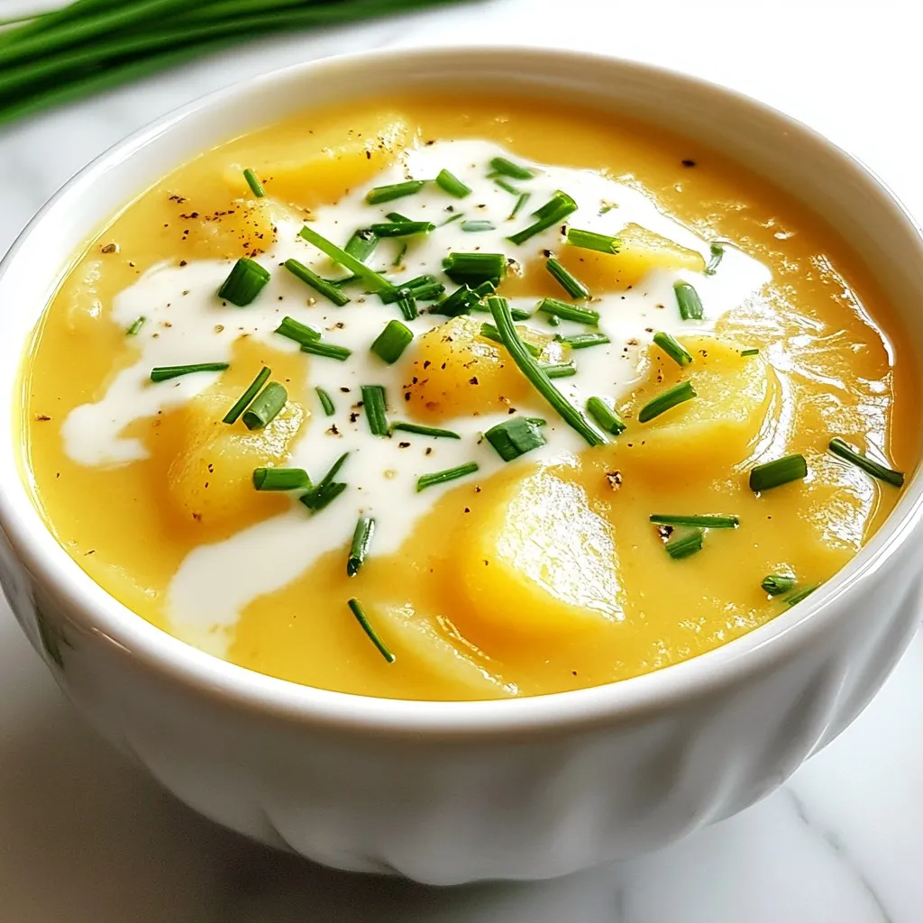 - 4 große Yukon Gold Kartoffeln, geschält und gewürfelt - 2 Tassen scharfer Cheddar-Käse, gerieben - 4 Tassen Gemüsebrühe Yukon Gold Kartoffeln sind perfekt für diese Suppe. Sie sind cremig und haben einen tollen Geschmack. Scharfer Cheddar-Käse bringt einen kräftigen, herzhaften Geschmack in die Suppe. Gemüsebrühe sorgt dafür, dass die Suppe reichhaltig und aromatisch wird. - 1 mittelgroße Zwiebel, fein gehackt - 4 Knoblauchzehen, gehackt - 1 Tasse Schlagsahne - 2 Esslöffel Butter - 1 Teelöffel getrockneter Thymian - Salz und Pfeffer nach Geschmack - Frühlingszwiebeln oder Schnittlauch zum Garnieren Die Zwiebel und der Knoblauch bringen eine schöne Basis für die Aromen. Schlagsahne macht die Suppe schön cremig. Butter hilft, die Zwiebel und den Knoblauch perfekt anzubraten. Thymian fügt eine feine Kräuternote hinzu. Salz und Pfeffer sind wichtig, um den Geschmack zu verstärken. Die Frühlingszwiebeln oder der Schnittlauch sorgen für einen frischen Farbtupfer oben auf der Suppe. {{ingredient_image_2}} 1. Beginne mit den Kartoffeln. Schäle sie und würfel sie in kleine Stücke. 2. Nimm die Zwiebel und hacke sie fein. 3. Hacke auch die Knoblauchzehen. 1. Erhitze einen großen Topf auf mittlerer Hitze. Schmelze die Butter darin. 2. Füge die gehackte Zwiebel hinzu. Dünste sie, bis sie leicht durchscheinend wird, etwa 5 Minuten. 3. Gebe den gehackten Knoblauch dazu. Brate ihn für 1 Minute an, bis er duftet. 4. Jetzt kommen die gewürfelten Kartoffeln in den Topf. Gieße die Gemüsebrühe darüber. 5. Bringe alles zum Kochen. Reduziere die Hitze und lasse es leicht köcheln. 6. Koche die Kartoffeln mit Deckel etwa 15-20 Minuten, bis sie weich sind. 1. Nimm den Topf von der Hitze. Püriere die Suppe mit einem Stabmixer, bis sie cremig ist. 2. Stelle den Topf wieder auf niedrige Hitze. Rühre die Schlagsahne und den geriebenen Cheddar-Käse ein. 3. Füge getrockneten Thymian, Salz und Pfeffer nach Geschmack hinzu. Rühre, bis der Käse geschmolzen ist. 4. Probiere die Suppe. Passe die Würze nach Bedarf an. 5. Serviere die Suppe heiß. Garniere sie mit gehackten Frühlingszwiebeln oder Schnittlauch. Um die perfekte Konsistenz für deine Suppe zu erreichen, empfehle ich die Verwendung eines Stabmixers. Mit einem Stabmixer kannst du die Suppe direkt im Topf pürieren. Das spart Zeit und verhindert ein Überlaufen. Wenn du keinen Stabmixer hast, kannst du die Suppe auch portionsweise in einen Standmixer geben. Sei dabei vorsichtig, denn die Suppe ist heiß und könnte spritzen. Wenn du die Suppe noch cremiger machen möchtest, gibt es Alternativen. Du kannst mehr Schlagsahne hinzufügen oder einen Teil der Brühe durch Milch ersetzen. Eine weitere Möglichkeit ist, etwas Frischkäse oder Crème fraîche einzurühren. Das gibt nicht nur mehr Cremigkeit, sondern auch einen tollen Geschmack. Um den Geschmack der Suppe zu verbessern, kannst du zusätzliche Gewürze verwenden. Zum Beispiel passt geräucherter Paprika sehr gut. Ein Hauch von Muskatnuss gibt der Suppe eine warme Note. Experimentiere auch mit frischen Kräutern wie Petersilie oder Basilikum. Diese verleihen der Suppe Frische und Farbe. Für die Garnierung kannst du Frühlingszwiebeln oder Schnittlauch verwenden. Sie sorgen für einen schönen Kontrast und bringen einen milden Geschmack. Auch knuspriger Speck ist eine tolle Ergänzung. Er gibt der Suppe einen herzhaften Biss. Probiere verschiedene Kombinationen aus und finde deine Lieblingsversion! Pro Tipps Die richtige Kartoffelsorte wählen: Yukon Gold sind ideal für diese Suppe, da sie cremig sind und einen guten Geschmack haben. Frischen Knoblauch verwenden: Frischer Knoblauch hat einen intensiveren Geschmack als getrockneter, was der Suppe eine zusätzliche Tiefe verleiht. Die Suppe pürieren: Ein Stabmixer ist praktisch, um die Suppe direkt im Topf zu pürieren, ohne sie umfüllen zu müssen. Variationen ausprobieren: Fügen Sie zusätzliches Gemüse wie Karotten oder Sellerie hinzu, um die Nährstoffe zu erhöhen und den Geschmack zu variieren. {{image_4}} Für eine vegetarische Version der cremigen Cheddar-Knoblauch-Kartoffelsuppe verwenden Sie einfach pflanzenbasierte Brühe. Statt der Schlagsahne können Sie auch pflanzliche Sahne nehmen. Diese Optionen bringen einen leichten Geschmack, der gut zu den Kartoffeln passt. Vegane Brühen haben oft viele Gewürze und Aromen. Sie sind eine großartige Wahl für eine gesunde Suppe. Wenn Sie keinen Cheddar-Käse mögen, probieren Sie andere Käsesorten. Gouda oder Mozzarella geben der Suppe einen anderen Geschmack. Diese Käsesorten schmelzen gut und sorgen für eine schöne Konsistenz. Auch Brie oder Feta können für eine besondere Note verwendet werden. Experimentieren Sie und finden Sie Ihren Favoriten. Fügen Sie Gemüse wie Karotten oder Sellerie hinzu, um die Suppe bunter zu machen. Diese Gemüse bringen zusätzliche Nährstoffe und Textur. Sie können sie einfach mit den Zwiebeln anbraten. Dadurch erhalten sie einen tollen Geschmack. Denken Sie daran, dass auch Mais oder Erbsen gut schmecken. Passen Sie die Gewürze an, um die neuen Aromen zu harmonisieren. Um die Suppe richtig abzukühlen, lasse sie auf Raumtemperatur kommen. Das verhindert Bakterienbildung. Fülle die abgekühlte Suppe in einen luftdichten Behälter. Achte darauf, die Suppe nicht zu lange bei Zimmertemperatur zu lassen. Du kannst die Suppe bis zu drei Tage im Kühlschrank lagern. Wenn du sie länger aufbewahren möchtest, friere sie ein. Achte darauf, die Suppe in Portionen zu teilen. Das macht das Auftauen einfacher. Beim Aufwärmen der Suppe benutze am besten einen Topf. Erhitze sie bei niedriger Hitze. Rühre dabei gut um, um ein Anbrennen zu vermeiden. Du kannst auch die Mikrowelle nutzen, aber achte darauf, die Suppe in kurzen Intervallen zu erhitzen. Das sorgt dafür, dass sie gleichmäßig warm wird. Die Haltbarkeit im Kühlschrank beträgt drei bis vier Tage. Im Gefrierfach bleibt die Suppe bis zu drei Monate frisch. Achte darauf, die Suppe gut zu verpacken, um Gefrierbrand zu vermeiden. Wenn du die Suppe aufwärmst, kannst du sie nach Belieben mit frischen Kräutern oder mehr Käse verfeinern. Die Suppe bleibt im Kühlschrank drei bis fünf Tage frisch. Achte darauf, sie in einem luftdichten Behälter zu lagern. Im Gefrierfach hält sie bis zu drei Monate. Lass die Suppe vor dem Einfrieren abkühlen. Teile sie in Portionen auf, um die Handhabung zu erleichtern. Ja, du kannst die Suppe im Voraus machen. Bereite sie einfach nach dem Rezept zu und lass sie abkühlen. Lagere die Suppe im Kühlschrank, wenn du sie innerhalb von fünf Tagen essen willst. Wenn du sie später nutzen möchtest, friere sie ein. Erwärme die Suppe langsam auf niedriger Hitze, bevor du sie servierst. Um die Suppe vegan zu machen, ersetze die Schlagsahne durch Kokosmilch oder eine pflanzliche Sahne. Nutze vegane Brühe anstelle von Gemüsebrühe. Für den Käse kannst du Hefeflocken verwenden, um einen käsigen Geschmack zu erzielen. So bleibt die Suppe cremig und lecker. Die Kartoffelsuppe mit Käse ist einfach und lecker. Wir haben die Hauptzutaten wie Yukon Gold Kartoffeln und scharfen Cheddar besprochen. Die Schritt-für-Schritt-Anleitung macht das Kochen leicht. Tipps zur Konsistenz und Geschmack verbessern die Suppe. Variationen wie vegetarische Versionen bieten mehr Optionen. Schließlich wissen Sie nun, wie Sie die Suppe richtig lagern und aufwärmen können. Genießen Sie das Kochen und die Vielfalt dieser echten Lieblingssuppe!