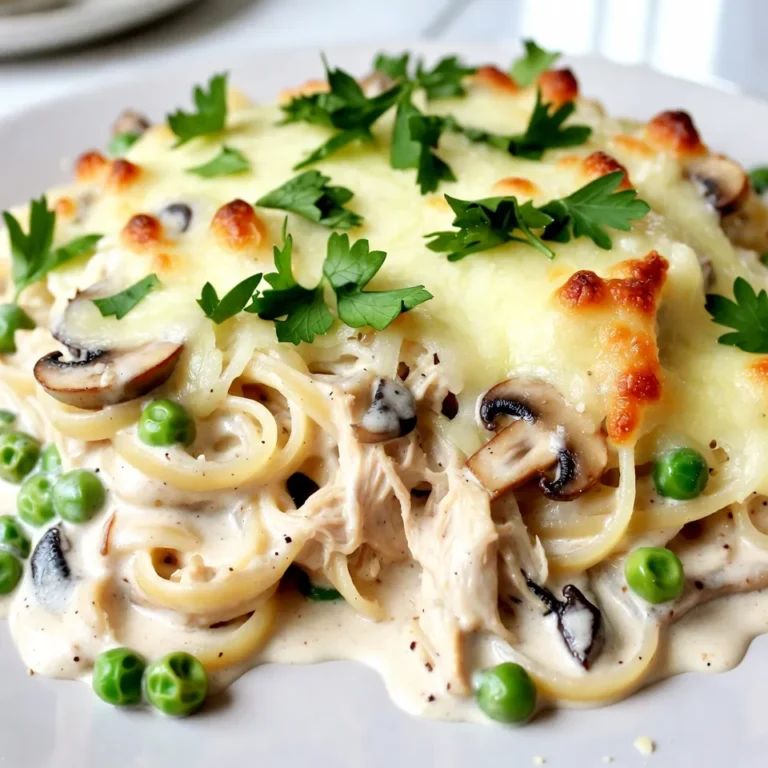 Für dieses leckere Rezept brauchst du: - 225 g Linguine oder Spaghetti - 2 Tassen gekochtes Hühnchen, zerkleinert - 1 Tasse geschnittene Champignons - 1 Tasse gefrorene Erbsen - 1 kleine Zwiebel, gewürfelt - 2 Knoblauchzehen, fein gehackt - 4 Esslöffel Butter - 4 Esslöffel Weizenmehl - 480 ml Hühnerbrühe - 240 ml Schlagsahne - 1 Teelöffel getrockneter Thymian - 1 Teelöffel Knoblauchpulver - Salz und Pfeffer nach Geschmack - 100 g geriebener Parmesan - 100 g geriebener Mozzarella - Frische Petersilie, gehackt zur Garnitur (optional) Jede Zutat spielt eine wichtige Rolle. Die Nudeln bilden die Basis. Das Hühnchen gibt dir Protein. Pilze und Erbsen sorgen für Textur und Farbe. Die Gewürze geben dem Gericht den richtigen Geschmack. - Thymian bringt ein erdiges Aroma. - Knoblauchpulver fügt einen schönen Kick hinzu. - Salz und Pfeffer bringen alle Aromen zusammen. Butter ist wichtig für die Sauce. Sie macht sie reichhaltig und cremig. Cremige Hühnertetrazzini ist ein echter Genuss. Du kannst es allein servieren oder mit Beilagen: - Ein frischer grüner Salat passt gut dazu. - Knuspriges Brot ist ideal zum Dippen. - Eine einfache Gemüsesuppe kann den Abend abrunden. Mit diesen Zutaten und Beilagen wird dein Gericht ganz sicher ein Hit! {{ingredient_image_2}} Koche 225 g Linguine oder Spaghetti in einem großen Topf. Verwende gesalzenes Wasser. Koche die Pasta bis sie al dente ist. Das dauert etwa 8-10 Minuten. Gieße die Pasta ab und stelle sie beiseite. Schmelze 4 Esslöffel Butter in einer großen Pfanne. Erhitze die Butter bei mittlerer Hitze. Füge 1 gewürfelte Zwiebel und 2 fein gehackte Knoblauchzehen hinzu. Dann kommen 1 Tasse geschnittene Champignons dazu. Brate alles 5-7 Minuten, bis das Gemüse zart und die Champignons goldbraun sind. Streue 4 Esslöffel Weizenmehl gleichmäßig über das Gemüse. Rühre gut um. Füge langsam 480 ml Hühnerbrühe hinzu, während du rührst. Lasse die Mischung 3-5 Minuten köcheln, bis sie eindickt. Jetzt kommen 240 ml Schlagsahne, 1 Teelöffel getrockneter Thymian, 1 Teelöffel Knoblauchpulver, Salz und Pfeffer dazu. Rühre alles gut um und lasse die Sauce sanft köcheln. Gib 2 Tassen gekochtes und zerkleinertes Hühnchen und 1 Tasse gefrorene Erbsen in die Pfanne. Füge die gekochte Pasta hinzu. Rühre alles gut um, damit die Zutaten gleichmäßig mit der Sauce überzogen sind. Koche alles für 2-3 Minuten, bis es heiß ist. Heize den Ofen auf 175 °C vor. Fette eine Backform (ca. 23x33 cm) ein. Gib die Tetrazzini-Mischung in die Form. Streue 100 g geriebenen Parmesan und 100 g geriebenen Mozzarella gleichmäßig darüber. Backe das Tetrazzini im Ofen für 25-30 Minuten. Der Käse sollte sprudelnd und goldbraun sein. Nimm die Form aus dem Ofen und lasse das Gericht einige Minuten ruhen. Garniere es nach Belieben mit frischer Petersilie. Um die perfekte Pasta für dein Hühnertetrazzini zu kochen, folge diesen Schritten: - Verwende einen großen Topf. Mehr Platz hilft der Pasta, gleichmäßig zu garen. - Füge ausreichend Salz ins Wasser hinzu. Es sollte wie Meerwasser schmecken. - Koche die Linguine oder Spaghetti bis sie al dente sind. Das bedeutet, sie sind weich, aber noch bissfest. - Gieße die Pasta ab, aber spüle sie nicht mit Wasser. So bleibt die Stärke haften, die die Sauce besser bindet. Du kannst dein Hühnertetrazzini mit verschiedenen Zutaten aufpeppen: - Füge geröstete Paprika oder Spinat hinzu. Das bringt Farbe und Nährstoffe. - Probiere andere Käsesorten wie Gouda oder Cheddar. Sie geben der Sauce eine neue Note. - Verwende frische Kräuter wie Basilikum oder Oregano. Das sorgt für einen frischen Geschmack. - Experimentiere mit verschiedenen Pilzen. Champignons sind toll, aber Shiitake oder Austernpilze sind auch lecker. Die Sauce macht dein Tetrazzini besonders cremig. Hier sind einige Tipps: - Verwende die richtige Menge Mehl. Vier Esslöffel sind perfekt für diese Menge Sauce. - Rühre die Brühe langsam ein. So vermeidest du Klumpen und die Sauce wird glatt. - Lass die Sauce sanft köcheln. Das gibt ihr Zeit, um dick zu werden, ohne zu verbrennen. - Wenn die Sauce zu dick wird, füge etwas mehr Hühnerbrühe oder Sahne hinzu. So bleibt sie schön cremig. Pro Tipps Pasta perfekt al dente: Kochen Sie die Pasta nur bis sie al dente ist, damit sie beim Backen nicht zu weich wird. Variationen der Proteine: Fühlen Sie sich frei, das Hühnchen durch Putenfleisch oder sogar Garnelen zu ersetzen, um Abwechslung zu schaffen. Zusätzliche Aromen: Fügen Sie etwas frischen Zitronensaft oder geriebene Zitronenschale hinzu, um der Sauce eine frische Note zu verleihen. Reste richtig aufbewahren: Lagern Sie Reste in einem luftdichten Behälter im Kühlschrank und genießen Sie sie innerhalb von 3-4 Tagen. {{image_4}} Für eine vegetarische Version von Cremigem Hühnertetrazzini können wir das Hühnchen durch Tofu oder eine Mischung aus Gemüse ersetzen. Verwenden Sie Pilze, Brokkoli und Spinat, um einen vollen Geschmack zu erhalten. Diese Zutaten geben der Sauce viel Textur und Farbe. Achten Sie darauf, die gleiche Menge Gemüse zu verwenden wie das Hühnchen. Es bleibt cremig und lecker! Wenn Sie Abwechslung möchten, probieren Sie andere Fleischsorten aus. Putenfleisch funktioniert gut und hat einen ähnlichen Geschmack wie Hühnchen. Sie können auch gekochten Schinken oder sogar Rindfleisch verwenden. Achten Sie darauf, das Fleisch vor dem Hinzufügen gut zu würzen. So gewinnt das Gericht an Tiefe und Geschmack. Für eine glutenfreie Version können Sie glutenfreie Pasta verwenden. Diese gibt es in vielen Formen, wie Spaghetti oder Fusilli. Achten Sie darauf, dass auch das Mehl in der Sauce glutenfrei ist. Es gibt viele Optionen auf dem Markt. So bleibt Ihr Gericht gesund und schmackhaft! Um die Reste von Cremigem Hühnertetrazzini richtig zu lagern, lassen Sie das Gericht zuerst abkühlen. Geben Sie es dann in einen luftdichten Behälter. So bleibt der Geschmack frisch. Lagern Sie die Reste im Kühlschrank. Dort halten sie sich bis zu drei Tage. Achten Sie darauf, die Reste vor dem Servieren gut zu überprüfen. Wenn Sie mehr Hühnertetrazzini machen möchten, können Sie es auch einfrieren. Füllen Sie es in einen gefrierfesten Behälter. Lassen Sie dabei etwas Platz, damit sich die Sauce ausdehnen kann. So bleibt die Textur gut. Sie können die Tetrazzini bis zu drei Monate im Gefrierfach aufbewahren. Um die beste Qualität zu erhalten, beschriften Sie den Behälter mit Datum und Inhalt. Um die Reste aufzuwärmen, nehmen Sie die Portionen aus dem Kühlschrank oder Gefrierfach. Wenn sie gefroren sind, lassen Sie sie zuerst im Kühlschrank auftauen. Benutzen Sie dann den Ofen, um die Reste gleichmäßig zu erwärmen. Stellen Sie den Ofen auf 180 °C ein. Decken Sie das Gericht mit Alufolie ab, damit es nicht austrocknet. Nach etwa 20 Minuten sollten die Reste heiß sein. Servieren Sie sie mit frisch geriebenem Parmesan für einen extra Geschmack. Cremige Hühnertetrazzini hält sich gut. Du kannst es bis zu drei Tage im Kühlschrank aufbewahren. Stelle sicher, dass es in einem luftdichten Behälter ist. Wenn du es länger aufbewahren möchtest, friere es ein. So bleibt es bis zu drei Monate frisch. Beim Aufwärmen solltest du sicherstellen, dass es gründlich erhitzt wird. Ja, du kannst frisches Hühnchen verwenden. Koche es zuerst, bevor du es zerkleinerst. Das sorgt für einen leckeren Geschmack. Du kannst auch Hähnchenbrust oder Hähnchenschenkel nehmen. Achte darauf, es gut zu würzen, um den besten Geschmack zu erzielen. Cremige Hühnertetrazzini passt gut zu vielen Beilagen. Hier sind einige Ideen: - Ein frischer grüner Salat - Gebratene grüne Bohnen - Knoblauchbrot - Gedämpftes Gemüse Diese Beilagen ergänzen das Gericht perfekt und machen dein Essen noch besser. Cremige Hühnertetrazzini ist ein einfaches Gericht mit vielen Variationen. Wir haben die Hauptzutaten und Gewürze besprochen. Außerdem gab ich Tipps, um perfekte Pasta zu kochen und eine leckere Sauce zu machen. Sei kreativ und teste verschiedene Varianten. Lagere Reste richtig oder friere sie ein, um sie länger genießen zu können. Mit diesen Informationen bist du gut gerüstet, um ein schmackhaftes Tetrazzini zuzubereiten. Viel Spaß beim Kochen!