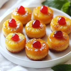 F&uuml;r diese leckeren K&uuml;chlein brauchen Sie: - 1 Tasse Allzweckmehl - 1/2 Tasse Kristallzucker - 1 1/2 Teel&ouml;ffel Backpulver - 1/4 Teel&ouml;ffel Salz - 1/2 Tasse ungesalzene Butter, geschmolzen - 2 gro&szlig;e Eier - 1/2 Tasse Milch - 1 Teel&ouml;ffel Vanilleextrakt - 1 Dose (240 g) Ananasscheiben, abgetropft und halbiert - 1/4 Tasse brauner Zucker Diese Zutaten sind die Basis f&uuml;r den Geschmack und die Textur unserer K&uuml;chlein. Das Mehl sorgt f&uuml;r die Struktur, w&auml;hrend die Eier und die Milch f&uuml;r die Feuchtigkeit sorgen. Butter bringt einen tollen Geschmack und eine saftige Konsistenz. Ananas und brauner Zucker geben dem Ganzen eine s&uuml;&szlig;e, fruchtige Note. Zur Dekoration verwenden wir: - Maraschino-Kirschen Die Kirschen setzen einen sch&ouml;nen Farbklecks und sind das i-T&uuml;pfelchen auf jedem K&uuml;chlein. Sie verleihen dem Dessert auch einen zus&auml;tzlichen s&uuml;&szlig;en Biss. Wenn Sie keine Maraschino-Kirschen m&ouml;gen, k&ouml;nnen Sie auch frische Beeren oder andere Fr&uuml;chte nutzen. F&uuml;r eine glutenfreie Version verwenden Sie glutenfreies Mehl. Achten Sie darauf, dass die Konsistenz des Teigs gleich bleibt. Wenn Sie keinen braunen Zucker haben, k&ouml;nnen Sie auch normalen Kristallzucker nehmen, aber der Geschmack wird etwas anders sein. Die Anpassungsf&auml;higkeit dieser Zutaten macht das Rezept flexibel. So k&ouml;nnen Sie immer etwas Neues ausprobieren! {{ingredient_image_2}} Beginne damit, deinen Ofen auf 175 &deg;C vorzuheizen. Fette die Mini-Muffinform mit etwas Butter oder &Ouml;l ein. Das verhindert, dass die K&uuml;chlein kleben bleiben. In einer gro&szlig;en R&uuml;hrsch&uuml;ssel mischst du das Allzweckmehl, den Kristallzucker, das Backpulver und das Salz. R&uuml;hre diese trockenen Zutaten gut um, damit sie gleichm&auml;&szlig;ig verteilt sind. In einer anderen Sch&uuml;ssel verr&uuml;hre die geschmolzene Butter, die Eier, die Milch und den Vanilleextrakt. Mische alles gut, bis es eine glatte Masse ergibt. Jetzt f&uuml;ge die feuchten Zutaten langsam zu den trockenen Zutaten hinzu. R&uuml;hre nur so lange, bis alles gerade vermischt ist. Vermeide es, zu viel zu r&uuml;hren, da dies die K&uuml;chlein z&auml;h machen kann. &Ouml;ffne die Dose mit den Ananasscheiben und lasse sie gut abtropfen. Halbiere die Scheiben f&uuml;r die K&uuml;chlein. In einer kleinen Sch&uuml;ssel vermische die Ananasst&uuml;cke mit dem braunen Zucker. Dies gibt einen leckeren Karamellgeschmack. Setze nun eine halbe Ananasscheibe in jede Muffinform. Streue einen Essl&ouml;ffel der Braunzucker-Mischung &uuml;ber jede Ananasscheibe. F&uuml;lle dann jede Form mit dem Kuchenteig, sodass die Ananas fast ganz bedeckt ist. Backe die K&uuml;chlein im vorgeheizten Ofen f&uuml;r 15 bis 18 Minuten. Sie sind fertig, wenn sie goldbraun sind und ein Zahnstocher sauber herauskommt. Lass die K&uuml;chlein f&uuml;r etwa 5 Minuten in der Form abk&uuml;hlen. Danach st&uuml;rze sie vorsichtig auf ein Kuchengitter. Dekoriere jedes K&uuml;chlein mit einer Maraschino-Kirsche oben drauf. Serviere sie warm f&uuml;r den besten Genuss. Um die besten Bisschen Ananas-Unten-K&uuml;chlein zu machen, ist es wichtig, den Ofen gut vorzuheizen. Die ideale Temperatur ist 175 &deg;C. So backen die K&uuml;chlein gleichm&auml;&szlig;ig. Achte darauf, die Muffinform gut einzufetten. Dadurch lassen sich die K&uuml;chlein sp&auml;ter leicht herausnehmen. Eine gute Mischung der trockenen und nassen Zutaten ist ebenfalls wichtig. Mische sie nur so lange, bis sie gerade verbunden sind. &Uuml;bermixe den Teig nicht, sonst werden die K&uuml;chlein z&auml;h. Einer der h&auml;ufigsten Fehler ist, die Ananas nicht gut abzutropfen. Zu viel Saft kann die K&uuml;chlein matschig machen. Ein weiterer Fehler ist, die K&uuml;chlein zu lange zu backen. &Uuml;berpr&uuml;fe sie nach 15 Minuten. Wenn ein Zahnstocher sauber herauskommt, sind sie fertig. Lass die K&uuml;chlein nicht zu lange in der Form. Sie brauchen nur f&uuml;nf Minuten zum Abk&uuml;hlen. Andernfalls k&ouml;nnen sie zerfallen. F&uuml;r eine sch&ouml;ne Pr&auml;sentation lege die K&uuml;chlein auf eine dekorative Platte. Frische Minzbl&auml;tter machen das Bild lebendiger. Du kannst auch einen Klecks Schlagsahne daneben setzen. Serviere die K&uuml;chlein warm. So schmecken sie am besten. Die Maraschino-Kirschen oben drauf sind nicht nur lecker, sie sehen auch toll aus. Pro Tipps Verwenden Sie frische Ananas: Verwenden Sie, wenn m&ouml;glich, frische Ananas f&uuml;r einen intensiveren Geschmack und eine bessere Textur. Teig nicht &uuml;bermixen: R&uuml;hren Sie den Teig nur so lange, bis die Zutaten kombiniert sind, um eine zarte Konsistenz zu gew&auml;hrleisten. Richtige Backzeit beachten: &Uuml;berpr&uuml;fen Sie die K&uuml;chlein nach 15 Minuten, um sicherzustellen, dass sie nicht &uuml;berbacken werden und sch&ouml;n saftig bleiben. Dekoration kreativ gestalten: Experimentieren Sie mit verschiedenen Toppings wie Kokosraspeln oder gehackten N&uuml;ssen f&uuml;r zus&auml;tzliche Textur und Geschmack. {{image_4}} Ich liebe es, mit verschiedenen Fr&uuml;chten zu experimentieren. Ananas ist klassisch, aber du kannst auch Kirschen oder Pfirsiche verwenden. Diese Fr&uuml;chte geben dem K&uuml;chlein eine neue, fruchtige Note. F&uuml;r Kirschen nimm einfach entsteinte Maraschino-Kirschen. F&uuml;r Pfirsiche schneide frische oder konservierte Pfirsiche in kleine St&uuml;cke. Lege die Fr&uuml;chte genau wie die Ananas in die Muffinform. Die s&uuml;&szlig;en S&auml;fte der Fr&uuml;chte ziehen in den Teig ein und machen ihn saftig. Wenn du glutenfrei backen m&ouml;chtest, ist das einfach. Verwende eine glutenfreie Mehlmischung anstelle von Allzweckmehl. Achte darauf, dass diese Mischung gut f&uuml;r Kuchen geeignet ist. Manchmal kann es n&ouml;tig sein, etwas mehr Fl&uuml;ssigkeit hinzuzuf&uuml;gen. So bleibt der Teig nicht zu trocken. Die K&uuml;chlein schmecken trotzdem toll. Toppings machen alles besser. Du kannst die K&uuml;chlein mit Schlagsahne oder einer Kugel Eis servieren. F&uuml;r einen extra Crunch f&uuml;ge gehackte N&uuml;sse oder Karamellso&szlig;e hinzu. Auch frische Beeren sind eine sch&ouml;ne Dekoration. Im Sommer passen Erdbeeren oder Himbeeren perfekt. Lass deiner Kreativit&auml;t freien Lauf und finde dein Lieblings-Topping! Um die Bisschen Ananas-Unten-K&uuml;chlein frisch zu halten, lege sie in einen luftdichten Beh&auml;lter. Dies sch&uuml;tzt die K&uuml;chlein vor Luft und Feuchtigkeit. Du kannst sie auch mit Frischhaltefolie abdecken. Achte darauf, dass sie abgek&uuml;hlt sind, bevor du sie lagerst. So bleibt ihre sch&ouml;ne Form und der Geschmack erhalten. Diese K&uuml;chlein bleiben bei Zimmertemperatur etwa drei Tage frisch. Wenn du sie l&auml;nger aufbewahren m&ouml;chtest, friere sie ein. Wickele sie einzeln in Frischhaltefolie oder lege sie in einen Gefrierbeutel. So bleiben sie bis zu drei Monate haltbar. Zum Auftauen lege die K&uuml;chlein einfach f&uuml;r einige Stunden in den K&uuml;hlschrank. Um die K&uuml;chlein warm zu genie&szlig;en, heize deinen Ofen auf 150 &deg;C vor. Lege die K&uuml;chlein auf ein Backblech und erw&auml;rme sie f&uuml;r etwa 10 Minuten. Dadurch bleiben sie saftig und der Geschmack kommt zur&uuml;ck. Du kannst auch die Mikrowelle verwenden, aber erhitze sie nur kurz, damit sie nicht gummiartig werden. Bisschen Ananas-Unten-K&uuml;chlein bleiben frisch f&uuml;r etwa 3 bis 5 Tage. Lagern Sie sie in einem luftdichten Beh&auml;lter. So bleibt die Feuchtigkeit erhalten. Sie k&ouml;nnen die K&uuml;chlein auch im K&uuml;hlschrank lagern. Das hilft, sie l&auml;nger frisch zu halten. Wenn Sie die K&uuml;chlein k&uuml;hler aufbewahren, genie&szlig;en Sie sie am besten innerhalb von 5 Tagen. Ja, Sie k&ouml;nnen die K&uuml;chlein im Voraus zubereiten. Backen Sie die K&uuml;chlein und lassen Sie sie abk&uuml;hlen. Bewahren Sie sie dann in einem luftdichten Beh&auml;lter auf. Sie k&ouml;nnen sie bis zu 3 Tage im Voraus machen. Wenn Sie bereit sind zu servieren, dekorieren Sie sie einfach mit einer Kirsche. So sind sie frisch und lecker, bereit f&uuml;r Ihre G&auml;ste. Falls der Teig zu fl&uuml;ssig ist, f&uuml;gen Sie etwas mehr Mehl hinzu. Beginnen Sie mit einem Essl&ouml;ffel und mischen Sie gut. Achten Sie darauf, nicht zu viel Mehl zu verwenden. Der Teig sollte dick, aber nicht trocken sein. Wenn Sie diesen Schritt beachten, wird Ihr K&uuml;chlein sch&ouml;n fluffig und lecker. In diesem Artikel haben wir die wichtigsten Zutaten f&uuml;r Bisschen Ananas-Unten-K&uuml;chlein besprochen. Wir haben auch die Schritt-f&uuml;r-Schritt-Anleitung zum Backen und Abk&uuml;hlen durchgegangen. Tipps f&uuml;r das perfekte Backen waren ebenfalls hilfreich. Variationen und Lagerinformationen erweitern deine Optionen. Jetzt kannst du kreativ werden und deine eigenen K&uuml;chlein zubereiten. Mit diesen Infos gelingt dir das bestimmt!