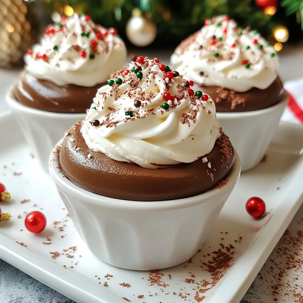 Für die Weihnachts-Schokoladenmousse-Becher benötigst du: - 200g Zartbitterschokolade (70% Kakao), grob gehackt - 3 große Eier, getrennt - 60g Zucker - 1 Teelöffel Vanilleextrakt - 240ml Schlagsahne - Eine Prise Salz - Schlagsahne, zum Garnieren - Feiertagstreusel oder zerstoßene Pfefferminzbonbons zum Dekorieren Die Qualität der Zutaten macht einen großen Unterschied. Ich empfehle, Zartbitterschokolade mit mindestens 70% Kakao zu wählen. Diese Schokolade hat reichhaltige Aromen und eine tiefe Farbe. Achte darauf, frische Eier zu verwenden. Frische Eier sorgen für eine bessere Textur in der Mousse. Der Zucker sollte fein sein, damit er sich gut auflöst. Hochwertige Vanilleextrakte geben der Mousse einen tollen Geschmack. Verwende echte Vanille, nicht künstliche Aromen. Achte beim Kauf auf die Herkunft der Schokolade. Schokolade aus Europa hat oft einen besseren Geschmack. Probiere verschiedene Marken aus, um deine Lieblingsschokolade zu finden. Du kannst auch Schokolade mit verschiedenen Kakaoanteilen testen. Höhere Kakaoanteile bieten intensivere Aromen. Lies die Zutatenliste. Die besten Sorten haben wenig Zusatzstoffe. Wenn du die Schokolade schmelzen möchtest, wähle eine, die gut schmilzt und cremig wird. {{ingredient_image_2}} Um die beste Mousse zu machen, schmelze zuerst die Schokolade. Nimm 200g Zartbitterschokolade und hacke sie grob. Lege die Schokolade in eine hitzebeständige Schüssel. Stelle diese Schüssel über einen Topf mit köchelndem Wasser. Rühre die Schokolade ständig, bis sie ganz geschmolzen ist. Pass auf, dass kein Wasser in die Schokolade gelangt. Nimm die Schüssel vom Herd und lass die Schokolade leicht abkühlen. In einer Rührschüssel verquirlst du nun die Eigelbe. Nimm 3 große Eier und trenne die Eigelbe von den Eiweißen. Füge 60g Zucker und 1 Teelöffel Vanilleextrakt hinzu. Schlage die Mischung, bis sie blass und cremig aussieht. Dann rühre langsam die geschmolzene Schokolade unter. Achte darauf, dass alles gut vermischt ist. Jetzt kommen die Eiweiße dran. Nimm eine separate Schüssel und schlage die 3 Eiweiße mit einer Prise Salz. Schlage sie, bis sich feste Spitzen bilden. Das wird deine Mousse schön luftig machen. Hebe die Eiweiße vorsichtig in die Schokoladenmischung. Mach das langsam, damit die Luft nicht entweicht. In einer weiteren Schüssel schlägst du 240ml Schlagsahne, bis sich weiche Spitzen bilden. Das ist der nächste Schritt für die perfekte Mousse. Hebe die Schlagsahne vorsichtig unter die Schokoladenmischung. Rühre so lange, bis alles gut vermischt ist und luftig aussieht. Jetzt ist es Zeit, die Mousse in Becher zu füllen. Nimm kleine Becher oder Schnapsgläser und fülle sie mit der Mousse. Stelle die Becher für mindestens 2 Stunden in den Kühlschrank. So wird die Mousse fest und lecker. Vor dem Servieren kannst du einen Klecks Schlagsahne darauf geben. Dekoriere die Mousse mit Feiertagstreuseln oder zerstoßenen Pfefferminzbonbons. So sieht alles festlich aus! Ich empfehle, die Weihnachts-Schokoladenmousse-Becher einen Tag vorher zu machen. So haben sie genug Zeit, um im Kühlschrank zu festigen. Wenn du sie einen Tag früher machst, kannst du dich am Tag der Feier mehr entspannen. Plane also im Voraus. Ein häufiges Problem ist, wenn die Mousse nicht luftig wird. Achte darauf, die Eiweiße richtig zu schlagen. Sie müssen steif sein, bevor du sie unterhebst. Drücke beim Mischen vorsichtig, um die Luft nicht herauszudrücken. Auch die Schokolade sollte nicht zu heiß sein, wenn du sie mit den Eiern vermengst. Wenn sie zu heiß ist, können die Eier stocken. Die Präsentation macht viel aus. Fülle die Mousse in kleine Becher oder Schnapsgläser. Vor dem Servieren gib einen Klecks Schlagsahne obenauf. Dekoriere sie mit Feiertagstreuseln oder zerstoßenen Pfefferminzbonbons. Arrangiere die Becher auf einem schönen Tablett. Streue etwas Kakaopulver rundherum für einen eleganten Touch. Ein Zweig Minze oder Stechpalme gibt dem Ganzen einen festlichen Flair. Pro Tipps Schokolade richtig schmelzen: Verwenden Sie ein Wasserbad, um die Schokolade gleichmäßig und schonend zu schmelzen, damit sie nicht anbrennt. Eiweiße optimal schlagen: Stellen Sie sicher, dass Ihre Rührschüssel und -geräte sauber und fettfrei sind, damit die Eiweiße besser steif werden. Gleichmäßiges Unterheben: Fügen Sie die geschlagene Sahne in mehreren Portionen hinzu und heben Sie sie sanft unter, um die Luftigkeit der Mousse zu erhalten. Vorausplanung: Bereiten Sie die Mousse einen Tag im Voraus zu, damit sie über Nacht fest wird und die Aromen sich entfalten können. {{image_4}} Um deine Weihnachts-Schokoladenmousse-Becher aufzupeppen, füge neue Aromen hinzu. Hier sind einige Ideen: - Kaffee: Ein Teelöffel Espressopulver kann der Mousse einen tiefen Geschmack geben. - Orangen: Ein Spritzer Orangensaft oder etwas Abrieb bringt eine frische Note. - Karamell: Karamellsauce kann beim Schichten zwischen der Mousse verwendet werden. Experimentiere mit diesen Zutaten, um deinen eigenen Stil zu finden. Diese Variationen machen das Dessert einzigartig und spannend. Die Dekoration macht den Unterschied. Hier sind einige kreative Ideen für das Topping: - Frische Beeren: Himbeeren oder Erdbeeren sorgen für Farbe und Frische. - Schokoladenspäne: Dunkle oder weiße Schokolade verleiht einen eleganten Look. - Kekskrümel: Zerkleinerte Plätzchen passen perfekt für eine knusprige Textur. Diese Dekorationen schaffen ein festliches Gefühl und machen das Dessert zum Hingucker auf deinem Tisch. Wenn du eine gesunde Variante möchtest, gibt es viele Optionen. Hier sind einige Tipps: - Avocado: Verwende reife Avocado anstelle von Sahne. Sie macht die Mousse cremig und gesund. - Honig oder Ahornsirup: Diese Süßstoffe sind natürliche Alternativen zu Zucker. - Kakaopulver: Nutze ungesüßtes Kakaopulver für weniger Zucker und mehr Ballaststoffe. Diese gesunden Anpassungen machen das Dessert leichter und trotzdem lecker. Probier sie aus und finde, was dir am besten schmeckt! Die Weihnachts-Schokoladenmousse-Becher sind ein echter Genuss. Sie halten sich im Kühlschrank bis zu drei Tage. Achte darauf, sie gut abzudecken. So bleibt die Textur frisch und lecker. Wenn du sie länger aufbewahren möchtest, kannst du sie auch einfrieren. Du solltest sie dann innerhalb von zwei Monaten genießen. Nach dem Auftauen ist die Mousse jedoch etwas weniger luftig. Kühle die Mousse mindestens zwei Stunden vor dem Servieren. So wird sie fest und cremig. Stelle die Becher in den kältesten Teil des Kühlschranks. Dies hilft, die perfekte Konsistenz zu erreichen. Zum Servieren kannst du die Mousse direkt aus den Bechern genießen. Ein Klecks Schlagsahne obendrauf macht sie noch festlicher. Du kannst die Mousse einen Tag vorher zubereiten. So hast du am Tag der Feier weniger Stress. Dekoriere die Becher erst kurz vor dem Servieren. So bleibt die Schlagsahne frisch und die Streusel bleiben knackig. Das macht deine Mousse-Becher noch ansprechender und leckerer. Die Zubereitung dauert etwa 20 Minuten. Dann muss die Mousse mindestens 2 Stunden kühlen. Insgesamt sind es also etwa 2 Stunden und 20 Minuten. Dieser Zeitraum ist wichtig, um die Mousse fest zu bekommen. Geduld lohnt sich, denn die Mousse wird so perfekt. Ja, du kannst die Mousse auch ohne Eier machen. Verwende stattdessen eine Mischung aus Seidentofu und Schlagsahne. Das macht die Mousse ebenfalls cremig. Diese Option ist auch vegan und für viele Diäten geeignet. Achte darauf, die Schokolade gut zu schmelzen und alles gut zu vermengen. Die besten Zutaten sind frische Eier, hochwertige Schokolade und frische Sahne. Die Eier geben der Mousse ihre Luftigkeit. Hochwertige Schokolade sorgt für einen reichen Geschmack. Die Sahne macht die Mousse schön cremig. Achte darauf, die Sahne nicht zu lange zu schlagen, damit sie noch luftig bleibt. Um die Mousse kinderfreundlicher zu machen, kannst du die Schokolade durch Milchschokolade ersetzen. Das macht sie süßer und milder. Füge auch etwas mehr Vanilleextrakt hinzu, um den Geschmack zu verbessern. Du kannst die Mousse mit bunten Streuseln oder frischen Früchten dekorieren. So wird sie für Kinder noch ansprechender! Die Weihnachts-Schokoladenmousse-Becher sind einfach und lecker. Wir haben hochwertige Zutaten besprochen, um den besten Geschmack zu erzielen. Du hast gelernt, wie man die Mousse richtig zubereitet und anrichtet. Unsere Tipps helfen dir, Fehler zu vermeiden und die Mousse perfekt zu präsentieren. Denke auch an die Variationen für zusätzlichen Genuss. Achte auf die richtige Lagerung, damit deine Mousse frisch bleibt. Mit diesen Informationen kannst du jetzt festliche Schokoladenmousse-Becher zubereiten, die jeden begeistern. Viel Spaß beim Ausprobieren!