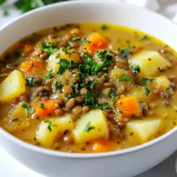 - 1 Tasse grüne oder braune Linsen, gut abgespült - 2 mittelgroße Kartoffeln, gewürfelt - 1 mittelgroße Zwiebel, gehackt Die Hauptzutaten sind einfach zu finden. Linsen sind gesund und lecker. Kartoffeln geben der Suppe eine tolle Konsistenz. Zwiebeln sorgen für einen aromatischen Geschmack. - 2 Karotten, gewürfelt - 2 Selleriestangen, gewürfelt - 3 Knoblauchzehen, gehackt Karotten bringen Süße in die Suppe. Sellerie fügt einen frischen, knackigen Geschmack hinzu. Knoblauch macht alles besser mit seinem starken Aroma. Diese Zutaten machen die Suppe bunt und nahrhaft. - 6 Tassen Gemüsebrühe - 2 Esslöffel Olivenöl - 1 Lorbeerblatt Gemüsebrühe gibt der Suppe Tiefe. Olivenöl sorgt für einen reichhaltigen Geschmack. Das Lorbeerblatt rundet alles ab. Diese Flüssigkeiten sind wichtig für die perfekte Konsistenz. {{ingredient_image_2}} Zuerst erhitze ich das Olivenöl in einem großen Topf. Bei mittlerer Hitze gebe ich die gehackte Zwiebel, Karotten und Sellerie dazu. Ich brate sie etwa fünf Minuten lang an, bis sie weich werden. Dann füge ich den gehackten Knoblauch, Kreuzkümmel und geräucherte Paprika hinzu. Ich rühre oft um, bis der Knoblauch gut riecht. Jetzt gebe ich die gewürfelten Kartoffeln und die abgespülten Linsen in den Topf. Ich rühre alles gut um, sodass die Linsen und Kartoffeln die Gewürze aufnehmen. Danach gieße ich die Gemüsebrühe in den Topf und füge das Lorbeerblatt hinzu. Ich bringe die Mischung zum Kochen und reduziere dann die Hitze, damit sie sanft köchelt. Nach etwa 30 bis 35 Minuten sind die Linsen und Kartoffeln zart. Jetzt entferne ich das Lorbeerblatt und schmecke die Suppe mit Salz und Pfeffer ab. Für eine cremige Konsistenz benutze ich einen Stabmixer. Ich püriere einen Teil der Suppe im Topf oder mache das in einem Mixer. Dann gebe ich die pürierte Suppe zurück in den Topf. Heiß servieren und nach Belieben mit frischer Petersilie garnieren. - Verwendung von frischen Kräutern: Frische Kräuter bringen Farbe und Geschmack. Petersilie passt gut. Frischer Thymian oder Rosmarin sind auch tolle Optionen. Einfach am Ende hinzufügen. - Experimentieren mit Gewürzen: Du kannst die Gewürze anpassen. Probiere Curry oder Chili für mehr Hitze. Ein Spritzer Zitronensaft bringt Frische. - Zu dünn oder zu dick?: Wenn die Suppe zu dünn ist, koche sie länger. Füge mehr Linsen oder Kartoffeln hinzu. Ist sie zu dick, gib etwas Brühe dazu. - Püriertechniken: Für eine cremige Suppe verwende einen Stabmixer. Püriere einen Teil der Suppe direkt im Topf. Alternativ kannst du einen Mixer nutzen. Püriere einige Tassen und gib sie zurück in den Topf. - Beilagen und Dips: Serviere die Suppe mit knusprigem Brot. Ein einfacher Joghurt-Dip passt auch gut dazu. - Präsentationstipps für die Suppe: Fülle die Suppe in tiefe Schalen. Träufle Olivenöl darüber und streue frische Petersilie oben drauf. Das sieht toll aus und schmeckt super! Profi Tipps Die Linsen richtig auswählen: Verwenden Sie grüne oder braune Linsen für eine bessere Textur. Diese Sorten behalten beim Kochen ihre Form und sorgen für eine herzhaftere Suppe. Für mehr Geschmack sorgen: Rösten Sie die Gewürze (Kreuzkümmel und Paprika) vor dem Hinzufügen in der Pfanne. Dies hebt die Aromen hervor und verleiht der Suppe eine tiefere Geschmacksnote. Die Konsistenz anpassen: Wenn Sie die Suppe cremiger wünschen, pürieren Sie einen Teil der Mischung mit einem Stabmixer. So erhalten Sie die perfekte Balance zwischen stückigen und cremigen Elementen. Frische Kräuter verwenden: Garnieren Sie die Suppe mit frischer Petersilie oder anderen Kräutern wie Thymian oder Koriander, um zusätzliches Aroma und Farbe zu verleihen. {{image_4}} Für mehr Geschmack und Textur kann man gemischtes Gemüse verwenden. Möhren, Erbsen oder Paprika passen gut dazu. Diese Zutaten bringen frische Farben in die Suppe. Auch andere Hülsenfrüchte wie Kichererbsen oder Bohnen sind eine tolle Ergänzung. Sie machen die Suppe noch nahrhafter und sättigender. Wenn du die Suppe vegan machen willst, wähle eine gute pflanzliche Brühe. Gemüsebrühe ist oft eine gute Wahl. Du kannst auch Kokosmilch für eine cremige Note verwenden. Für einen extra Kick füge frische Kräuter wie Koriander oder Basilikum hinzu. Sie verleihen der Suppe mehr Aroma und Frische. Im Herbst ist Kürbis eine wunderbare Ergänzung. Er macht die Suppe süß und cremig. Einfach gewürfelten Kürbis mit den Linsen und Kartoffeln kochen. Im Sommer kannst du frisches Gemüse wie Zucchini oder Tomaten verwenden. Diese machen die Suppe leicht und erfrischend. Um die Linsen-Kartoffelsuppe frisch zu halten, lagere sie im Kühlschrank. Stelle sicher, dass sie in einem luftdichten Behälter ist. So bleibt der Geschmack besser erhalten. Du kannst die Suppe auch einfrieren. Das geht gut für bis zu drei Monate. Fülle die Suppe in Gefrierbeutel oder -behälter, damit sie nicht ausläuft. Achte darauf, etwas Platz zu lassen, da die Suppe beim Gefrieren expandiert. Frische Suppe bleibt im Kühlschrank etwa drei bis vier Tage genießbar. Aufbewahrte Suppe kann ihre Frische verlieren. Überprüfe die Suppe auf Veränderungen. Wenn sie einen unangenehmen Geruch hat oder die Farbe sich ändert, wirf sie weg. Diese Zeichen deuten auf Verderblichkeit hin. Erwärme die Suppe vor dem Servieren richtig. Du kannst sie in einem Topf oder in der Mikrowelle erhitzen. Bei der Herdmethode, rühre die Suppe gut um, damit sie gleichmäßig heiß wird. Bei der Mikrowelle, decke die Schüssel ab, um Spritzer zu vermeiden. Überprüfe die Temperatur, bevor du servierst. So sicherst du, dass die Suppe heiß und lecker bleibt. Die Linsen-Kartoffelsuppe bleibt im Kühlschrank etwa 4 bis 5 Tage frisch. Achte darauf, sie in einem luftdichten Behälter zu lagern. Zum Einfrieren kannst du die Suppe in Portionen aufteilen. So bleibt sie bis zu 3 Monate haltbar. Achte darauf, die Suppe vorher abkühlen zu lassen, bevor du sie einfrierst. Ja, du kannst andere Linsen verwenden. Grüne und braune Linsen sind die besten Optionen für diese Suppe. Rote Linsen kochen schneller, werden aber weicher. Daher ist die Textur anders. Schwarze Linsen, auch Beluga-Linsen genannt, haben einen nussigen Geschmack. Sie brauchen jedoch länger zum Kochen. Experimentiere mit verschiedenen Sorten, um deinen Favoriten zu finden. Ja, die Linsen-Kartoffelsuppe ist sehr nährstoffreich. Sie enthält Ballaststoffe, Proteine und viele Vitamine. Wenn du die Kalorien reduzieren möchtest, verwende weniger Öl oder ersetze es durch Wasser. Du kannst auch die Kartoffeln durch mehr Gemüse ersetzen. Diese Anpassungen machen die Suppe leicht und gesund für verschiedene Diäten. Die Linsen-Kartoffelsuppe ist einfach zuzubereiten und sehr nahrhaft. Wir haben die Hauptzutaten wie Linsen, Kartoffeln und Gemüse besprochen. Ich habe erklärt, wie du die Suppe Schritt für Schritt zubereitest und Tipps gegeben, um den Geschmack zu verbessern. Du kannst die Suppe auch vielfältig abwandeln, je nach Saison und persönlichen Vorlieben. Schließlich habe ich die besten Lagerungshinweise geteilt, um die Frische zu gewährleisten. Probiere es aus und genieße deine eigene cremige Linsen-Kartoffelsuppe!