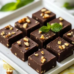 Um köstliches Mint Chocolate Fudge zu machen, brauchst du einige Hauptzutaten. Hier sind sie: - 2 Tassen halbsüße Schokoladenstückchen - 1 (400g) Dose gesüßte Kondensmilch - 1 Teelöffel Pfefferminzextrakt - 1/4 Teelöffel Salz - 1/2 Tasse zerstoßene Pfefferminzbonbons oder Schokoladenminzbonbons Diese Zutaten machen das Fudge reichhaltig und schokoladig. Die Schokolade gibt den süßen Geschmack. Die Kondensmilch sorgt für die cremige Textur. Du kannst dein Fudge mit einigen optionalen Zutaten verfeinern: - Grüne Lebensmittelfarbe - 1/2 Tasse gehackte Walnüsse Die grüne Lebensmittelfarbe macht das Fudge besonders festlich. Die Walnüsse fügen einen knackigen Biss hinzu. Jede Zutat spielt eine wichtige Rolle. - Schokoladenstückchen: Sie sind die Basis und geben den Hauptgeschmack. - Kondensmilch: Sie sorgt für die Süße und die weiche Konsistenz. - Pfefferminzextrakt: Er verleiht dem Fudge den frischen Minzgeschmack. - Salz: Ein kleiner Anteil hebt die Süße der Schokolade hervor. - Zerstoßene Pfefferminzbonbons: Sie geben einen zusätzlichen Minzkick und Textur. Durch das richtige Zusammenspiel dieser Zutaten entsteht ein leckeres und ausgewogenes Fudge. {{ingredient_image_2}} Lege eine quadratische Backform mit Backpapier aus. Die Ränder sollten überhängen. Das hilft, das Fudge später einfach herauszunehmen. Gib die halbsüßen Schokoladenstückchen und die gesüßte Kondensmilch in einen Topf. Erhitze die Mischung langsam. Rühre ständig, bis alles geschmolzen ist. Die Mischung sollte glatt und cremig sein. Nimm den Topf vom Herd. Rühre den Pfefferminzextrakt und das Salz ein. Wenn du magst, füge grüne Lebensmittelfarbe hinzu. Mische gut, bis die Farbe gleichmäßig ist. Gieße die Fudge-Mischung in die Backform. Verwende einen Spatel, um sie gleichmäßig zu verteilen. Glätte die Oberfläche, damit sie schön aussieht. Stelle die Backform in den Kühlschrank. Lass das Fudge mindestens zwei Stunden fest werden. Wenn es fest ist, nimm es aus der Form. Schneide es in kleine Stücke oder Rechtecke. Um die perfekte Konsistenz zu erreichen, achte auf die Temperatur. Schmelze die Schokolade bei niedriger Hitze. Rühre ständig um, damit nichts anbrennt. Wenn die Mischung zu fest wird, füge etwas mehr Kondensmilch hinzu. Das hilft, das Fudge schön cremig zu halten. Wenn du grüne Lebensmittelfarbe verwendest, füge sie nach dem Schmelzen hinzu. Beginne mit einem kleinen Tropfen. Mische gut, bis die Farbe gleichmäßig ist. Du kannst mehr hinzufügen, wenn du eine intensivere Farbe möchtest. Achte darauf, dass die Farbe nicht den Geschmack überdeckt. Ein häufiger Fehler ist, die Schokolade zu stark zu erhitzen. Das kann dazu führen, dass sie krümelig wird. Stelle sicher, dass du die Mischung vom Herd nimmst, sobald die Schokolade geschmolzen ist. Wenn du die Walnüsse hinzufügst, schneide sie klein. So verteilen sie sich besser im Fudge. Pro Tipps Schokolade langsam schmelzen: Achte darauf, die Schokolade bei niedriger Hitze zu schmelzen, um ein Anbrennen zu vermeiden und eine glatte Konsistenz zu erhalten. Pfefferminzbonbons richtig zerkleinern: Verwende einen Gefrierbeutel und einen Nudelholz, um die Pfefferminzbonbons gleichmäßig zu zerstoßen, sodass sie gut im Fudge verteilt werden. Fudge richtig kühlen: Stelle sicher, dass der Fudge mindestens 2 Stunden im Kühlschrank bleibt, damit er fest wird und sich leicht schneiden lässt. Variationen ausprobieren: Experimentiere mit verschiedenen Nussarten oder füge andere Aromen wie Vanille oder Karamell hinzu, um deinen eigenen einzigartigen Fudge zu kreieren. {{image_4}} Du kannst das Fudge auf viele Arten anpassen. Zum Beispiel kannst du statt Pfefferminzextrakt Vanille oder Orangenaroma verwenden. Diese Aromen geben dem Fudge eine ganz neue Note. Du kannst auch mit verschiedenen Kräutern experimentieren, wie Rosmarin oder Thymian, für eine besondere Wendung. Nüsse machen das Fudge knusprig und lecker. Du kannst Walnüsse, Mandeln oder Haselnüsse verwenden. Wenn du es süßer magst, füge zusätzlich Schokoladenstückchen oder Mini-Marshmallows hinzu. Diese Zutaten machen das Fudge noch schmackhafter und aufregender. Für veganes Fudge kannst du die gesüßte Kondensmilch durch Kokosmilch ersetzen. Achte darauf, dass die Schokoladenstückchen vegan sind. Glutenfreies Fudge ist einfach zu machen, da die Hauptzutaten natürlich glutenfrei sind. So kannst du alle genießen, ohne sich Sorgen zu machen. Um dein Mint Chocolate Fudge frisch zu halten, lege es in einen luftdichten Behälter. Stelle sicher, dass der Behälter sauber und trocken ist. Du kannst das Fudge auch in Wachspapier einwickeln, bevor du es in den Behälter legst. Das schützt das Fudge vor Feuchtigkeit und Gerüchen. Das Mint Chocolate Fudge bleibt im Kühlschrank bis zu zwei Wochen frisch. Wenn du es bei Raumtemperatur lagerst, genieße es innerhalb einer Woche. Achte darauf, dass es nicht in der Sonne steht. Die Hitze kann das Fudge weich machen und den Geschmack beeinträchtigen. Wenn du Reste hast, schneide sie in kleine Stücke und verwende sie als Topping. Sie passen perfekt auf Eis oder in Milchshakes. Du kannst auch kleine Portionen verschenken oder in Geschenktüten packen. So erfreust du Familie und Freunde mit deinem leckeren Fudge! Es dauert etwa 15 Minuten, um die Zutaten vorzubereiten. Nach dem Mischen muss das Fudge mindestens 2 Stunden im Kühlschrank kühlen. Insgesamt sind es also etwa 2 Stunden und 15 Minuten bis du es genießen kannst. Ja, du kannst die Zuckermenge anpassen. Wenn du es weniger süß magst, verwende weniger gesüßte Kondensmilch oder halbsüße Schokoladenstückchen. Das ändert jedoch den Geschmack und die Textur des Fudge. Um Fudge einzufrieren, schneide es in Stücke und lege sie in einen luftdichten Behälter. Du kannst auch Backpapier zwischen die Schichten legen, damit sie nicht zusammenkleben. Fudge bleibt so bis zu 3 Monate frisch. Das beste Rezept hängt von deinem Geschmack ab. Dieses Rezept für Pfefferminz-Schokoladen-Fudge ist einfach und lecker. Du kannst es leicht anpassen, um neue Geschmäcker zu entdecken. Zusammenfassend haben wir die Zutaten für Pfefferminz-Schokoladen-Fudge besprochen. Die Hauptzutaten schaffen den vollen Geschmack, während optionale Zutaten ihn verfeinern. Die Schritt-für-Schritt-Anleitung macht die Zubereitung leicht. Tipps helfen dir, die perfekte Konsistenz zu erreichen und häufige Fehler zu vermeiden. Variationen zeigen, wie du kreativ werden kannst. Zudem sind Lagerungshinweise wichtig, um dein Fudge frisch zu halten. Experimentiere mit den Rezepten und genieße die süßen Ergebnisse!