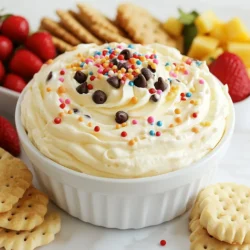 Um einen köstlichen Zucker-Keks-Dip zu machen, benötigst du folgende Zutaten: - 1 Tasse Frischkäse, weich - ½ Tasse ungesalzene Butter, weich - 1 Tasse Puderzucker - 1 Teelöffel Vanilleextrakt - 1 Teelöffel Mandelessenz - ¼ Teelöffel Salz - ½ Tasse Weizenmehl (zur Sicherheit erhitzt) - 1 Tasse Mini-Schokoladenstückchen oder Streusel Diese Zutaten geben dem Dip eine cremige Textur und einen süßen Geschmack. Frischkäse und Butter sorgen für die Basis, während Puderzucker die Süße bringt. Vanille und Mandelessenz fügen eine feine Note hinzu. Das erhitzte Mehl macht den Dip sicher und lecker. Der Dip schmeckt am besten mit verschiedenen Dippern. Hier sind einige tolle Ideen: - Zuckerplätzchen - Graham-Cracker - Obstscheiben (wie Äpfel oder Bananen) - Brezeln Diese Dipper bieten eine schöne Mischung aus süß und salzig. Du kannst nach Lust und Laune kombinieren. Experimentiere, um deinen Lieblingsdipper zu finden! Wähle frische Zutaten für den besten Geschmack. Achte beim Frischkäse und der Butter auf hohe Qualität. Bio-Zutaten sind oft geschmackvoller und gesünder. Beim Puderzucker kannst du darauf achten, dass er fein gemahlen ist. Das hilft, Klumpen zu vermeiden. Wenn du die Schokoladenstückchen wählst, suche nach hochwertigen Marken. Sie bringen den besten Geschmack in deinen Dip. {{ingredient_image_2}} Um den Zucker-Keks-Dip zu machen, brauchst du eine große Schüssel. Beginne mit dem weichen Frischkäse und der weichen Butter. Mische diese beiden Zutaten mit einem elektrischen Mixer. Schlage sie 2 bis 3 Minuten lang, bis sie glatt sind. Danach füge langsam den Puderzucker hinzu. Mische zuerst auf niedriger Geschwindigkeit, um eine Sauerei zu vermeiden. Erhöhe dann die Geschwindigkeit und schlage weiter, bis die Mischung fluffig wird. Jetzt ist es Zeit für den Vanilleextrakt, die Mandelessenz und das Salz. Mische alles gut, damit sich die Aromen verbinden. Füge das erhitzte Weizenmehl langsam hinzu. Rühre vorsichtig, bis alles vermischt ist. Übermischen ist nicht nötig! Zum Schluss hebe die Mini-Schokoladenstückchen oder Streusel unter. Bewahre ein paar für die Garnitur. Um die perfekte cremige Konsistenz zu erreichen, ist es wichtig, die Zutaten gut zu mischen. Stelle sicher, dass der Frischkäse und die Butter weich sind. Dies macht das Mischen einfacher. Verwende einen elektrischen Mixer, um Luft einzuschließen. Das sorgt für eine luftige Textur. Wenn du das Mehl hinzufügst, rühre sanft. So bleibt der Dip schön cremig und wird nicht zu fest. Die Kühlzeit von 15 bis 20 Minuten ist wichtig. Sie hilft dem Dip, sich zu setzen und die Aromen zu intensivieren. Stelle sicher, dass der Dip gut abgedeckt ist, damit er frisch bleibt. Während der Kühlzeit kannst du die Dipper vorbereiten. Lege eine Auswahl an Zuckerplätzchen, Graham-Crackern und frischem Obst bereit. So ist alles bereit, wenn der Dip kühl genug ist, um serviert zu werden. Ein häufiger Fehler ist das Übermischen der Zutaten. Du solltest nur so lange rühren, bis alles gut vermischt ist. Zu viel Rühren kann den Dip schwer und weniger luftig machen. Achte auch darauf, dass der Frischkäse und die Butter weich sind. Kalte Zutaten führen zu Klumpen und einer schlechten Textur. Für eine festliche Präsentation kannst du den Dip in einem schönen Glas oder einer dekorativen Schüssel servieren. Platziere ihn auf einem großen Tisch mit verschiedenen Dippern. Frische Früchte wie Erdbeeren oder Ananas passen gut dazu. Du kannst auch ein paar Kekse in die Mitte legen, um den Dip zu verzieren. So wird jede Feier zum süßen Erlebnis! Um dem Dip eine persönliche Note zu geben, probiere verschiedene Aromen aus. Du kannst Zimt oder Muskatnuss hinzufügen, um einen warmen Geschmack zu erzeugen. Auch ein Spritzer Zitronensaft kann für frische Akzente sorgen. Wenn du Nüsse magst, füge gehackte Mandeln oder Walnüsse hinzu. Experimentiere, bis du deinen perfekten Geschmack gefunden hast! Pro Tipps Frischkäse und Butter: Verwenden Sie Zimmertemperatur-Produkte, um eine glatte und cremige Konsistenz zu erreichen. Puderzucker hinzufügen: Fügen Sie den Puderzucker schrittweise hinzu, um ein Verspritzen zu vermeiden und eine luftige Textur zu gewährleisten. Mehl erhitzen: Stellen Sie sicher, dass das Mehl vor der Verwendung erhitzt wird, um eventuelle Bakterien abzutöten und die Sicherheit des Dips zu gewährleisten. Garnieren: Behalten Sie einige Schokoladenstückchen oder Streusel für die Garnitur zurück, um dem Dip einen ansprechenden Look zu verleihen. {{image_4}} Zucker-Keks-Dip ist sehr anpassbar. Du kannst verschiedene Aromen ausprobieren. Füge zum Beispiel Zimt für einen warmen Geschmack hinzu. Schokoladendip mit Kakaopulver gibt einen schokoladigen Kick. Für fruchtigen Genuss probiere Himbeeren oder Erdbeeren im Dip. Diese Alternativen bringen frischen Wind in dein Rezept. Für glutenfreie Optionen kannst du einfach das Weizenmehl ersetzen. Nutze stattdessen Mandelmehl oder glutenfreies Mehl. Achte darauf, dass alle anderen Zutaten ebenfalls glutenfrei sind. So genießt jeder den Dip ohne Bedenken und mit vollem Geschmack. Du kannst den Zucker-Keks-Dip leicht anpassen, um ihn saisonal zu gestalten. Für den Herbst, füge Kürbispüree und Gewürze wie Muskatnuss hinzu. Zu Weihnachten kannst du Minze und Schokoladenstückchen verwenden. Diese kleinen Anpassungen machen deinen Dip passend für jede Feier. Um den Zucker-Keks-Dip frisch zu halten, lege ihn in einen luftdichten Behälter. So bleibt die Cremigkeit erhalten. Stelle den Behälter in den Kühlschrank. Vermeide es, ihn offenen Behältern zu lassen. Das hilft, den Geschmack nicht zu verlieren. Im Kühlschrank bleibt der Dip etwa 5 bis 7 Tage frisch. Achte darauf, ihn gut zu verschließen. Wenn du ein wenig Schimmel oder einen seltsamen Geruch bemerkst, wirf ihn weg. Sicherheit steht an erster Stelle. Du kannst den Zucker-Keks-Dip auch einfrieren. Teile ihn in Portionen auf und lege ihn in gefriergeeignete Behälter. Achte darauf, etwas Platz für die Ausdehnung zu lassen. So bleibt der Geschmack auch nach dem Einfrieren erhalten. Wenn du ihn genießen möchtest, taue ihn einfach im Kühlschrank auf. Ja, du kannst die Zutaten anpassen. Statt Frischkäse könntest du Quark verwenden. Magst du es süßer? Füge etwas mehr Puderzucker hinzu. Du kannst auch verschiedene Aromen ausprobieren. Zum Beispiel, füge einen Teelöffel Zimt für einen warmen Geschmack hinzu. Der Zucker-Keks-Dip bleibt im Kühlschrank etwa 3 bis 5 Tage frisch. Achte darauf, ihn in einem luftdichten Behälter zu lagern. So bleibt er cremig und lecker. Wenn du ihn länger aufbewahren willst, kannst du ihn auch einfrieren. Du hast viele Möglichkeiten! Zuckerplätzchen sind perfekt, um den Dip zu genießen. Graham-Cracker geben einen tollen Crunch. Frisches Obst, wie Äpfel oder Erdbeeren, sorgt für einen fruchtigen Kontrast. Brezeln bringen eine salzige Note und machen den Dip noch besser. Der Zucker-Keks-Dip ist einfach zuzubereiten. Wir haben die besten Zutaten, Tipps und Variationen behandelt. Denke daran, kleine Fehler zu vermeiden, um das Beste aus deinem Dip herauszuholen. Probiere neue Geschmacksrichtungen und ergänze den Dip mit deiner eigenen Note. So wird dein Dip zum Hit bei jedem Anlass. Lagere ihn richtig, damit er frisch bleibt. Dein köstlicher Dip wird sicher viele Freunde finden!