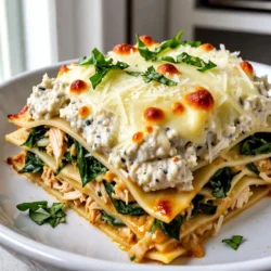 Für die Ultimate Chicken Lasagna benötigst du: - 2 Tassen gekochtes, zerrissenes Hähnchen - 12 Lasagne-Nudeln - 2 Tassen Ricotta-Käse - 2 Tassen geriebener Mozzarella-Käse - 1/2 Tasse geriebener Parmesan-Käse - 1 Ei - 4 Tassen frischer oder gefrorener Spinat (bei gefrorenem Spinat auftauen und abtropfen lassen) - 3 Tassen Marinara-Sauce - 2 Knoblauchzehen, fein gehackt Diese Zutaten sind die Basis für ein reichhaltiges und schmackhaftes Gericht. Das zerrissene Hähnchen bringt Protein, während der Ricotta-Käse eine cremige Textur fügt. Die Lasagne-Nudeln halten alles zusammen. Wichtig sind auch die Gewürze: - 1 Teelöffel getrockneter Oregano - 1 Teelöffel getrocknetes Basilikum - Salz und Pfeffer nach Geschmack - Frische Basilikumblätter zur Garnierung (optional) Oregano und Basilikum verleihen der Lasagne einen herrlichen Geschmack. Salz und Pfeffer helfen, die Aromen zu verstärken. Die frischen Basilikumblätter sind eine schöne Garnitur. Wenn du frische Zutaten wählst, achte auf: - Hähnchen: Wähle frisches, mageres Hähnchen ohne Haut. - Spinat: Achte darauf, dass die Blätter knackig und grün sind. - Käse: Kaufe hochwertige Käsesorten. Sie schmelzen besser und schmecken toll. Frische Zutaten machen deine Lasagne noch besser. Sie sorgen für mehr Geschmack und Nährstoffe. Achte beim Einkauf darauf, dass alles frisch aussieht und du die beste Qualität bekommst. {{ingredient_image_2}} Heize deinen Ofen auf 190°C vor. Dies sorgt für eine gleichmäßige Hitze. Nimm eine große Rührschüssel und gib 2 Tassen Ricotta-Käse hinein. Füge ein Ei, 2 fein gehackte Knoblauchzehen, 1 Teelöffel getrockneten Oregano, 1 Teelöffel getrocknetes Basilikum, Salz und Pfeffer hinzu. Mische alles gut, bis die Mischung glatt ist. Stelle sie beiseite, während du die Nudeln und die Füllung vorbereitest. Koche 12 Lasagne-Nudeln nach den Anweisungen auf der Packung. Achte darauf, dass sie al dente sind. Lasse sie abtropfen und lege sie auf ein sauberes Küchentuch. In einer großen Schüssel vermenge 2 Tassen gekochtes, zerrissenes Hähnchen mit 4 Tassen frischem oder aufgetautem Spinat und der Hälfte des geriebenen Mozzarella-Käses. Diese Mischung wird die Hauptfüllung für deine Lasagne sein. Nimm eine gefettete Backform (23x33 cm) und beginne mit den Schichten. Verteile 1 Tasse Marinara-Sauce gleichmäßig auf dem Boden. Lege 4 Lasagne-Nudeln leicht überlappend darauf. Streiche die Hälfte der Ricotta-Mischung über die Nudeln. Füge die Hälfte der Hähnchen-Spinat-Mischung hinzu und streue 1/3 des geriebenen Mozzarella darüber. Wiederhole den Schichtprozess. Schließe mit den letzten 4 Lasagne-Nudeln ab. Verteile die restliche Marinara-Sauce und den restlichen Käse darauf. Decke die Form mit Aluminiumfolie ab und backe sie 30 Minuten. Entferne die Folie und backe sie weitere 15-20 Minuten, bis der Käse goldbraun ist. Lass die Lasagne 10-15 Minuten abkühlen, bevor du sie schneidest. Garniere sie nach Belieben mit frischen Basilikumblättern. Beim Lasagne machen gibt es einige Fehler, die du vermeiden solltest. Ein häufiger Fehler ist, die Nudeln zu lange zu kochen. Sie sollten al dente sein. Wenn die Nudeln zu weich sind, wird die Lasagne matschig. Ein weiterer Fehler ist, zu wenig Sauce zwischen die Schichten zu geben. Die Sauce hält die Lasagne feucht und geschmackvoll. Achte darauf, die Schichten gleichmäßig zu verteilen. Zu viel Käse kann auch ein Problem sein. Es kann die Lasagne schwer machen. Halte dich an die Mengen, die im Rezept stehen. Die Lasagne ist fertig, wenn der Käse oben sprudelt und goldbraun ist. Du kannst einen Zahnstocher in die Mitte stecken. Wenn er heiß herauskommt, ist die Lasagne durch. Auch der Duft sollte köstlich sein. Lass die Lasagne nach dem Backen etwas abkühlen. Das hilft, die Schichten zu festigen. So kannst du sie besser schneiden. Für die beste Käseschmelzung ist frischer Käse wichtig. Verwende hochwertigen Mozzarella, der gut schmilzt. Du kannst auch die Lasagne abdecken, wenn du sie backst. So bleibt die Feuchtigkeit drin und der Käse schmilzt gleichmäßig. Entferne die Folie in der letzten Backzeit. Dadurch wird der Käse schön goldbraun und knusprig. Ein kleiner Trick: Füge etwas geriebenen Parmesan oben drauf. Das gibt einen tollen Geschmack und eine schöne Kruste. Pro Tipps Frisch ist besser: Verwenden Sie frischen Spinat statt gefrorenem, um den Geschmack und die Textur zu verbessern. Käse nach Wahl: Experimentieren Sie mit verschiedenen Käsesorten wie Gouda oder Cheddar für eine interessante Geschmacksnote. Vorbereitung ist der Schlüssel: Bereiten Sie die Lasagne im Voraus vor und lassen Sie sie im Kühlschrank ruhen, damit die Aromen sich besser entfalten können. Richtige Backtemperatur: Stellen Sie sicher, dass der Ofen richtig vorgeheizt ist, um gleichmäßiges Garen und eine schöne goldbraune Kruste zu gewährleisten. {{image_4}} Wenn Sie eine fleischlose Option suchen, probieren Sie diese Variation. Anstelle von Hähnchen verwenden Sie gegrilltes Gemüse. Zucchini, Auberginen und Paprika sind großartige Optionen. Sie fügen der Lasagne Geschmack und Farbe hinzu. Diese Variante ist gesund und nahrhaft. Achten Sie darauf, das Gemüse gut zu würzen. So bleibt es nicht nur frisch, sondern auch aromatisch. Für eine glutenfreie Version können Sie spezielle Lasagne-Nudeln kaufen. Diese Nudeln sind oft aus Reis oder Mais. Sie kochen genauso wie normale Nudeln. Achten Sie auf die Packungsanweisungen. So stellen Sie sicher, dass sie perfekt al dente sind. Diese Nudeln passen gut zu unserer Lasagne und sind eine tolle Option für glutenempfindliche Menschen. Käse macht Lasagne besonders lecker. Experimentieren Sie mit verschiedenen Käsesorten. Fügen Sie zum Beispiel Feta oder Gouda hinzu. Diese Käsesorten bringen neue Aromen in die Lasagne. Sie können auch eine Mischung aus Käse verwenden. So schaffen Sie eine reichhaltige und cremige Füllung. Lassen Sie Ihrer Kreativität freien Lauf und finden Sie Ihre Lieblingskombination! Nach dem Essen bleiben oft Reste übrig. Bewahren Sie die Lasagne in einem luftdichten Behälter auf. Sie bleibt so frisch. Lagern Sie die Reste nicht länger als 3-5 Tage im Kühlschrank. Vor dem Servieren können Sie die Lasagne einfach aufwärmen. Möchten Sie die Lasagne länger aufbewahren? Dann frieren Sie sie ein! Schneiden Sie die Lasagne in Portionen. Wickeln Sie jede Portion in Frischhaltefolie. Legen Sie die Portionen in einen Gefrierbeutel oder einen luftdichten Behälter. So bleibt der Geschmack erhalten. Die Lasagne kann bis zu 3 Monate im Gefrierfach bleiben. Um die Lasagne wieder aufzuwärmen, gibt es verschiedene Methoden. - Im Ofen: Heizen Sie den Ofen auf 175°C vor. Legen Sie die Lasagne in eine Backform. Decken Sie sie mit Folie ab. Backen Sie sie 25-30 Minuten, bis sie heiß ist. - In der Mikrowelle: Legen Sie ein Stück Lasagne auf einen Teller. Decken Sie es locker mit einem feuchten Papiertuch ab. Erwärmen Sie es für 2-3 Minuten. Diese Methoden sorgen dafür, dass die Lasagne lecker bleibt. Die Zubereitung der Ultimate Chicken Lasagna dauert etwa 30 Minuten. Das Kochen der Lasagne-Nudeln und das Mischen der Zutaten nehmen die meiste Zeit in Anspruch. Das Backen im Ofen dauert dann weitere 45 Minuten. So kommen wir auf eine Gesamtzeit von etwa 1 Stunde und 15 Minuten. Ja, frisches Gemüse passt wunderbar zur Ultimate Chicken Lasagna. Du kannst Spinat, Zucchini oder Paprika verwenden. Schneide das Gemüse klein und mische es mit dem Hähnchen und dem Spinat. Frisches Gemüse gibt der Lasagne mehr Geschmack und Nährstoffe. Zu dieser Lasagne passen viele Beilagen gut. Ein frischer grüner Salat ist eine tolle Wahl. Du kannst auch Knoblauchbrot oder ein einfaches Bruschetta servieren. Diese Beilagen ergänzen die Aromen der Lasagne. Sie bringen Frische und helfen, das Gericht abzurunden. Die Ultimate Chicken Lasagna ist ein tolles Gericht mit frischen Zutaten. Wir haben die Hauptzutaten, Gewürze und nützliche Tipps zur Auswahl betrachtet. Die Schritt-für-Schritt-Anleitung macht das Kochen einfach. Denken Sie an häufige Fehler und wissen, wann die Lasagne fertig ist. Variationen wie vegetarische Optionen können den Geschmack verbessern. Schließlich gibt es nützliche Lagerungshinweise für Brühe oder Reste. Kochen Sie diese Lasagne und genießen Sie jede Schicht!