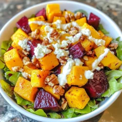 F&uuml;r diesen leckeren Salat brauchst du: - 2 mittelgro&szlig;e Rote Bete, gesch&auml;lt und gew&uuml;rfelt - 1 gro&szlig;e S&uuml;&szlig;kartoffel, gesch&auml;lt und gew&uuml;rfelt - 2 Essl&ouml;ffel Oliven&ouml;l - Salz und Pfeffer, nach Geschmack - 4 Tassen gemischte Salatbl&auml;tter (Rucola, Spinat und Romana) - 1/2 Tasse zerbr&ouml;ckelter Feta-K&auml;se - 1/4 Tasse Waln&uuml;sse, grob gehackt Jede dieser Zutaten bringt ihren eigenen Geschmack mit. Rote Bete ist s&uuml;&szlig; und erdig. S&uuml;&szlig;kartoffeln sind ebenfalls s&uuml;&szlig; und machen den Salat s&auml;ttigender. Der Feta gibt dem Gericht eine salzige Note, w&auml;hrend die Waln&uuml;sse f&uuml;r einen sch&ouml;nen Crunch sorgen. F&uuml;r das Dressing ben&ouml;tigst du: - 1/4 Tasse griechischer Joghurt - 1 Essl&ouml;ffel Zitronensaft - 1 Teel&ouml;ffel Honig - 1 Knoblauchzehe, fein gehackt - Eine Prise Salz und Pfeffer Dieses Dressing bringt Frische und Cremigkeit. Der Joghurt macht es leicht, w&auml;hrend der Honig eine s&uuml;&szlig;e Note hinzuf&uuml;gt. Der Knoblauch sorgt daf&uuml;r, dass es w&uuml;rzig und aromatisch bleibt. Wenn du Zutaten ausw&auml;hlst, achte auf die folgenden Punkte: - W&auml;hle Rote Bete, die fest und glatt sind. Vermeide weiche oder schrumpelige. - S&uuml;&szlig;kartoffeln sollten ohne dunkle Flecken oder Druckstellen sein. - Die Salatbl&auml;tter sollten knackig und gr&uuml;n sein. Vermeide gelbe oder verwelkte Bl&auml;tter. - Frischer Feta sollte cremig und nicht zu br&ouml;ckelig sein. Achte auf das Haltbarkeitsdatum. Frische Zutaten machen den Salat noch schmackhafter. Wenn m&ouml;glich, kaufe sie lokal und saisonal. So unterst&uuml;tzt du auch die Umwelt. {{ingredient_image_2}} Heize deinen Ofen auf 200&deg;C vor. Das ist wichtig f&uuml;r das R&ouml;sten. Nimm eine gro&szlig;e Sch&uuml;ssel. Gib die gew&uuml;rfelte Rote Bete und die S&uuml;&szlig;kartoffel hinein. F&uuml;ge 2 Essl&ouml;ffel Oliven&ouml;l hinzu. Streue Salz und Pfeffer dar&uuml;ber. Vermenge alles gut, bis das Gem&uuml;se gleichm&auml;&szlig;ig beschichtet ist. Lege die Rote Bete und S&uuml;&szlig;kartoffel auf ein Backblech. Achte darauf, dass sie sich nicht ber&uuml;hren. R&ouml;ste das Gem&uuml;se im Ofen f&uuml;r 25-30 Minuten. Nach 15 Minuten r&uuml;hrst du um. So wird das Gem&uuml;se gleichm&auml;&szlig;ig gar und karamellisiert. Nimm eine mittelgro&szlig;e Sch&uuml;ssel. Gib 1/4 Tasse griechischen Joghurt hinein. F&uuml;ge 1 Essl&ouml;ffel Zitronensaft und 1 Teel&ouml;ffel Honig hinzu. Hacke 1 Knoblauchzehe klein und gib sie dazu. Streue eine Prise Salz und Pfeffer in die Sch&uuml;ssel. R&uuml;hre mit einem Schneebesen, bis die Mischung glatt ist. Nimm eine gro&szlig;e Serviersch&uuml;ssel. Platziere die gemischten Salatbl&auml;tter darin. Wenn das ger&ouml;stete Gem&uuml;se abgek&uuml;hlt ist, lege es auf den Salat. Streue 1/2 Tasse zerbr&ouml;ckelten Feta-K&auml;se und 1/4 Tasse grob gehackte Waln&uuml;sse dar&uuml;ber. Tr&auml;ufle das Dressing &uuml;ber den Salat und vermenge alles gut. Garnieren kannst du nach Belieben mit mehr Feta und Waln&uuml;ssen. Serviere sofort. Um die Rote Bete und S&uuml;&szlig;kartoffeln perfekt zu r&ouml;sten, achte darauf, sie gleichm&auml;&szlig;ig zu w&uuml;rfeln. Versuche, die St&uuml;cke nicht zu klein zu schneiden, damit sie beim R&ouml;sten nicht verbrennen. - Heize deinen Ofen auf 200&deg;C vor. - Vermische das Gem&uuml;se gut mit Oliven&ouml;l, Salz und Pfeffer. - Verteile es gleichm&auml;&szlig;ig auf einem Backblech. - R&ouml;ste das Gem&uuml;se f&uuml;r 25-30 Minuten. R&uuml;hre es nach der H&auml;lfte um. So wird es goldbraun und s&uuml;&szlig;lich. F&uuml;r ein cremiges Feta-Joghurt-Dressing ist die richtige Mischung wichtig. Verwende griechischen Joghurt, um die perfekte Konsistenz zu erreichen. - Mische den Joghurt mit Zitronensaft, Honig und Knoblauch. - Schlage alles mit einem Schneebesen gut durch. - Achte darauf, dass keine Klumpen bleiben. Du kannst auch ein wenig Wasser hinzuf&uuml;gen, um es noch cremiger zu machen. Die Pr&auml;sentation deines Salats ist wichtig. Ein sch&ouml;n angerichteter Salat macht das Essen noch besser. - Lege die gemischten Salatbl&auml;tter zuerst in die Sch&uuml;ssel. - F&uuml;ge dann das ger&ouml;stete Gem&uuml;se darauf hinzu. - Streue den zerbr&ouml;ckelten Feta und die Waln&uuml;sse gleichm&auml;&szlig;ig dar&uuml;ber. Verteile das Dressing &uuml;ber den Salat kurz vor dem Servieren. So bleibt alles frisch und knackig. Pro Tipps Rote Bete richtig r&ouml;sten: Um die beste S&uuml;&szlig;e und Textur zu erzielen, sollte die Rote Bete in gleichm&auml;&szlig;ige W&uuml;rfel geschnitten werden, damit sie gleichm&auml;&szlig;ig gart. S&uuml;&szlig;kartoffel vorbereiten: Weiche S&uuml;&szlig;kartoffeln k&ouml;nnen beim R&ouml;sten matschig werden. Achte darauf, die W&uuml;rfel nicht zu klein zu schneiden, um eine bessere Konsistenz zu gew&auml;hrleisten. Dressing verfeinern: F&uuml;r mehr Geschmack kannst du frische Kr&auml;uter wie Dill oder Petersilie in das Feta-Joghurt-Dressing einr&uuml;hren. Vorsicht beim Salat mischen: Um die zarten Salatbl&auml;tter nicht zu zerrei&szlig;en, mische die Zutaten vorsichtig mit den H&auml;nden oder einem gro&szlig;en L&ouml;ffel. {{image_4}} Wenn du eine vegane Variante m&ouml;chtest, gibt es tolle Alternativen. Du kannst zerbr&ouml;ckelten Tofu verwenden. Mariniere ihn mit Zitronensaft und Kr&auml;utern. So bekommt er einen besseren Geschmack. Eine andere Option ist veganer Feta aus Mandeln oder Cashews. Diese sind cremig und schmackhaft. Um mehr Textur in deinen Salat zu bringen, probiere ger&ouml;stete Kichererbsen. Sie f&uuml;gen einen tollen Crunch hinzu. Auch Avocado ist eine leckere Erg&auml;nzung. Ihr cremiger Geschmack passt gut zu den anderen Zutaten. Frische Kr&auml;uter, wie Minze oder Petersilie, bringen frische Aromen. Waln&uuml;sse sind auch gut f&uuml;r einen nussigen Biss. Im Herbst kannst du K&uuml;rbis hinzuf&uuml;gen. Er harmoniert wunderbar mit Rote Bete und S&uuml;&szlig;kartoffel. Im Fr&uuml;hling sind Spargel und Radieschen frisch und lecker. Diese bringen Farbe und Knackigkeit. Im Sommer sind Kirschtomaten eine tolle Wahl. Sie bringen S&uuml;&szlig;e und Frische in den Salat. Jedes Gem&uuml;se bringt seinen eigenen Charakter mit. Experimentiere und finde deine Lieblingskombination! Wenn du Reste vom R&ouml;sti Rote Bete und S&uuml;&szlig;kartoffel Salat hast, bewahre sie in einem luftdichten Beh&auml;lter auf. Stelle sicher, dass der Salat vollst&auml;ndig abgek&uuml;hlt ist, bevor du ihn schlie&szlig;t. So bleibt er frisch. Im K&uuml;hlschrank h&auml;lt sich der Salat bis zu drei Tage. Vermeide es, das Dressing im Voraus hinzuzuf&uuml;gen, da der Salat matschig werden kann. Achte beim Kauf der Rote Bete und S&uuml;&szlig;kartoffeln auf frische Produkte. Sie sollten fest und ohne Druckstellen sein. Lagere sie k&uuml;hl und dunkel, um ihre Frische zu bewahren. Salatbl&auml;tter sollten knackig und gr&uuml;n sein. Wasche sie gr&uuml;ndlich und trockne sie gut, bevor du sie verwendest. Das sorgt f&uuml;r einen frischen Geschmack im Salat. Hast du Reste &uuml;brig? Nutze sie kreativ! Du kannst die Rote Bete und S&uuml;&szlig;kartoffeln in Wraps oder Sandwiches verwenden. Sie passen gut zu Eiern zum Fr&uuml;hst&uuml;ck oder in einer Quiche. Auch als Pizzabelag sind sie eine tolle Idee. Experimentiere mit verschiedenen Kombinationen, um neue Geschm&auml;cker zu entdecken! Ja, du kannst die S&uuml;&szlig;kartoffeln weglassen. Der Salat bleibt trotzdem lecker. Die Rote Bete hat einen tollen Geschmack und sorgt f&uuml;r eine sch&ouml;ne Farbe. Du kannst auch andere Gem&uuml;se verwenden, wie Karotten oder K&uuml;rbis. Diese Alternativen bringen ebenfalls eine s&uuml;&szlig;e Note in den Salat. Die Rote Bete braucht etwa 25 bis 30 Minuten im Ofen. Sie sollte zart sein und leicht karamellisiert aussehen. Um sicherzustellen, dass sie gleichm&auml;&szlig;ig gart, r&uuml;hre sie nach der H&auml;lfte der Zeit um. So wird sie rundum lecker und hat eine tolle Textur. Ja, dieser Salat ist gut f&uuml;r Meal Prep geeignet. Du kannst ihn im Voraus zubereiten und im K&uuml;hlschrank aufbewahren. Der Salat bleibt frisch f&uuml;r etwa drei Tage. Stelle sicher, dass du das Dressing separat aufbewahrst. So bleibt der Salat knackig und frisch, wenn du ihn servierst. Dieser Artikel hat dir gezeigt, wie du einen leckeren Salat mit Rote Bete und S&uuml;&szlig;kartoffeln zubereitest. Du hast die Hauptzutaten kennengelernt und gelernt, wie du ein cremiges Feta-Joghurt-Dressing machst. Wichtig ist auch, dass frische Zutaten die Basis f&uuml;r jeden Salat sind. Ich hoffe, du nutzt die Tipps zur Lagerung und Variationen, um neue Geschmackserlebnisse auszuprobieren. Mit diesem Wissen machst du jeden Salat zu einem tollen Gericht.