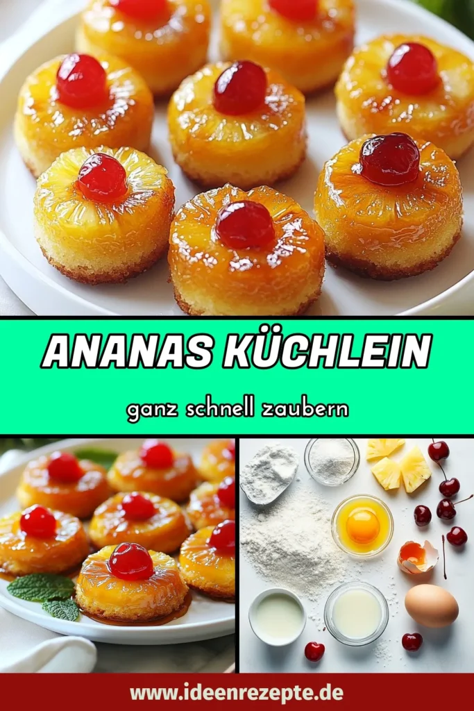 Entdecken Sie unser köstliches Ananas-Unten-Küchlein Rezept! Diese Mini-Küchlein mit Ananas und Maraschino-Kirschen sind der perfekte süße Snack für jede Gelegenheit. Unser einfaches Küchlein Rezept ist ideal für Partys oder als Dessert. Die Kombination aus zarter Ananas und süßem braunem Zucker macht jeden Bissen unwiderstehlich. Probieren Sie es aus und lassen Sie sich von diesen Ananas-Muffins begeistern! #AnanasUntenKüchlein #MiniKüchlein #AnanasMuffinsRezept #einfachesKüchleinRezept