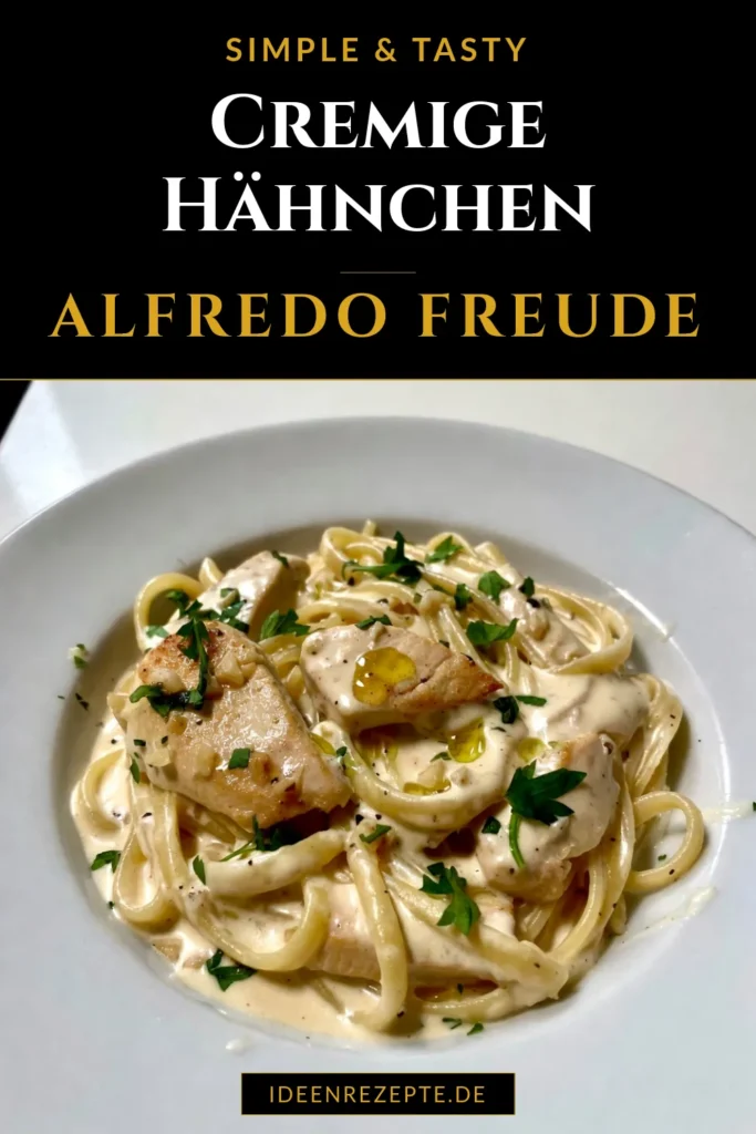 Entdecken Sie unser Rezept für eine cremige Hähnchen Alfredo Pfanne, das Ihnen in nur 25 Minuten ein köstliches Fettuccine Alfredo Erlebnis bietet. In dieser Hähnchenpfanne vereinen sich zartes Hähnchen mit einer selbstgemachten Alfredo Sauce und perfekt gekochten Fettuccine. Ideal für schnelle Pasta mit Hähnchen! Probieren Sie es aus und genießen Sie eine einfache, leckere Mahlzeit. Speichern Sie dieses Rezept! #CremigeHähnchenAlfredo #FettuccineAlfredoRezept #HähnchenpfanneRezept #SchnellePastaMitHähnchen