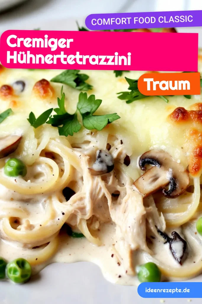 Entdecken Sie das köstliche Rezept für cremige Hühnertetrazzini! Dieses einfache Tetrazzini Rezept kombiniert Pasta mit Hühnchen, frischen Champignons und einer sahnigen Sauce, ideal für italienische Nudelgerichte. Genießen Sie eine herzhafte Mahlzeit, die in nur 50 Minuten zubereitet ist. Speichern Sie dieses Rezept und überraschen Sie Ihre Lieben! #CremigeHühnertetrazzini #HühnertetrazziniRezept #PastaMitHühnchen #EinfachesTetrazzini।