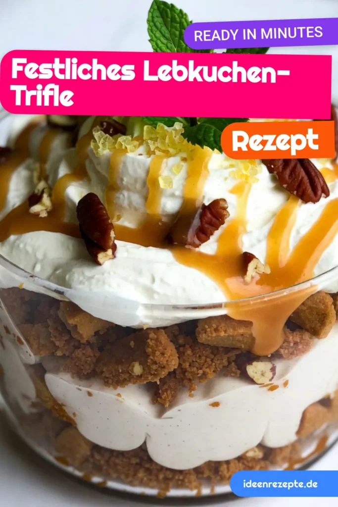 Entdecken Sie unser köstliches Lebkuchen-Trifle, das perfekte Weihnachtsdessert! Dieses festliche Dessert verbindet leckere Lebkuchen-Kekse mit cremigem Lebkuchen-Joghurt und zarter Schlagsahne. Einfach nach unserem Lebkuchen-Rezept zubereiten und in Schichten auftragen. Der Höhepunkt sind die Karamellsauce und die knackigen Nüsse! Speichern Sie dieses Rezept für Ihre nächsten Festlichkeiten und lassen Sie sich begeistern. #LebkuchenTrifle #Weihnachtsdessert #LebkuchenRezept #TrifleMitJoghurt