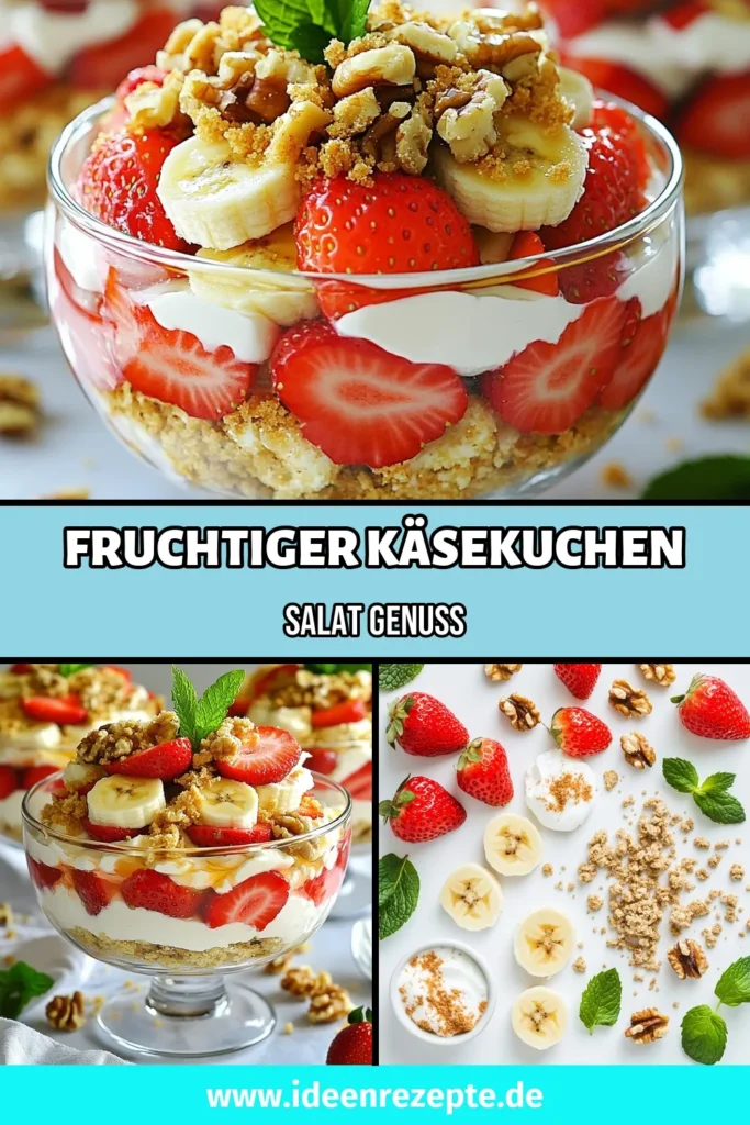 Genießen Sie unseren Erdbeer-Bananen-Käsekuchen, der perfekt für den Sommer ist! Dieser einfache Käsekuchen-Salat kombiniert frische Sommerfrüchte mit einer cremigen Frischkäse-Mischung für ein gesundes Dessert. Ideal für BBQs oder als Snack. Bereiten Sie diesen leckeren Erdbeer-Bananen-Käsekuchen-Salat in nur 15 Minuten zu und überraschen Sie Ihre Gäste! Klicken Sie auf die Rezeptdetails und lassen Sie sich inspirieren! #ErdbeerBananenKäsekuchen #SommerfrüchteSalat #KäsekuchenSalat #FrischkäseRezepte
