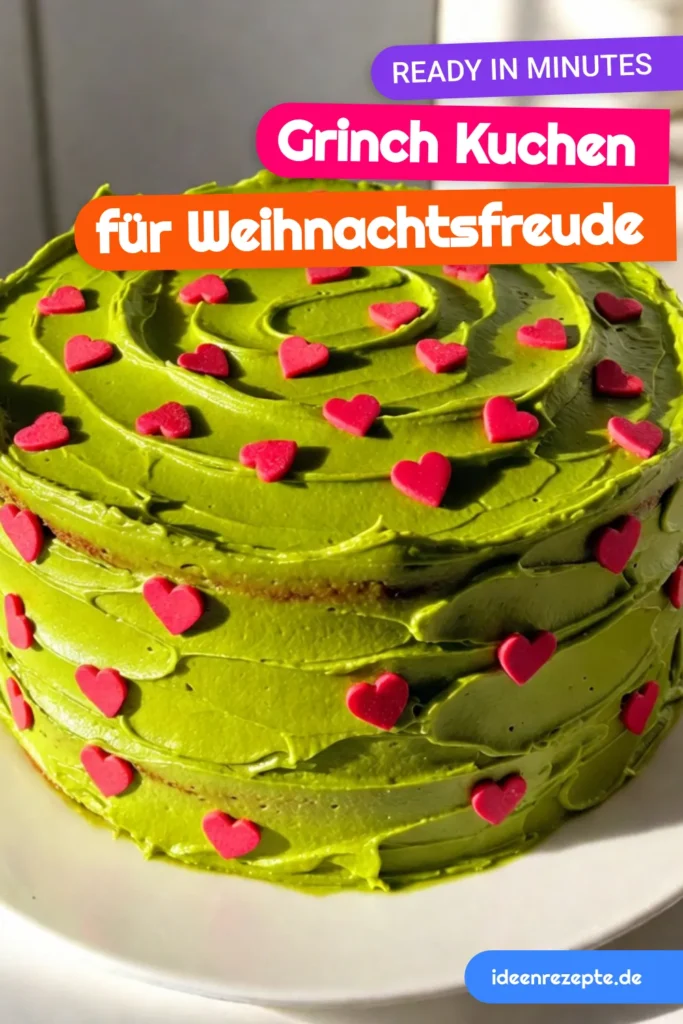 Bereiten Sie sich auf die festliche Saison mit diesem köstlichen Grinch Kuchen vor! Dieses Weihnachtskuchen Rezept kombiniert grünen Kuchen mit einer liebevollen Tortendekoration aus roten Herzstreuseln. Perfekt als Grinch Dessert für Ihre Feier, wird dieser Kuchen garantiert zum Blickfang auf jedem Tisch. Entdecken Sie, wie Sie den schönsten Grinch Kuchen einfach selbst backen können. Jetzt ausprobieren und speichern! #GrinchKuchen #WeihnachtskuchenRezept #GrünerKuchen #GrinchDessert
