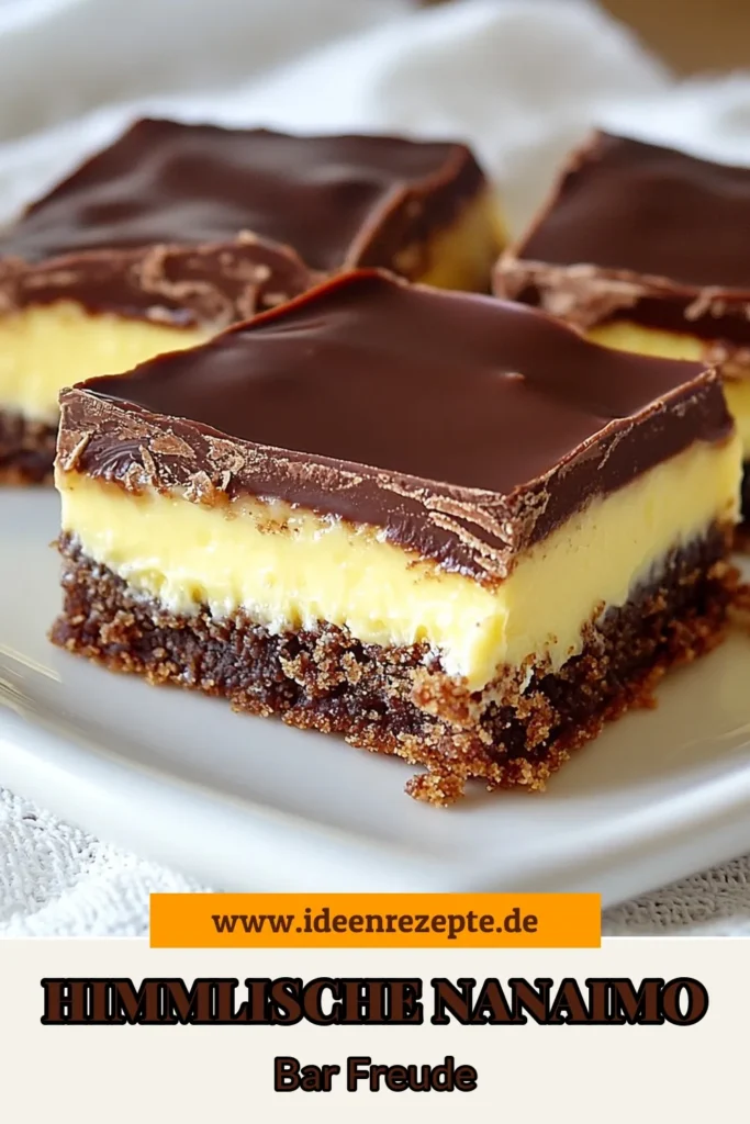 Entdecke jetzt unser köstliches Nanaimo Bars Rezept! Diese einfache Nanaimo Bar begeistert mit drei schmackhaften Schichten – einer schokoladigen Basis, einer cremigen Puddingfüllung und einem schokoladigen Topping. Perfekt für jeden Anlass, ist dieses Schichtdessert mit Pudding ein Muss für Dessertliebhaber. Probiere unser Rezept und teile deine Leckereien! #NanaimoBars #EinfacheNanaimoBar #KöstlicheDessertrezepte #Schichtdessert