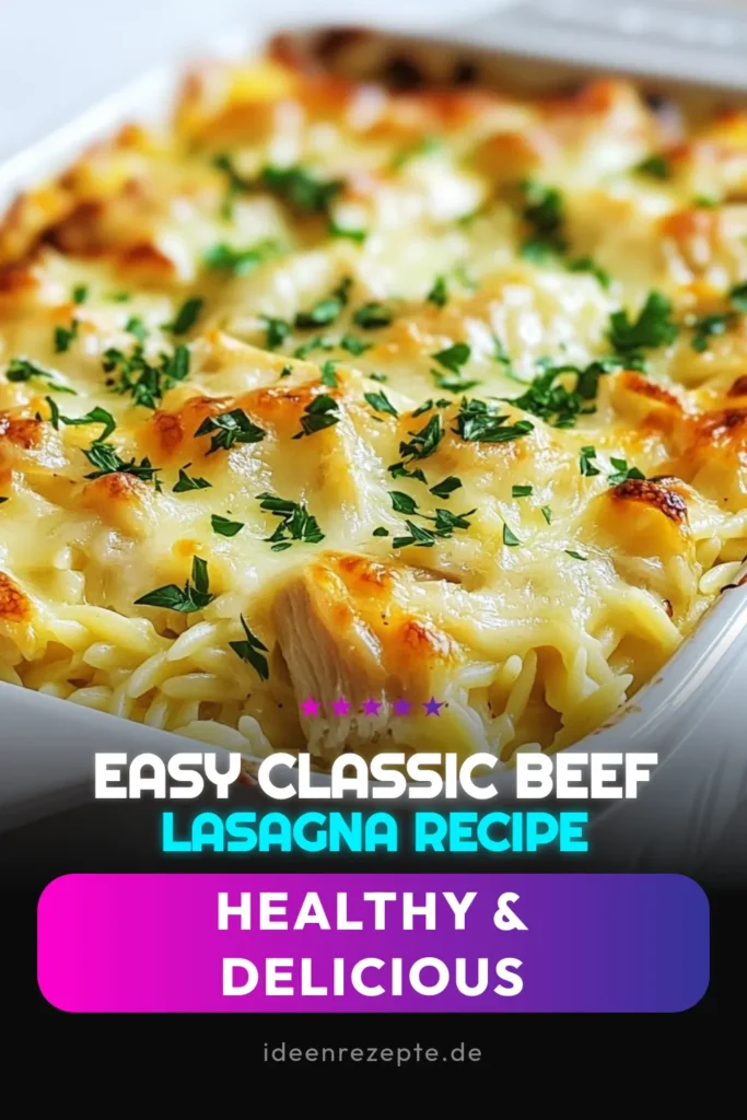 Entdecken Sie dieses köstliche französische Zwiebel-Hühnchen Orzo Auflauf Rezept! Mit zartem Hühnchen und geschmolzenem Gruyère-Käse ist dieser Hühnchen Auflauf eine einfache und gesunde Wahl für jede Woche. Perfekt für die ganze Familie und ideal für Meal Prep. Probieren Sie es jetzt aus und gestalten Sie Ihre Abendessen aufregender. Speichern Sie dieses Rezept für eine schnelle, geschmackvolle Mahlzeit! #FranzösischesZwiebelHühnchen #OrzoAuflaufRezept #HühnchenAuflaufMitGruyère #EinfachePastaAuflaufRezepte