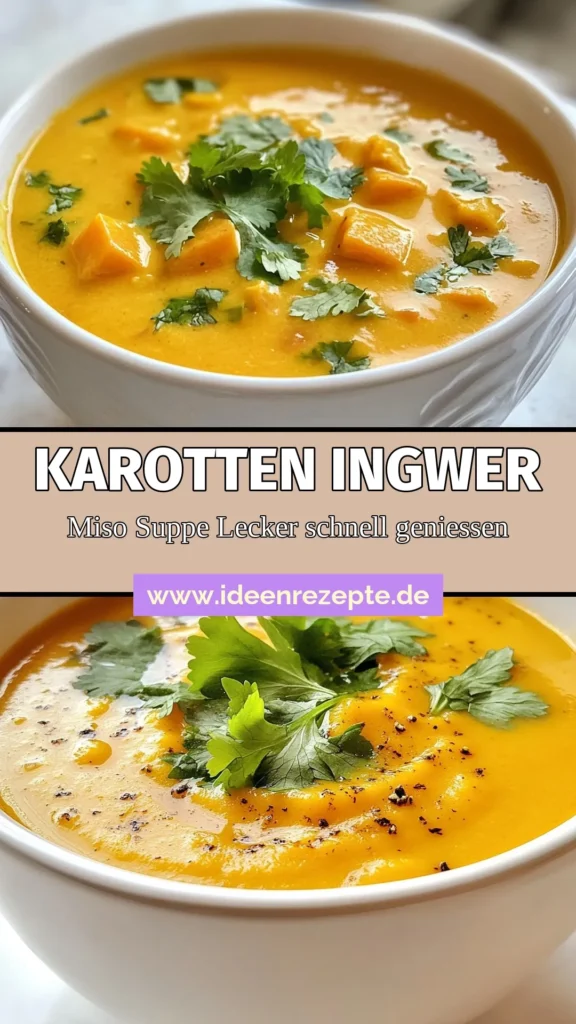Entdecken Sie das Rezept für Karotten Ingwer Miso Suppe, eine gesunde Suppe, die perfekt für jede Jahreszeit ist. Diese vegane Miso Suppe vereint den frischen Geschmack von Karotten und Ingwer und ist einfach zuzubereiten. Ideal als herzhafte, asiatische Suppe, die Ihr Wohlbefinden steigert! Probieren Sie es aus und speichern Sie es für später! #KarottenIngwerMisoSuppe #gesundeSuppeRezepte #veganeMisoSuppe #asiatischeSuppeRezept