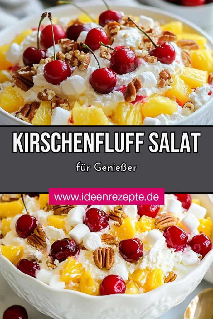Entdecke unser einfaches Kirschenfluff-Salat Rezept! Dieser fruchtige Nachtisch mit Kirschen begeistert mit der perfekten Kombination aus Kirschen, Ananas und Sahne. Ideal als erfrischender Kirschen-Dessert mit Sahne, perfekt für Feiern oder als schnelle Süßigkeit. Probiere den Kirschen-Ananas Salat aus und bringe Freude auf deinen Tisch! Lass dir diesen Genuss nicht entgehen, speichere das Rezept jetzt! #KirschenfluffSalat #Nachtisch #KirschenSüßigkeit #Dessertideen