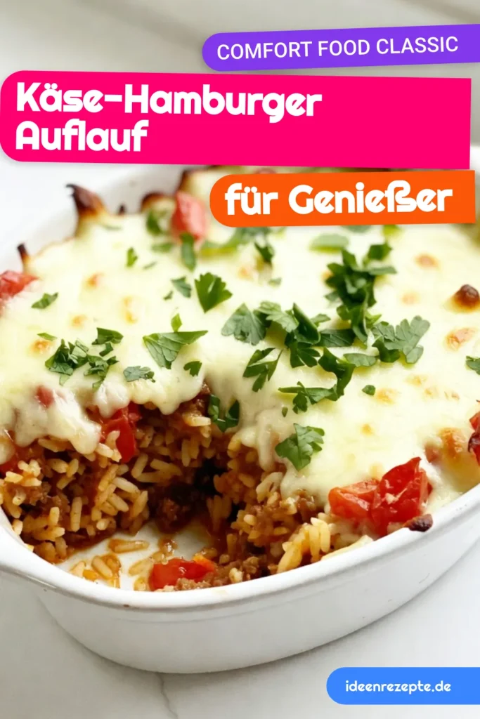Lust auf ein herzhaftes Abendessen? Probieren Sie unser einfaches Auflaufrezept für Käse-Hamburger-Reisauflauf! Dieses köstliche Gericht aus Rinderhackfleisch Auflauf, ungekochtem Langkornreis, gewürfelten Tomaten und viel Cheddar-Käse wird Ihre Familie begeistern. Ideal für ein schnelles Abendessen, das jeder liebt. Speichern Sie dieses Rezept für die nächste Mahlzeit! #KäseHamburgerReisauflauf #RinderhackfleischAuflauf #einfachesAuflaufrezept #CheddarKäseRezept