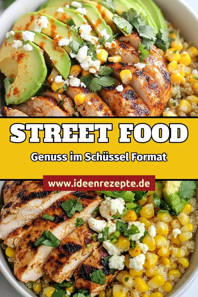 Genießen Sie diese köstliche Street Corn Hähnchen Bowl, die perfekt für eine gesunde Mahlzeit ist. Dieses Quinoa Bowl Rezept kombiniert zartes Hähnchen mit gewürztem Mais, Avocado und Feta für ein wahres Geschmackserlebnis. Ideal als mexikanisches Hähnchen Rezept oder Street Food Bowl für die ganze Familie! Lassen Sie sich von diesen gesunden Hähnchenrezepten inspirieren und speichern Sie das Rezept für Ihr nächstes Dinner! #StreetCornHähnchenBowl #QuinoaBowlRezept #MexikanischesHähnchenRezept #GesundeHähnchenrezepte