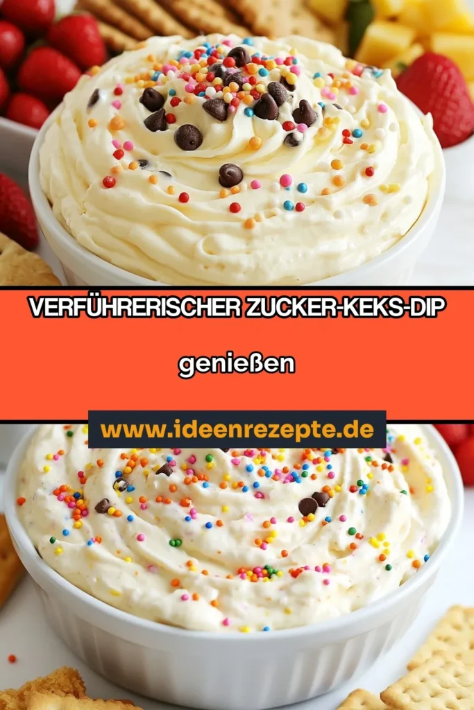 Entdecken Sie unseren köstlichen Zucker-Keks-Dip, ein einfaches Frischkäse-Dip Rezept, das perfekt für süße Snacks ist! Dieser süße Dip für Snacks kombiniert creamy Frischkäse mit Schokolade und wird Ihre Gäste begeistern. Ideal für Parties oder als einfaches Dessert Dip! Servieren Sie ihn mit frischen Früchten, Keksen oder Brezeln für ein unwiderstehliches Erlebnis. Probieren Sie es aus und lassen Sie sich überraschen! #ZuckerKeksDip #FrischkäseDip #süßerDip #einfacheDessertDip