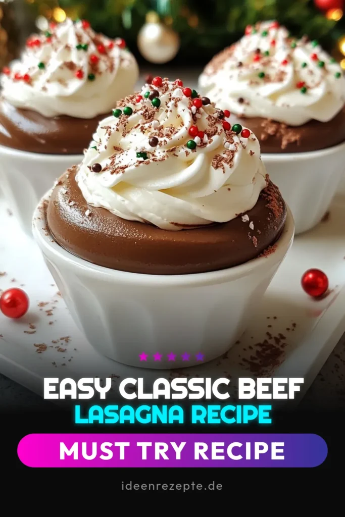 Entdecke das perfekte Weihnachtsdessert mit unserem Rezept für Weihnachtliche Schokoladenmousse! Diese cremige Zartbitterschokolade Mousse ist ein festliches Highlight für jede Feier. Mit einfachem Zubereiten kannst du diese köstlichen Schokoladenmousse Becher zaubern. Verleih deinen Feiertagen einen besonderen Touch und überrasche deine Gäste! Probiere es jetzt aus und teile deine Kreationen! #WeihnachtlicheSchokoladenmousse #SchokoladenmousseRezept #FestlicheDesserts #WeihnachtsdessertIdeen