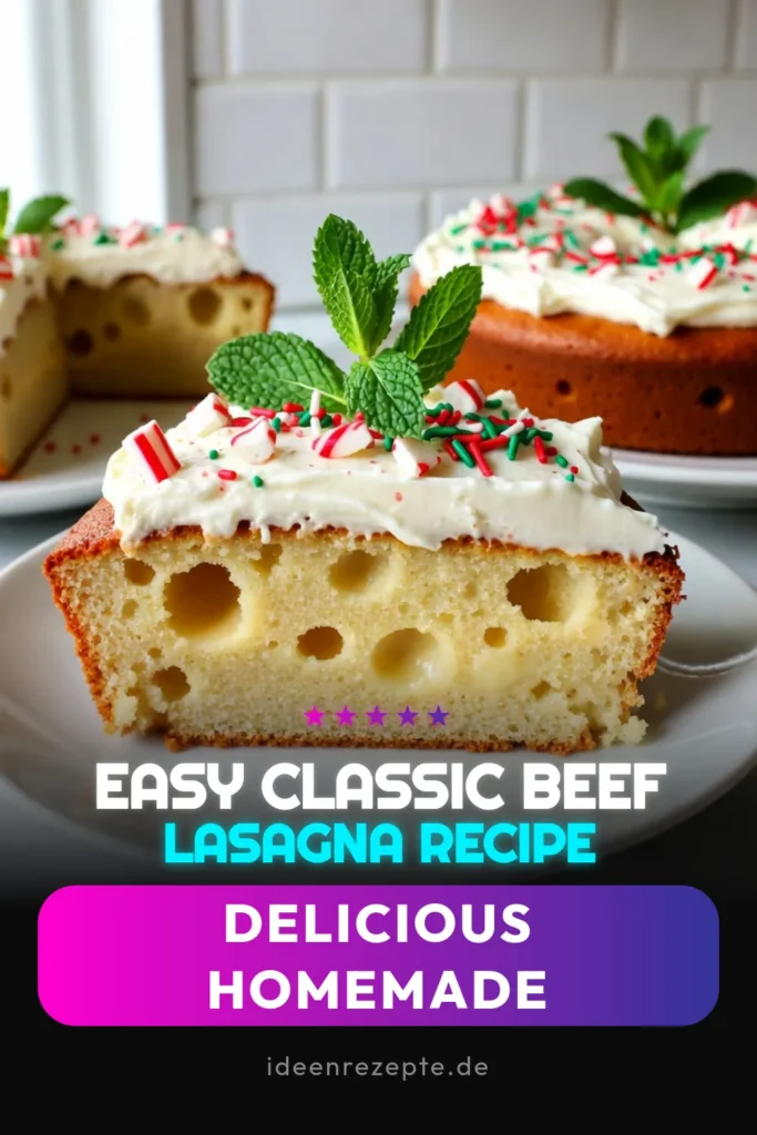 Entdecken Sie diesen köstlichen Weihnachts-Poke-Kuchen, ein festlicher Kuchen, der perfekt für Ihre Feiertagsfeiern ist! Mit einem Rezept für Poke-Kuchen, das cremige Schichten von gezuckerter Kondensmilch und ein Topping aus Sahne vereint, wird dieses weihnachtliche Dessert garantiert zum Hit. Verfeinert mit zerstoßenen Pfefferminzbonbons, bringt es festliche Stimmung auf den Tisch! Probieren Sie es aus und speichern Sie Ihr neues Lieblingsrezept! #WeihnachtsPokeKuchen #FestlicherKuchen #WeihnachtlichesDessert #RezeptFürPokeKuchen