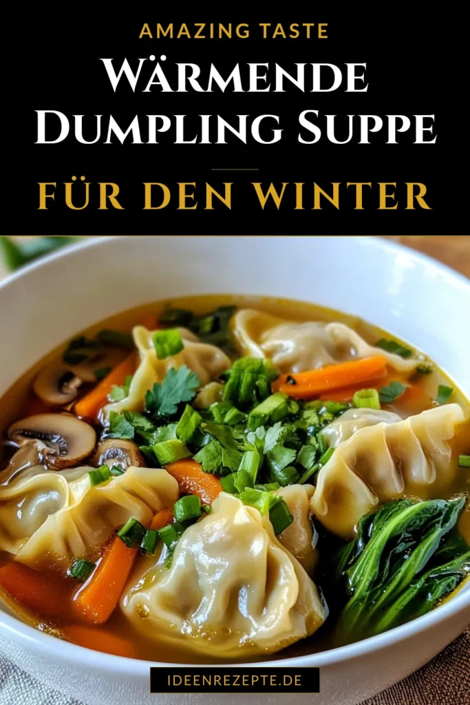 Entdecken Sie die köstliche Welt der Asiatischen Dumpling Suppe mit unserem einfachen Dumplings Rezept! Diese herzhafte Suppe ist perfekt für eine schnelle asiatische Mahlzeit, die Familie und Freunde begeistert. Mit zarten Dumplings, frischem Bok Choy und aromatischen Zutaten ist sie nicht nur lecker, sondern auch gesund. Perfekt für kalte Tage! Probieren Sie es aus und speichern Sie dieses Rezept! #AsiatischeDumplingsuppe #DumplingsRezept #herzhafteSuppen #schnelleasiatischeRezepte