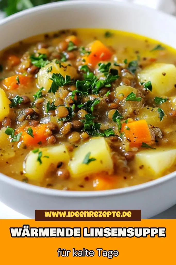 Entdecke die köstliche Linsen-Kartoffelsuppe, die perfekt für kalte Tage ist! Diese wärmende Suppe ist nicht nur einfach zuzubereiten, sondern auch ein gesundes Suppenrezept für die ganze Familie. Genieße diese einfache Linsensuppe als gesunde vegane Kartoffelsuppe, die dich sättigt und erfreut. Lass dich inspirieren und probiere unser Rezept aus! Speichere es dir jetzt für einen späteren Zeitpunkt. #LinsenKartoffelsuppe #gesundeSuppenrezepte #vegan #einfacheLinsensuppe