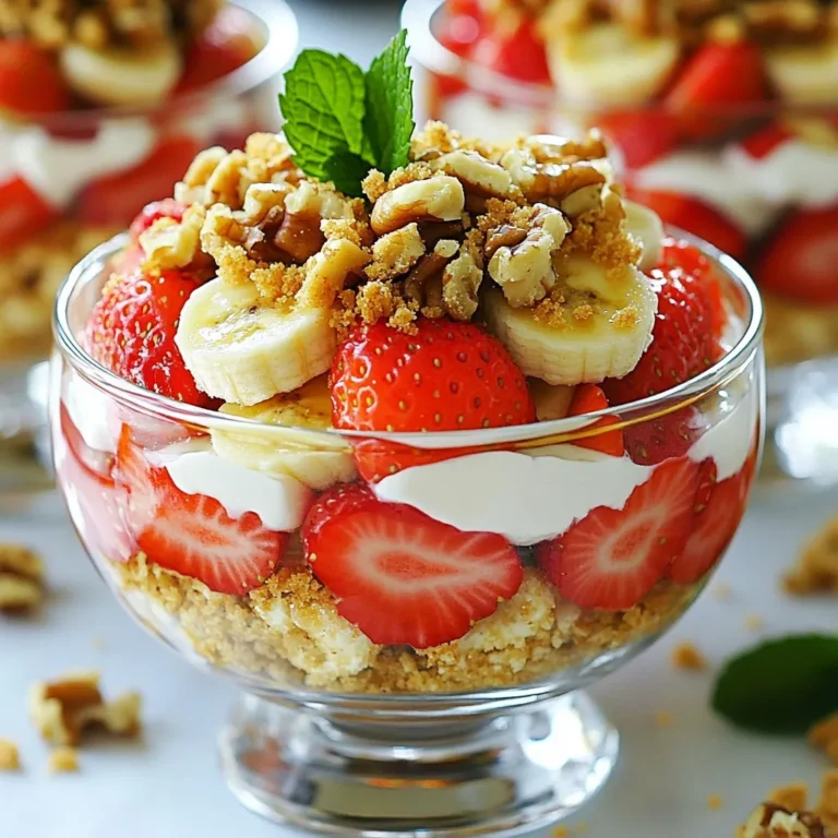 Für diesen leckeren Salat brauchst du frische und einfache Zutaten. Hier sind die Hauptbestandteile: - 2 Tassen Erdbeeren, geputzt und in Scheiben geschnitten - 2 reife Bananen, in Scheiben geschnitten - 1 Tasse Frischkäse, weichgerührt - 1 Tasse griechischer Joghurt - 1/4 Tasse Puderzucker - 1 Teelöffel Vanilleextrakt - 1 Tasse zerbröselte Graham-Cracker - 1/4 Tasse gehackte Walnüsse (optional) - Frische Minzblätter zur Garnierung Diese Zutaten machen den Salat frisch und köstlich. Die Kombination von Erdbeeren und Bananen bringt eine süße Note. Der Frischkäse und der Joghurt geben eine cremige Textur, die einfach himmlisch ist. Wenn du nach guten Marken suchst, empfehle ich dir, auf Qualität zu achten. Für Frischkäse sind Marken wie Philadelphia und Almette sehr beliebt. Sie bieten einen tollen Geschmack und eine schöne Konsistenz. Bei Joghurt sind Chobani und Danone großartige Optionen. Diese Marken haben einen hohen Proteingehalt und sind cremig. Falls du keine Walnüsse magst oder eine Allergie hast, kannst du sie durch Mandeln oder Pekannüsse ersetzen. Beide bringen einen nussigen Geschmack. Für die Graham-Cracker kannst du Digestive-Kekse oder zerbröselte Haferkekse verwenden. Diese Alternativen geben dem Salat einen ähnlichen Crunch. {{ingredient_image_2}} Für die Käsekuchenbasis benötigst du eine Rührschüssel. Dort gibst du zuerst den Frischkäse. Dann den griechischen Joghurt, den Puderzucker und den Vanilleextrakt. Benutze einen Handmixer, um alles gut zu vermischen. Mische, bis die Masse glatt und cremig ist. Diese Basis gibt deinem Salat den reichen Käsekuchengeschmack. Jetzt sind die Früchte dran. Nimm die Erdbeeren und schneide sie in Scheiben. Mache dasselbe mit den reifen Bananen. Achte darauf, dass die Früchte frisch sind. In einer großen Schüssel hebst du die geschnittenen Erdbeeren und Bananen vorsichtig unter die Käsekuchenmischung. Rühre sanft, bis alle Früchte gut bedeckt sind. Dieser Schritt sorgt für eine fruchtige Frische. Das Anrichten macht Spaß. Nimm eine Servierplatte oder kleine Schalen. Schichte die Käsekuchenmischung und die Früchte abwechselnd. Das sieht schön aus. Streue dann die zerbröselten Graham-Cracker obenauf für den extra Biss. Wenn du magst, füge die gehackten Walnüsse hinzu. Kühle den Salat etwa 30 Minuten im Kühlschrank. Garniere ihn vor dem Servieren mit frischen Minzblättern. Das gibt einen tollen Farbtupfer. Um den perfekten Erdbeer-Bananen-Käsekuchen-Salat zu machen, achte auf die Frische der Zutaten. Verwende reife, saftige Erdbeeren und Bananen. Das macht einen großen Unterschied im Geschmack. Mische die Käsekuchenbasis gut, damit sie cremig wird. Lass den Salat nach dem Mischen für 30 Minuten im Kühlschrank ruhen. So verbinden sich die Aromen besser. Serviere den Salat in klaren Gläsern, damit die Schichten schön sichtbar sind. Ein häufiger Fehler ist, zu viele oder zu wenige Früchte zu verwenden. Achte darauf, dass die Früchte gut verteilt sind. Eine andere Falle ist, den Salat nicht genug zu kühlen. Wenn du die Kühlzeit verkürzt, schmeckt der Salat nicht so gut. Vermeide es, den Salat zu lange im Kühlschrank zu lassen. Die Früchte können matschig werden. Nimm den Salat also rechtzeitig heraus. Für diesen Salat brauchst du einige einfache Utensilien: - Eine Rührschüssel - Ein Handmixer - Eine große Schüssel zum Mischen - Eine Servierplatte oder Gläser - Ein scharfes Messer zum Schneiden der Früchte Diese Utensilien helfen dir, den Salat schnell und einfach zu machen. Wenn du alles griffbereit hast, geht die Zubereitung noch schneller. Pro Tipps Frische Früchte: Stellen Sie sicher, dass die Erdbeeren und Bananen frisch sind, um den besten Geschmack zu erzielen. Variationen: Experimentieren Sie mit anderen Früchten wie Himbeeren oder Ananas für eine interessante Geschmacksrichtung. Vorbearbeitung: Bereiten Sie den Salat einige Stunden vorher zu, damit die Aromen gut durchziehen können. Servierideen: Servieren Sie den Salat in kleinen Gläsern für eine ansprechende Präsentation bei Feiern. {{image_4}} Um diesen leckeren Salat vegan zu machen, tauschen Sie den Frischkäse aus. Verwenden Sie stattdessen veganen Frischkäse. Er ist oft auf Basis von Nüssen oder Soja. Der griechische Joghurt kann durch pflanzlichen Joghurt ersetzt werden. Achten Sie darauf, dass er ungesüßt ist. Diese Alternativen geben Ihnen eine ähnliche cremige Textur und Geschmack. Fügen Sie Ihrem Salat mehr Farben und Geschmäcker hinzu! Sie können Kiwi, Heidelbeeren oder Ananas verwenden. Schneiden Sie die Früchte in kleine Stücke. Diese passen gut zu Erdbeeren und Bananen. Für extra Crunch können Sie auch Kokosraspeln oder Sonnenblumenkerne darüber streuen. Das macht den Salat noch interessanter. Um den Salat schön zu präsentieren, verwenden Sie klare Gläser oder Schalen. Schichten Sie die Käsekuchenmischung und die Früchte abwechselnd. Dies zeigt die bunten Schichten. Ein kleiner Klecks pflanzlicher Joghurt obenauf gibt dem Salat das letzte Etwas. Garnieren Sie den Salat mit frischen Minzblättern. Sie geben einen frischen Blick und Geschmack. Um den Erdbeer-Bananen-Käsekuchen-Salat frisch zu halten, lege ihn in einen luftdichten Behälter. So bleibt die Cremigkeit lange erhalten. Vermeide es, den Salat mit den Graham-Crackern zu mischen, bis du ihn servierst. Dadurch bleibt der Salat knusprig und lecker. Falls du ein paar Zutaten übrig hast, bewahre sie separat auf. Schneide die Erdbeeren und Bananen erst kurz vor der Zubereitung. Der Joghurt und Frischkäse sollten ebenfalls in einem geschlossenen Behälter im Kühlschrank bleiben. So vermeidest du, dass sie schlecht werden. Im Kühlschrank bleibt der Salat bis zu drei Tage frisch. Achte darauf, ihn gut abzudecken. Wenn du den Salat länger aufbewahren willst, friere die Käsekuchenbasis ein. Die Früchte sollte man jedoch nicht einfrieren, da sie ihre Textur verlieren. Du kannst den Salat bis zu drei Tage im Kühlschrank aufbewahren. Es ist wichtig, ihn in einem luftdichten Behälter zu lagern. So bleibt er frisch und lecker. Nach ein paar Tagen könnten die Früchte jedoch matschig werden. Also, es ist am besten, ihn frisch zu genießen. Ja, du kannst den Salat im Voraus zubereiten! Bereite die Käsekuchenbasis und die Früchte vor. Mische sie jedoch erst kurz vor dem Servieren. So bleiben die Früchte knackig und der Salat sieht frisch aus. Du kannst ihn bis zu einen Tag vorher machen, um Zeit zu sparen. Auf jeden Fall! Der Erdbeer-Bananen-Käsekuchen-Salat ist ein großer Hit bei Kindern. Er ist süß und cremig, was viele Kinder lieben. Du kannst die Walnüsse weglassen, wenn deine Kinder Allergien haben. Der Salat ist eine tolle, gesunde Leckerei, die sie genießen können. Der Erdbeer-Bananen-Käsekuchen-Salat ist einfach zuzubereiten und lecker. Wir haben die besten Zutaten, die Zubereitung in einfachen Schritten, nützliche Tipps und Optionen für Variationen behandelt. Achte darauf, häufige Fehler zu umgehen und deine Zutaten richtig zu lagern. Mit diesen Informationen gelingt dir der perfekte Salat problemlos. Experimentiere mit verschiedenen Früchten und finde deinen Lieblingsgeschmack. Jetzt bist du bereit, diesen tollen Salat zu kreieren und zu genießen!