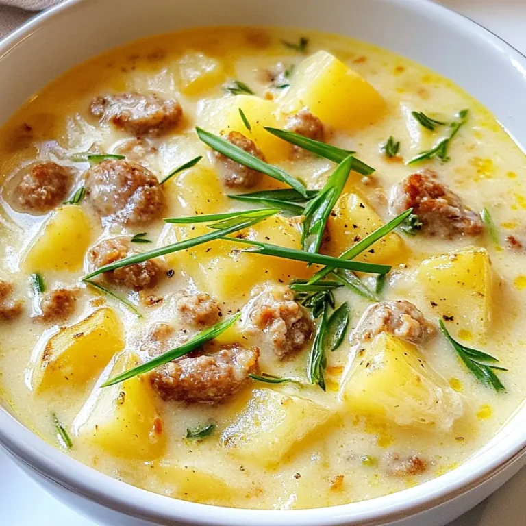 - 450 g italienische Wurst, Haut entfernt - 4 mittelgroße Russet-Kartoffeln, geschält und gewürfelt - 1 große Zwiebel, gewürfelt - 3 Knoblauchzehen, fein gehackt - 950 ml Hühnerbrühe - 480 ml Schlagsahne - 150 g Maiskörner (frisch oder gefroren) - 1 Teelöffel getrockneter Thymian - 1 Teelöffel geräuchertes Paprikapulver - Salz und Pfeffer nach Geschmack - 3 Frühlingszwiebeln, in Scheiben geschnitten zum Garnieren - 2 Esslöffel Olivenöl Die Hauptzutaten sind einfach zu finden. Ich liebe die Kombination aus Wurst und Kartoffeln. Die italienische Wurst bringt viel Geschmack in die Chowder. Die Kartoffeln machen sie schön cremig und sättigend. Zwiebeln und Knoblauch fügen einen tollen Aroma hinzu. Hühnerbrühe gibt der Chowder Tiefe. Schlagsahne sorgt für die cremige Konsistenz. Mais bringt eine süße Note und eine schöne Farbe. - Vegetarische Alternativen - Austausch von Gewürzen - Saisonale Gemüsesorten Es gibt viele Wege, die Chowder anzupassen. Für eine vegetarische Version kannst du die Wurst durch ein pflanzliches Produkt ersetzen. Du kannst auch Linsen oder Bohnen verwenden, um Protein hinzuzufügen. Gewürze sind flexibel. Wenn du mehr Schärfe magst, füge etwas Cayennepfeffer hinzu. Saisonales Gemüse wie Kürbis oder Karotten kann die Chowder interessanter machen. Denke daran, die Brühe entsprechend anzupassen. {{ingredient_image_2}} Beginne damit, das Olivenöl in einem großen Topf zu erhitzen. Du solltest die Hitze auf mittel bis hoch stellen. Füge die italienische Wurst hinzu. Brate sie etwa 5 bis 7 Minuten lang an, bis sie schön gebräunt ist. Zerbrich die Wurst mit einem Löffel in kleine Stücke. Nimm die Wurst aus dem Topf und lege sie beiseite. Lass die Reste im Topf. Jetzt geht es weiter mit den Zwiebeln. Gib die gewürfelte Zwiebel in den gleichen Topf. Brate sie 4 bis 5 Minuten an, bis sie glasig wird. Dann kommt der fein gehackte Knoblauch dazu. Brate ihn für eine weitere Minute an, bis er duftet. Füge nun die gewürfelten Kartoffeln, die Hühnerbrühe, den getrockneten Thymian und das geräucherte Paprikapulver hinzu. Rühre alles gut um. Bringe die Mischung zum Kochen. Reduziere dann die Hitze und lasse den Eintopf 15 bis 20 Minuten köcheln. Die Kartoffeln sollten weich werden. Sobald die Kartoffeln gar sind, gib die Wurst wieder in den Topf. Jetzt ist es Zeit, den Mais und die Schlagsahne hinzuzufügen. Lass die Chowder für weitere 5 bis 10 Minuten sanft köcheln. Rühre gelegentlich um, damit nichts anbrennt. Die Suppe sollte leicht eindicken. Jetzt ist der entscheidende Moment gekommen: Abschmecken! Gib Salz und Pfeffer hinzu, bis es für dich perfekt schmeckt. Wenn du eine dickere Chowder magst, kannst du einige Kartoffeln mit einem Kartoffelstampfer leicht zerdrücken. Lass ein paar ganz, um die Textur zu bewahren. Serviere die Chowder heiß. Garniere sie mit frischen, geschnittenen Frühlingszwiebeln oben drauf. So sieht das Gericht nicht nur gut aus, es schmeckt auch köstlich! Um die Chowder perfekt dick zu machen, gibt es ein paar einfache Schritte. Zuerst, wenn die Kartoffeln weich sind, können Sie einige davon mit einem Kartoffelstampfer zerdrücken. Das gibt der Chowder eine schöne, cremige Textur, während andere Kartoffeln ganz bleiben. So bleibt die Chowder sowohl dick als auch interessant. Wenn Sie die Chowder noch dicker mögen, können Sie noch mehr Kartoffeln zerdrücken oder etwas weniger Brühe verwenden. Achten Sie darauf, die Chowder während des Kochens gut zu rühren, damit nichts am Boden anbrennt. Um das Aroma zu verbessern, können Sie einen Teelöffel Soja- oder Worcestersauce hinzufügen. Diese Saucen bringen einen herzhaften Geschmack, der die Wurst und die Kartoffeln ergänzt. Sie geben der Chowder eine tiefere, reichhaltigere Note. Frische Kräuter sind auch eine tolle Wahl. Petersilie oder Schnittlauch bringen frische Aromen und Farbe. Einfach kurz vor dem Servieren darüber streuen. So wird die Chowder noch schmackhafter und sieht toll aus. Pro Tipps Wurst Auswahl: Verwenden Sie für zusätzlichen Geschmack eine scharfe italienische Wurst oder mischen Sie verschiedene Wurstsorten, um die Aromen zu variieren. Kartoffeltextur: Um eine cremigere Konsistenz zu erreichen, zerdrücken Sie einige Kartoffeln mit einem Kartoffelstampfer, während andere ganz bleiben. Frische Kräuter: Fügen Sie am Ende frische Kräuter wie Petersilie oder Schnittlauch hinzu, um zusätzliche Frische und Farbe zu verleihen. Servieren mit Beilage: Servieren Sie den Chowder mit knusprigem Brot oder Brötchen, um die cremige Suppe perfekt abzurunden. {{image_4}} Um deine Chowder aufzupeppen, kannst du einige einfache Zutaten hinzufügen. - Hinzufügen von Chili oder Pfeffer: Ein wenig Chili verleiht deiner Chowder eine schöne Schärfe. Du kannst frische, gehackte Chilis oder getrocknete Chili-Flocken verwenden. Wenn du es sanfter magst, nimm einfach schwarzen Pfeffer. Achte darauf, langsam zu dosieren, damit du den richtigen Schärfegrad erreichst. - Verwendung von scharfer Wurst: Anstelle von italienischer Wurst kannst du auch scharfe Wurst verwenden. Diese gibt deiner Chowder einen kräftigen Geschmack. Probiere Chorizo oder eine andere würzige Wurst. Das bringt mehr Tiefe in den Geschmack. Wenn du die Chowder noch cremiger machen möchtest, gibt es viele Optionen. - Verwendung von verschiedenen Sahnearten: Du kannst verschiedene Sahnearten nutzen, um den Geschmack zu variieren. Zum Beispiel kannst du Crème fraîche oder saure Sahne verwenden. Diese geben eine leichte Säure, die gut zu den anderen Zutaten passt. - Alternativen zu Schlagsahne: Wenn du eine leichtere Option suchst, probiere Kokosmilch oder Mandelmilch. Diese machen die Chowder ebenfalls cremig, aber mit einem anderen Geschmack. Das ist perfekt, wenn du die Milchprodukte reduzieren möchtest. Mit diesen Variationen kannst du deine cremige Kartoffel- und Wurst-Chowder nach deinem Geschmack anpassen. Experimentiere und finde deine perfekte Mischung! Um die Reste der cremigen Kartoffel- und Wurst-Chowder richtig zu lagern, lassen Sie sie zuerst abkühlen. Dies verhindert, dass sich Kondenswasser bildet. Füllen Sie die abgekühlte Chowder in einen luftdichten Behälter um. Stellen Sie sicher, dass der Behälter gut verschlossen ist, um die Frische zu bewahren. Lagern Sie die Chowder dann im Kühlschrank. Dort hält sie sich bis zu drei Tage. Um die Chowder wieder aufzuwärmen, können Sie entweder die Mikrowelle oder den Herd verwenden. Wenn Sie die Mikrowelle nutzen, geben Sie die Chowder in eine mikrowellengeeignete Schüssel. Decken Sie die Schüssel ab und erhitzen Sie sie in kurzen Intervallen von 1-2 Minuten. Rühren Sie zwischendurch um, um eine gleichmäßige Erwärmung zu gewährleisten. Wenn Sie den Herd verwenden, geben Sie die Chowder in einen Topf. Erhitzen Sie sie bei mittlerer Hitze und rühren Sie gelegentlich um. Achten Sie darauf, die Chowder nicht zu stark zu erhitzen, um ein Überkochen zu vermeiden. Senken Sie die Hitze, wenn die Chowder zu sprudeln beginnt. So bleibt die Konsistenz cremig und lecker. Die Chowder bleibt im Kühlschrank etwa 3 bis 4 Tage frisch. Um die beste Qualität zu erhalten, lagere sie in einem luftdichten Behälter. Achte darauf, die Chowder abzukühlen, bevor du sie in den Kühlschrank stellst. So vermeidest du, dass sich Kondenswasser bildet, was die Konsistenz ändern kann. Wenn du Reste hast, schau nach, ob sie noch gut riechen und aussehen, bevor du sie isst. Ja, du kannst die Chowder einfrieren. Fülle sie in einen gefriergeeigneten Behälter und lasse etwas Platz an der Oberkante. Beim Einfrieren dehnt sich die Flüssigkeit aus. Zum Auftauen stelle die Chowder einfach in den Kühlschrank über Nacht. Erhitze sie langsam auf dem Herd oder in der Mikrowelle. Rühre gut um, um eine gleichmäßige Wärme zu erreichen. Beachte, dass die Textur nach dem Auftauen etwas anders sein kann. Um die Chowder vegan zu machen, ersetze die Wurst durch pflanzliche Alternativen wie Tofu oder Seitan. Du kannst auch Gemüse wie Karotten oder Sellerie hinzufügen. Statt Schlagsahne nimm Kokosmilch oder eine andere pflanzliche Sahne. Diese Alternativen geben der Chowder eine cremige Konsistenz. Achte darauf, die Gewürze anzupassen, um den Geschmack zu verstärken. So bleibt die Chowder lecker und befriedigend. Die Chowder ist ein einfaches und schmackhaftes Gericht. Du hast nun die Zutaten, die Zubereitung und nützliche Tipps gelernt. Die Möglichkeiten zur Variation sind groß. Du kannst mit Gewürzen und Gemüse experimentieren. Reste können leicht aufbewahrt und wieder aufgewärmt werden. Wenn du kreativ bist, wird jedes Mal eine neue Chowder entstehen. Probiere es aus und passe das Rezept nach deinem Geschmack an. So wirst du ein echter Chowder-Profi!