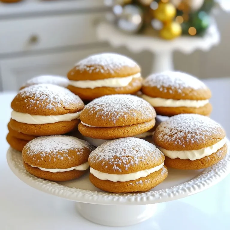 Um leckere Lebkuchen Whoopie Pies zu machen, brauchst du: - 2 1/2 Tassen Allzweckmehl - 1 Teelöffel Backpulver - 1 Teelöffel gemahlener Ingwer - 1 Teelöffel gemahlener Zimt - 1/2 Teelöffel gemahlene Muskatnuss - 1/2 Teelöffel Salz - 1/2 Tasse ungesalzene Butter, zimmerwarm - 1 Tasse brauner Zucker, gut gepackt - 1 großes Ei - 1/2 Tasse Melasse - 1 Teelöffel Vanilleextrakt Diese Zutaten geben den Pies ihren besonderen Geschmack und die richtige Konsistenz. Für die Füllung brauchst du: - 225 g Frischkäse, zimmerwarm - 60 g ungesalzene Butter, zimmerwarm - 250 g Puderzucker - 1 Teelöffel Vanilleextrakt Diese Mischung macht die Whoopie Pies extra cremig und lecker. Wähle frische Zutaten für den besten Geschmack. Achte auf: - Mehl: Verwende hochwertiges Allzweckmehl. - Gewürze: Frisch gemahlene Gewürze bringen mehr Aroma. - Butter: Zimmertemperatur macht sie weich und leicht zu mixen. - Frischkäse: Suche nach einem vollfetten Frischkäse für eine reichhaltige Füllung. Diese einfachen Tipps verbessern das Endergebnis und machen deine Whoopie Pies unvergesslich! {{ingredient_image_2}} Zuerst heize deinen Ofen auf 175°C vor. Dies ist wichtig, damit die Whoopie Pies gleichmäßig backen. Lege zwei Backbleche mit Backpapier aus. Das Backpapier verhindert, dass die Kekse festkleben. So bleiben sie einfach zu lösen. In einer mittleren Schüssel vermischst du 2 1/2 Tassen Allzweckmehl, 1 Teelöffel Backpulver, 1 Teelöffel gemahlenen Ingwer, 1 Teelöffel gemahlenen Zimt, 1/2 Teelöffel gemahlene Muskatnuss und 1/2 Teelöffel Salz. Stelle diese Mischung zur Seite. In einer großen Schüssel schlägst du 1/2 Tasse zimmerwarme Butter und 1 Tasse braunen Zucker mit einem Handmixer. Schlage bis die Mischung hell und fluffig ist. Füge 1 großes Ei, 1/2 Tasse Melasse und 1 Teelöffel Vanilleextrakt hinzu. Rühre alles gut zusammen. Jetzt gib die trockenen Zutaten zur feuchten Mischung. Rühre vorsichtig, bis alles gut vermischt ist. Nutze einen Esslöffel, um kleine Portionen Teig auf die Backbleche zu setzen. Lass genügend Platz zwischen den Portionen, da sie beim Backen auseinanderlaufen. Backe die Whoopie Pies 10-12 Minuten. Sie sind fertig, wenn die Ränder fest sind und die Mitte leicht weich bleibt. Lasse sie 5 Minuten auf dem Blech abkühlen. Danach lege sie auf ein Kuchengitter, damit sie vollständig abkühlen. Um die perfekte Konsistenz für deine Lebkuchen Whoopie Pies zu erreichen, ist es wichtig, die Zutaten gut zu mischen. Achte darauf, dass die Butter und der Zucker gut cremig sind. Das gibt dem Teig Luft und macht ihn leicht. Nach dem Hinzufügen der trockenen Zutaten, rühre nur so lange, bis alles vermischt ist. Zu viel Rühren macht die Whoopie Pies dicht. Ein häufiger Fehler ist, den Teig zu dick zu machen. Wenn du die Teigmengen auf das Backblech setzt, nutze einen Esslöffel und forme gleichmäßige Portionen. Lass genug Platz zwischen den Teigmengen, da sie beim Backen auseinanderlaufen. Achte darauf, die Whoopie Pies nicht zu lange zu backen. Sie sollten leicht weich in der Mitte bleiben. Um die Füllung fluffiger zu machen, stelle sicher, dass der Frischkäse und die Butter zimmerwarm sind. Schlage sie gut zusammen, bevor du den Puderzucker hinzufügst. Füge den Puderzucker langsam hinzu, damit die Füllung nicht klumpig wird. Wenn du mehr Luft in die Mischung einarbeitest, wird die Füllung schön leicht und luftig. Pro Tipps Wählen Sie die richtigen Gewürze: Für den besten Geschmack verwenden Sie frische, hochwertige Gewürze. Achten Sie darauf, dass Ihre Gewürze nicht abgelaufen sind, da dies den Geschmack Ihrer Lebkuchen negativ beeinflussen kann. Teig ruhen lassen: Wenn möglich, lassen Sie den Teig vor dem Backen 30 Minuten im Kühlschrank ruhen. Dies hilft, die Aromen zu intensivieren und sorgt für eine bessere Konsistenz der Kekse. Verwendung von Melasse: Verwenden Sie hochwertige Melasse für einen reichhaltigen Geschmack. Dunkle Melasse verleiht den Keksen eine tiefere Farbe und einen intensiveren Geschmack. Füllung anpassen: Experimentieren Sie mit verschiedenen Geschmäckern in der Frischkäsefüllung, indem Sie Zutaten wie Zimt, Muskat oder sogar einen Hauch von Zitrone hinzufügen, um eine interessante Note zu erzielen. {{image_4}} Wenn du Frischkäsefüllung nicht magst, gibt es tolle Alternativen. Du kannst eine Füllung aus Schokoladencreme verwenden. Schmelze einfach deine Lieblingsschokolade und mische sie mit etwas Butter. Eine weitere Option ist eine leichte Vanille- oder Karamellcreme. Diese Füllungen passen gut zu den würzigen Lebkuchen. Sie geben einen neuen Geschmack und machen die Whoopie Pies spannend. Du kannst die Lebkuchen Whoopie Pies gesünder machen. Verwende Vollkornmehl anstelle von normalem Mehl. Das macht die Kekse nahrhafter. Reduziere den Zucker oder benutze Honig oder Ahornsirup. Diese Alternativen sind süß und geben einen tollen Geschmack. Wenn du weniger Butter verwenden möchtest, probiere Apfelmus. Es hält die Kekse feucht und lecker. Dekoration macht alles schöner, besonders zur Festzeit. Du kannst die Whoopie Pies mit Puderzucker bestäuben. Das sieht toll aus und schmeckt gut. Du kannst auch bunte Streusel oder Schokoladensplitter verwenden. Wenn du kreativ bist, forme kleine Weihnachtsbäume oder Sterne aus Zuckerguss. Das macht deine Whoopie Pies zu echten Hinguckern auf jedem Festtisch. Um die Lebkuchen Whoopie Pies frisch zu halten, sollten Sie einige einfache Tipps beachten: - Lassen Sie die Whoopie Pies nach dem Backen vollständig abkühlen. - Legen Sie sie in eine luftdichte Box. Diese schützt die Kekse vor Luft und Feuchtigkeit. - Trennen Sie die Pies mit Backpapier. Dies verhindert, dass sie aneinander kleben. Die Whoopie Pies sind bei richtiger Lagerung bis zu einer Woche haltbar. Wenn Sie sie im Kühlschrank aufbewahren, können sie sogar bis zu zehn Tage frisch bleiben. Achten Sie darauf, die Box gut zu verschließen, damit keine Luft eindringt. Um ein Austrocknen der Whoopie Pies zu verhindern, können Sie Folgendes tun: - Fügen Sie ein Stück Brot in die Lagerbox hinzu. Das Brot hilft, die Feuchtigkeit zu halten. - Vermeiden Sie, die Kekse in der Nähe von Wärmequellen aufzubewahren. Hitze kann die Kekse austrocknen. - Wenn Sie die Pies länger aufbewahren möchten, können Sie sie auch einfrieren. Wickeln Sie sie dafür gut ein und legen Sie sie in den Gefrierschrank. So bleiben sie bis zu drei Monate frisch. Um die Whoopie Pies glutenfrei zu machen, ersetzen Sie das Allzweckmehl durch ein glutenfreies Mehl. Beliebte Optionen sind Mandelmehl oder eine glutenfreie Mehlmischung. Achten Sie darauf, dass das Mehl gut bindet. Sie können auch Xanthan oder Guarkernmehl hinzufügen, um die Textur zu verbessern. Diese Zutaten helfen, die Struktur der Kekse zu erhalten. Ja, Sie können die Whoopie Pies im Voraus zubereiten. Backen Sie die Kekse und lassen Sie sie dann abkühlen. Füllen Sie sie erst kurz vor dem Servieren. So bleibt die Füllung frisch und die Kekse weich. Sie können die Kekse auch einfrieren. Wickeln Sie sie gut ein und lagern Sie sie im Gefrierfach. Lebkuchen Whoopie Pies passen gut zu warmem Apfelwein oder heißer Schokolade. Diese Getränke ergänzen die Gewürze der Kekse. Auch eine Kugel Vanilleeis schmeckt dazu hervorragend. Für einen festlichen Touch können Sie die Whoopie Pies auf einem schönen Tablett anrichten. Fügen Sie einige frische Früchte oder Nüsse hinzu, um die Präsentation zu verbessern. Lebkuchen Whoopie Pies sind einfach herzustellen und sehr lecker. Wir haben die besten Zutaten und Tipps behandelt. Mit meiner Schritt-für-Schritt-Anleitung gelingt dir das Backen ganz leicht. Achte auf die richtige Konsistenz und vermeide häufige Fehler. Du kannst mit Füllungen und Dekorationen variieren. Auch die Lagerung ist wichtig für den Geschmack. Experimentiere mit glutenfreien Optionen oder bereite sie im Voraus vor. Guten Appetit bei deinen Whoopie Pies!