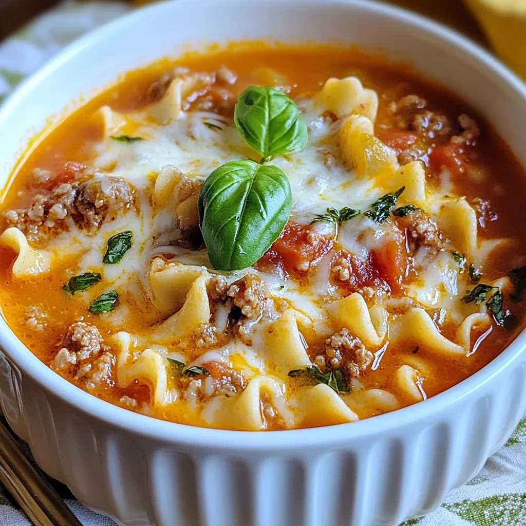 - 450 g Rinderhackfleisch oder italienische Wurst - 1 mittelgroße Zwiebel, gewürfelt - 3 Knoblauchzehen, fein gehackt - 1 Dose (800 g) gehackte Tomaten - 1 Liter Hühner- oder Gemüsebrühe Die Hauptzutaten sind wichtig für den Geschmack. Rinderhackfleisch oder italienische Wurst geben der Suppe viel Aroma. Die Zwiebel und der Knoblauch bringen eine tolle Basis. Die gehackten Tomaten sorgen für Süße und Frische. Brühe bringt Tiefe und macht die Suppe herzhaft. - 2 Teelöffel getrocknetes Basilikum - 1 Teelöffel getrockneter Oregano - Salz und Pfeffer nach Geschmack - 8 bis 10 Lasagne-Nudeln, in Stücke zerbrochen - 250 g Ricotta-Käse - 240 ml Schlagsahne - 100 g geriebener Mozzarella-Käse - 50 g geriebener Parmesan-Käse - Frische Basilikumblätter zur Garnierung Die Gewürze bringen den italienischen Flair. Basilikum und Oregano passen perfekt zu Tomaten. Die Lasagne-Nudeln machen die Suppe sättigend. Käse wie Ricotta, Mozzarella und Parmesan geben die cremige Note. Frische Basilikumblätter sind die schöne Garnitur, die die Suppe perfekt macht. {{ingredient_image_2}} Zuerst erhitzt du einen großen Topf bei mittlerer Hitze. Gib einen Schuss Öl hinein. Füge dann 450 g Rinderhackfleisch oder italienische Wurst hinzu. Brate das Fleisch an, bis es gleichmäßig braun ist. Teile das Fleisch mit einem Spatel, so wird es gut durchgegart. Wenn zu viel Fett im Topf ist, gieße es ab. Jetzt kommt das Gemüse! Füge 1 gewürfelte Zwiebel hinzu. Brate sie für 3 bis 4 Minuten, bis sie glasig ist. Dann gib 3 fein gehackte Knoblauchzehen dazu. Brate den Knoblauch eine weitere Minute, bis er duftet. Jetzt ist es Zeit für die flüssigen Zutaten. Gieße 1 Dose (800 g) gehackte Tomaten und 1 Liter Hühner- oder Gemüsebrühe in den Topf. Rühre 2 Teelöffel getrocknetes Basilikum und 1 Teelöffel getrockneten Oregano unter. Würze die Mischung mit Salz und Pfeffer nach Geschmack. Lass die Suppe zum Köcheln kommen. Sobald die Suppe köchelt, füge 8 bis 10 zerbrochene Lasagne-Nudeln hinzu. Koche sie gemäß den Packungsanweisungen, normalerweise etwa 8 bis 10 Minuten, bis sie al dente sind. In einer separaten Schüssel vermengst du 250 g Ricotta-Käse, 240 ml Schlagsahne und die Hälfte des geriebenen Mozzarella und Parmesan. Rühre gut um, bis alles gemischt ist. Nach dem Kochen der Nudeln rühre die Ricotta-Mischung unter die Suppe. So wird die Suppe schön cremig. Halte die Suppe bei sanfter Hitze warm, jedoch nicht zum Kochen bringen. Jetzt bist du bereit, die cremige Lasagne-Suppe zu genießen! Um die beste Konsistenz für deine cremige Lasagne-Suppe zu erreichen, achte auf die Nudeln. - Zerbrich die Lasagne-Nudeln in Stücke von etwa fünf Zentimetern. So kochen sie gleichmäßig. - Koche die Nudeln nicht zu lange. Sie sollten al dente sein, also bissfest. Das hilft, die Suppe nicht zu wässrig zu machen. Für die Cremigkeit der Suppe ist die Ricotta-Mischung wichtig. - Mische den Ricotta-Käse mit Sahne und Käse gut. So wird die Suppe schön cremig. - Rühre die Mischung erst am Ende unter. So bleibt die Konsistenz ideal. Der Geschmack deiner Lasagne-Suppe kann leicht angepasst werden. - Probiere verschiedene Gewürze aus. Du kannst mehr Oregano oder Basilikum hinzufügen. - Auch etwas Chili-Pulver bringt eine schöne Schärfe. Frische Kräuter machen einen großen Unterschied. - Füge frische Basilikumblätter kurz vor dem Servieren hinzu. Sie geben der Suppe ein tolles Aroma. - Auch Petersilie oder Thymian passen gut. Experimentiere mit dem, was du magst. Pro Tipps Frisches Gemüse hinzufügen: Für zusätzlichen Geschmack und Nährstoffe können Sie gehackte Karotten, Sellerie oder Paprika in die Suppe geben. Gewürze anpassen: Experimentieren Sie mit Gewürzen wie Chili-Flocken oder einer Prise Muskatnuss, um der Suppe eine persönliche Note zu verleihen. Lasagne-Nudeln vorkochen: Um die Kochzeit zu verkürzen, können Sie die Lasagne-Nudeln vorher in Salzwasser vorkochen und dann zur Suppe hinzufügen. Käsevariationen: Probieren Sie verschiedene Käsesorten wie Feta oder Gouda aus, um den Geschmack der Suppe zu variieren. {{image_4}} Du kannst die cremige Lasagna-Suppe mit verschiedenen Gemüsesorten aufpeppen. Zucchini, Karotten oder Spinat passen gut. Diese Gemüse fügen Farbe und Nährstoffe hinzu. Du kannst sie einfach in kleine Stücke schneiden und beim Anbraten des Hackfleischs hinzufügen. Eine weitere Idee sind Linsen oder Bohnen. Sie machen die Suppe noch sättigender und geben einen tollen Geschmack. Verwende grüne oder braune Linsen, die schnell garen. Bohnen wie Kidney- oder schwarze Bohnen sind ebenfalls eine gute Wahl. Sie bringen Proteine und Ballaststoffe in dein Gericht. Wenn du eine vegane Variante der Lasagna-Suppe machen möchtest, gibt es viele tolle Möglichkeiten. Du kannst pflanzenbasierte Fleischalternativen verwenden. Produkte auf Basis von Soja oder Erbsen sind schmackhaft und geben die gleiche Textur wie Fleisch. Auch vegane Käsesorten sind eine gute Wahl. Es gibt viele großartige Alternativen zu Ricotta, Mozzarella und Parmesan. Sie geben der Suppe die Cremigkeit, die du liebst, ohne tierische Produkte. Achte darauf, die veganen Käsesorten gut zu vermischen, damit sie schmelzen und die Suppe schön cremig wird. Die cremige Lasagne-Suppe hält sich gut im Kühlschrank. Lagern Sie die Suppe in einem luftdichten Behälter. So bleibt sie frisch. Sie können die Suppe bis zu drei Tage lang aufbewahren. Stellen Sie sicher, dass die Suppe vor dem Lagern auf Raumtemperatur abgekühlt ist. Das hilft, die Bakterienbildung zu vermeiden. Vor dem Servieren können Sie die Suppe einfach aufwärmen. Rühren Sie gut um, damit die Konsistenz gleichmäßig bleibt. Das Einfrieren dieser Suppe ist einfach und praktisch. Hier sind die Schritte: 1. Lassen Sie die Suppe vollständig abkühlen. 2. Gießen Sie die Suppe in einen gefrierfesten Behälter. 3. Lassen Sie etwas Platz im Behälter, da die Suppe beim Einfrieren expandiert. 4. Beschriften Sie den Behälter mit dem Datum und dem Inhalt. Um die Suppe aufzutauen, stellen Sie den Behälter einfach in den Kühlschrank. Dies dauert in der Regel über Nacht. Um die Suppe aufzuwärmen, verwenden Sie einen Topf auf mittlerer Hitze. Fügen Sie etwas Brühe oder Wasser hinzu, um die Konsistenz zu verbessern. Rühren Sie die Suppe gut um und erwärmen Sie sie, bis sie heiß ist. So bleibt der Geschmack und die Cremigkeit erhalten. Um die Suppe schneller zu machen, nutzen Sie einen Schnellkochtopf. Dieser Topf spart viel Zeit. Braten Sie das Fleisch und die Zwiebel wie gewohnt an. Fügen Sie dann die Brühe und Tomaten hinzu. Schließen Sie den Deckel und bringen Sie den Druck auf. Kochen Sie die Suppe für etwa 15 Minuten. Vergessen Sie nicht, nach dem Kochen den Druck vorsichtig abzulassen. Dies macht die Suppe schnell und lecker. Ja, Sie können die Nudeln früher hinzufügen. Aber das hat einige Auswirkungen. Wenn Sie die Nudeln zu früh hinzufügen, werden sie weicher. Sie können auch die Suppe dicker machen. Ich empfehle, die Nudeln etwa 8 Minuten vor dem Servieren hinzuzufügen. So bleiben sie al dente und die Suppe bleibt cremig. Das Rezept ist nicht glutenfrei, da es Lasagne-Nudeln enthält. Aber es gibt Alternativen. Sie können glutenfreie Lasagne-Nudeln nutzen. Diese finden Sie in vielen Supermärkten. Achten Sie darauf, die Kochzeit zu überprüfen. Glutenfreie Nudeln brauchen manchmal weniger Zeit. So können Sie die Suppe genießen, ohne Gluten zu essen. In diesem Blogbeitrag habe ich die wichtigsten Zutaten und Schritte für eine leckere Lasagne-Suppe vorgestellt. Wir haben über die Hauptzutaten wie Rinderhackfleisch oder italienische Wurst gesprochen. Außerdem habe ich Tipps für die perfekte Konsistenz gegeben und Variationen für interessante Geschmäcker vorgestellt. Denken Sie daran, Ihre Suppe nach dem Kochen richtig zu lagern. Experimentieren Sie mit Gewürzen und Zutaten, um Ihr persönliches Rezept zu finden. Mit diesen Tipps gelingt Ihre Lasagne-Suppe ganz sicher!