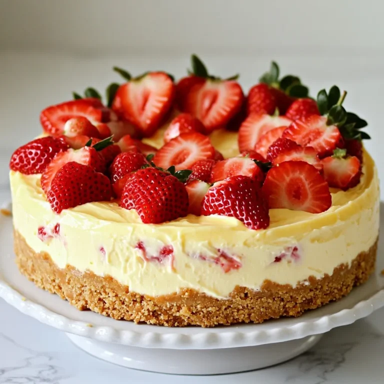 Für einen perfekten No-Bake Erdbeer-Käsekuchen benötigst du einfache, frische Zutaten. Diese Zutaten geben dem Käsekuchen seinen tollen Geschmack und die schöne Textur. Hier sind die genauen Mengen für die Zutaten: - 1 ½ Tassen Graham-Cracker-Brösel - ½ Tasse ungesalzene Butter, geschmolzen - 2 Tassen Frischkäse, weich - 1 Tasse Puderzucker - 1 Teelöffel Vanilleextrakt - 1 Tasse Schlagsahne - 2 Tassen frische Erdbeeren, entstielt und in Scheiben geschnitten - 2 Esslöffel Zitronensaft - Optional: zusätzliche Erdbeeren zur Garnierung Graham-Cracker-Brösel sind die Basis für die Kruste. Sie geben einen knusprigen Biss. Achte darauf, ungesalzene Butter zu verwenden. Sie sorgt für den besten Geschmack. Frischkäse ist wichtig für die cremige Füllung. Stelle sicher, dass er weich ist, damit er sich gut vermischt. Schlagsahne macht deinen Käsekuchen luftig und leicht. Verwende frische Erdbeeren für den besten Geschmack. Zitronensaft bringt die Aromen zusammen und macht alles frisch. {{ingredient_image_2}} Um die Kruste zu machen, mischen Sie die Graham-Cracker-Brösel mit der geschmolzenen Butter. Rühren Sie gut, bis die Mischung wie feuchter Sand aussieht. Drücken Sie die Mischung fest in eine 9-Zoll-Springform. Achten Sie darauf, dass der Boden gleichmäßig ist. Stellen Sie die Form für mindestens 30 Minuten in den Kühlschrank. Dies hilft der Kruste, fest zu werden. Für die Füllung nehmen Sie eine Schüssel und geben den weichen Frischkäse hinein. Nutzen Sie einen elektrischen Mixer, um ihn glatt und cremig zu schlagen. Fügen Sie dann nach und nach den Puderzucker und den Vanilleextrakt hinzu. Rühren Sie weiter, bis die Mischung ganz glatt ist. In einer anderen Schüssel schlagen Sie die Schlagsahne, bis sich steife Spitzen bilden. Heben Sie die Schlagsahne vorsichtig unter die Frischkäsemasse. Achten Sie darauf, die Luft nicht herauszuschlagen. Jetzt können Sie die geschnittenen Erdbeeren und den Zitronensaft unterheben. Gießen Sie die Füllung gleichmäßig in die vorbereitete Kruste. Streichen Sie die Oberfläche glatt. Stellen Sie den Käsekuchen für mindestens 4 Stunden, besser über Nacht, in den Kühlschrank. Dies hilft ihm, fest zu werden. Nach dem Kühlen entfernen Sie vorsichtig die Seiten der Springform. Servieren Sie den Kuchen kalt. Garnieren Sie ihn nach Wunsch mit zusätzlichen Erdbeeren. Um eine perfekte Kruste zu machen, benutze frische Graham-Cracker-Brösel. Diese geben einen tollen Geschmack. Mische die Brösel gut mit der geschmolzenen Butter. Die Konsistenz sollte wie feuchter Sand sein. Drücke die Mischung fest in die Springform. Achte darauf, dass die Kruste gleichmäßig ist. Lass die Kruste mindestens 30 Minuten im Kühlschrank ruhen. So wird sie schön fest. Die Füllung ist das Herzstück deines Käsekuchens. Schlage den Frischkäse mit einem Mixer glatt. Füge dann langsam den Puderzucker und Vanilleextrakt hinzu. Mische alles gut, bis es cremig ist. Schlage die Sahne separat, bis sie steife Spitzen hat. Hebe die Sahne vorsichtig unter die Frischkäsemasse. So bleibt die Füllung leicht und luftig. Füge die geschnittenen Erdbeeren und den Zitronensaft hinzu. Mische alles sanft, um die Luftigkeit zu bewahren. Ein häufiger Fehler ist, die Kruste nicht genug festzudrücken. Das führt zu einer bröseligen Kruste. Auch das Mischen der Füllung kann Probleme machen. Mische zu lange, wird die Füllung schwer. Ein weiterer Fehler ist, die Erdbeeren zu früh hinzuzufügen. Sie sollten erst ganz am Ende in die Füllung. Lass den Käsekuchen genug Zeit, um zu setzen. Mindestens 4 Stunden, besser über Nacht. So wird er perfekt! Pro Tipps Frischkäse richtig vorbereiten: Stellen Sie sicher, dass der Frischkäse Zimmertemperatur hat, bevor Sie ihn schlagen. So wird er cremiger und lässt sich besser mit den anderen Zutaten vermischen. Kruste knusprig halten: Um die Kruste noch knuspriger zu machen, können Sie die Graham-Cracker-Brösel leicht rösten, bevor Sie sie mit der Butter vermischen. Früchte frisch halten: Um die Erdbeeren frisch und saftig zu halten, fügen Sie den Zitronensaft erst kurz vor dem Unterheben zur Mischung hinzu. Vorbereitung im Voraus: Dieser Käsekuchen kann bis zu 2 Tage im Voraus zubereitet werden. Lassen Sie ihn einfach im Kühlschrank stehen, bis Sie bereit sind, ihn zu servieren. {{image_4}} Du kannst die Erdbeeren durch andere Früchte ersetzen. Himbeeren, Blaubeeren oder Pfirsiche passen gut. Diese Früchte bringen neue Farben und Geschmäcker. Du kannst sie in Scheiben schneiden oder pürieren. Dadurch entsteht ein fruchtiger Käsekuchen, der jedem schmeckt. Für eine glutenfreie Kruste nimmst du glutenfreie Kekse. Diese Kekse gibt es in vielen Geschäften. Mische die Brösel mit geschmolzener Butter. Bereite die Füllung wie im Rezept beschrieben zu. So kannst du den Käsekuchen genießen, ohne Gluten zu verwenden. Für einen schokoladigen Käsekuchen füge geschmolzene Schokolade zur Füllung hinzu. Verwende ca. 100 Gramm dunkle Schokolade. Schmelze sie und mische sie gut ein. Für Karamell kannst du Karamellsauce unter die Füllung heben. Das gibt einen süßen, reichen Geschmack. Diese Variationen machen dein Dessert besonders lecker. Nach der Zubereitung bleibt der No-Bake Erdbeer-Käsekuchen frisch, wenn Sie ihn im Kühlschrank lagern. Decken Sie ihn gut mit Frischhaltefolie oder einem Deckel ab. So bleibt er kühl und behält seinen Geschmack. Lagern Sie den Kuchen nicht länger als fünf Tage im Kühlschrank. Achten Sie darauf, dass er gut geschützt ist, um Gerüche von anderen Lebensmitteln zu vermeiden. Sie können den Käsekuchen auch einfrieren. Schneiden Sie ihn in Portionen, bevor Sie ihn einfrieren. Wickeln Sie jede Portion in Frischhaltefolie und legen Sie sie in einen luftdichten Behälter. So bleibt die Frische erhalten. Der gefrorene Käsekuchen hält bis zu drei Monate. Lassen Sie ihn vor dem Servieren über Nacht im Kühlschrank auftauen. Die Haltbarkeit des No-Bake Erdbeer-Käsekuchens beträgt etwa fünf Tage im Kühlschrank. Im Gefrierschrank bleibt er bis zu drei Monate genießbar. Achten Sie darauf, dass Sie ihn gut verpacken, um Frostschäden zu vermeiden. Überprüfen Sie vor dem Essen immer, ob der Kuchen noch frisch riecht und gut aussieht. H2 - Häufige Fragen (FAQs) H3 - Kann ich die Erdbeeren durch anderes Obst ersetzen? Ja, du kannst die Erdbeeren leicht ersetzen. Himbeeren, Blaubeeren oder Pfirsiche passen gut. Achte darauf, dass das Obst frisch und reif ist. Das sorgt für einen tollen Geschmack. Du kannst auch eine Mischung aus Früchten verwenden. Das bringt Farbe und Abwechslung in deinen Käsekuchen. H3 - Wie lange dauert es, bis der Käsekuchen fest ist? Der Käsekuchen braucht mindestens vier Stunden im Kühlschrank. Am besten über Nacht kühlen. So wird er richtig fest und die Aromen verbinden sich gut. Wenn du ihn schneller genießen möchtest, kannst du ihn zwei Stunden kühlen. Er wird aber nicht ganz so fest. H3 - Ist dieser Käsekuchen geeignet für besondere Anlässe? Ja, dieser Käsekuchen ist perfekt für Feste. Er sieht toll aus und schmeckt wunderbar. Du kannst ihn mit zusätzlichen Erdbeeren dekorieren. So wird er noch ansprechender. Viele Gäste werden ihn lieben. Er ist einfach zu machen und braucht keine Backzeit. In diesem Blogbeitrag haben wir die wichtigsten Zutaten für den Käsekuchen besprochen. Du weißt jetzt, wie man die Kruste und die Füllung zubereitet. Tipps helfen dir, die besten Ergebnisse zu erzielen und häufige Fehler zu vermeiden. Variationen bieten dir viele Möglichkeiten, den Käsekuchen zu verändern. Schließlich haben wir die Lagerungshinweise und häufige Fragen behandelt. Mach dich bereit, einen leckeren Käsekuchen zu backen! Viel Spaß beim Ausprobieren!