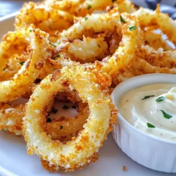 Um die besten Crispy Parmesan Onion Ring Chips zu machen, brauchst du: - 2 große gelbe Zwiebeln - 1 Tasse Weizenmehl - 1 Tasse Buttermilch - 1 Tasse Panko-Brösel - 1 Tasse geriebener Parmesan - Öl zum Frittieren Diese Zutaten sind einfach zu finden. Gelbe Zwiebeln bringen viel Geschmack. Panko-Brösel machen die Chips besonders knusprig. Parmesan gibt den Zwiebelringen einen tollen Käsegeschmack. Die richtige Mischung aus Gewürzen macht alles besser. Du benötigst: - 1 Teelöffel Knoblauchpulver - 1 Teelöffel geräuchertes Paprikapulver - Salz und Pfeffer nach Geschmack Die Gewürze geben den Zwiebelringen eine tolle Note. Knoblauchpulver sorgt für einen würzigen Kick. Geräuchertes Paprikapulver bringt eine feine Rauchigkeit. Diese Mischung macht deine Chips besonders lecker. Wenn du eine milchfreie Variante möchtest, ist das ganz einfach. Statt Buttermilch kannst du Milch mit Zitronensaft nutzen. Mische 1 Tasse Milch mit 1 Esslöffel Zitronensaft. Lass es kurz stehen, bis es dick wird. So bleibt das Rezept lecker und schmackhaft. Du kannst auch pflanzliche Milch wie Mandel- oder Hafermilch verwenden. So kannst du die Zwiebelringe genießen, ohne auf den Geschmack zu verzichten. {{ingredient_image_2}} Zuerst schält ihr die Zwiebeln. Schneidet sie in 1/2 cm dicke Ringe. Trennt die Ringe vorsichtig und stellt sie beiseite. Stellt sicher, dass ihr gleichmäßige Ringe schneidet. So werden sie gleichmäßig knusprig. Es ist Zeit, die Panierungsstationen einzurichten. Nehmt drei flache Schüsseln. In die erste Schüssel gebt ihr das Mehl, Knoblauchpulver, geräuchertes Paprikapulver, Salz und Pfeffer. Mischt alles gut. In die zweite Schüssel kommt die Buttermilch. In die dritte Schüssel kombiniert ihr die Panko-Brösel mit dem geriebenen Parmesan. So habt ihr alles griffbereit. Jetzt panieren wir die Zwiebelringe. Nehmt einen Zwiebelring. Taucht ihn zuerst in die Mehlmischung. Dann geht er in die Buttermilch. Das sorgt dafür, dass die Panade gut klebt. Zum Schluss taucht ihr den Ring in die Panko-Parmesan-Mischung und drückt leicht. Das hilft, die Panade festzuhalten. In einer großen Pfanne erhitzt ihr etwa 5 cm Öl. Die Hitze muss mittel bis hoch sein. Ihr wollt, dass das Öl 175°C erreicht. Um zu testen, ob das Öl heiß genug ist, werft ein kleines Stück Brot hinein. Wenn es zischend und schnell braun wird, ist das Öl bereit. Sicherheit ist wichtig, also passt gut auf. Jetzt ist es Zeit, die Zwiebelringe zu frittieren. Gebt vorsichtig einige Ringe ins heiße Öl. Überfüllt die Pfanne nicht. Frittiert die Ringe für 2-3 Minuten. Sie sollten goldbraun werden. Wendet die Ringe zur Hälfte der Zeit, damit sie gleichmäßig bräunen. Sobald die Zwiebelringe fertig sind, nehmt sie mit einem Schaumlöffel heraus. Lasst sie auf einem Teller mit Küchenpapier abtropfen. Bei Bedarf könnt ihr sie mit zusätzlichem Salz bestreuen. Wiederholt den Vorgang mit den restlichen Ringen. Serviert die Zwiebelringe warm mit eurem Lieblings-Dip. Um perfekte Zwiebelringe zu frittieren, ist die Temperatur des Öls wichtig. Die ideale Temperatur liegt bei 175°C. So werden die Ringe goldbraun und knusprig. Nutze ein großes Gefäß für mehr Platz. So bleibt die Hitze konstant und die Ringe garen gleichmäßig. Ein häufiger Fehler ist das Überfüllen der Pfanne. Das führt dazu, dass die Temperatur sinkt. Frittiere immer nur einige Ringe gleichzeitig. Achte auch darauf, die Ringe gut mit der Panade zu versehen. Eine gleichmäßige Schicht sorgt für den besten Geschmack und die beste Textur. Zu diesen knusprigen Zwiebelringen passen viele Dips. Ich empfehle Ranch-Dressing oder Knoblauch-Aioli. Diese Dips ergänzen den Geschmack perfekt. Ketchup ist immer ein Hit, besonders für Kinder. Probier auch einen scharfen Senf für einen interessanten Twist! Pro Tipps Die richtige Zwiebel wählen: Für die besten Ergebnisse verwendet große gelbe Zwiebeln, da sie süß und saftig sind und beim Frittieren gut knusprig werden. Behalte die Temperatur im Auge: Verwende ein Küchenthermometer, um sicherzustellen, dass das Öl die richtige Temperatur hat. Zu heißes Öl kann die Ringe verbrennen, während zu kaltes Öl sie fettig macht. Die Panade richtig anbringen: Achte darauf, die Zwiebelringe gut in der Panko-Parmesan-Mischung zu drücken, damit die Panade beim Frittieren knusprig bleibt. Variationen ausprobieren: Experimentiere mit verschiedenen Gewürzen oder Käsearten in der Panade, um neue Geschmacksrichtungen zu entdecken, z.B. mit italienischen Kräutern oder einer Mischung aus verschiedenen Käsesorten. {{image_4}} Für einen extra Kick gebe ich gerne mehr Gewürze hinzu. Du kannst etwas Cayennepfeffer oder Chili-Pulver in die Mehlmischung geben. Diese scharfen Zutaten bringen die Zwiebelringe auf eine neue Stufe. Der Parmesan passt perfekt zu diesen würzigen Noten. Experimentiere mit der Menge, bis du die richtige Schärfe gefunden hast. Wenn du eine glutenfreie Option möchtest, ersetze das Weizenmehl durch Mandel- oder Kokosmehl. Diese Mehle verleihen den Zwiebelringen eine besondere Note. Für eine milchfreie Variante kannst du die Buttermilch durch pflanzliche Milch mit Essig ersetzen. Diese Alternativen sind lecker und bleiben knusprig. Für eine gesündere Zubereitung kannst du die Zwiebelringe auch im Ofen backen. Heize den Ofen auf 200°C vor. Lege die panierten Ringe auf ein Backblech und sprühe etwas Öl darauf. Backe sie 20-25 Minuten lang, bis sie goldbraun sind. Diese Methode reduziert das Öl und sorgt dennoch für einen knusprigen Genuss. Wenn du einige Zwiebelringe übrig hast, bewahre sie in einem luftdichten Behälter auf. Stelle sicher, dass sie vollständig abgekühlt sind, bevor du sie verpackst. So bleiben sie frisch und behalten ihren Geschmack. Ich empfehle, die Ringe nicht direkt übereinander zu legen. Das hilft, die Knusprigkeit zu erhalten. Um die Zwiebelringe wieder knusprig zu machen, kannst du sie im Ofen aufwärmen. Heize den Ofen auf 190°C vor. Lege die Ringe auf ein Backblech und backe sie etwa 10 Minuten. Du kannst auch eine Pfanne verwenden. Erhitze etwas Öl und brate die Ringe kurz an. So werden sie außen wieder schön knusprig. Im Kühlschrank halten die Zwiebelringe etwa 2-3 Tage. Wenn du sie länger aufbewahren möchtest, friere sie ein. Lege sie in einen gefrierfesten Beutel. Im Gefrierfach halten sie bis zu 2 Monate. Denke daran, sie vor dem Frittieren aufzutauen, wenn du sie wieder verwenden möchtest. Ja, du kannst andere Käsesorten ausprobieren. Gouda oder Cheddar sind gute Alternativen. Sie geben den Zwiebelringen einen anderen Geschmack. Das macht das Gericht spannend. Du kannst auch einen Mix aus Käsesorten verwenden. So erhältst du eine neue Note. Um die Zwiebelringe knuspriger zu machen, achte auf die Panade. Verwende frische Panko-Brösel. Du kannst die Ringe auch doppelt panieren. Das bedeutet, dass du sie nach dem ersten Panieren nochmals in die Buttermilch und dann in die Brösel tauchst. Frittiere sie in heißem Öl. Die Temperatur sollte 175 °C betragen. Fertige Zwiebelring-Chips findest du in vielen Supermärkten. Schau in der Snack-Abteilung. Online gibt es auch viele Anbieter. Achte auf die Zutatenliste, wenn du eine gesunde Wahl treffen möchtest. Die Zwiebelringe bleiben frisch für etwa 2 Tage. Bewahre sie in einem luftdichten Behälter auf. So bleiben sie länger knusprig. Du kannst sie auch im Kühlschrank lagern. Erwärme sie im Ofen für ein paar Minuten, um die Knusprigkeit wiederherzustellen. Du hast nun alles Wichtige über Zwiebelringe gelernt. Wir haben die Hauptzutaten, die Zubereitung und nützliche Tipps betrachtet. Jetzt kannst du deine eigenen Zwiebelringe zubereiten. Denk daran, die besten Dip-Saucen zu wählen, um den Geschmack zu verbessern. Zwiebelringe sind vielseitig und können viele Varianten haben. Lagere die Reste richtig, um die Knusprigkeit zu behalten. Experimentiere mit verschiedenen Käsesorten und Frittiertechniken. Viel Spaß beim Kochen und Genießen deiner Zwiebelringe!